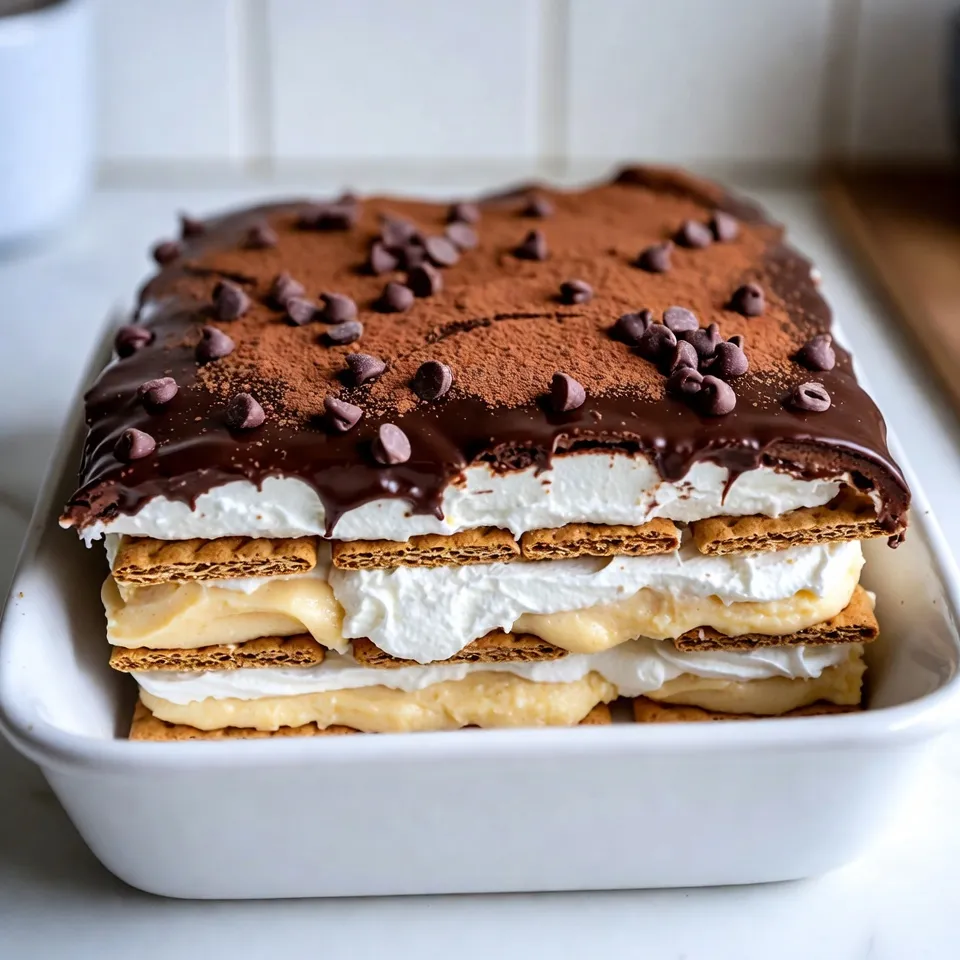 To make this tasty No-Bake Chocolate Éclair Cake, gather these items: - 2 (3.4 oz) packages instant vanilla pudding mix - 4 cups cold milk - 1 (8 oz) container whipped topping, thawed - 1 package (14 oz) graham crackers - 1 cup semi-sweet chocolate chips - 2 tablespoons unsweetened cocoa powder - 2 tablespoons butter - 1 tablespoon milk (for chocolate glaze) - 1 teaspoon vanilla extract (for chocolate glaze) If you need to swap some ingredients, here are my tips: - Use almond milk or soy milk instead of regular milk for a dairy-free option. - If you can’t find whipped topping, make your own by whipping heavy cream with sugar. - You can replace chocolate chips with white chocolate or dark chocolate for different flavors. For the best taste and texture, I recommend these brands: - Pudding Mix: Jell-O is a classic choice that works great. - Whipped Topping: Cool Whip is popular and easy to find. - Chocolate Chips: Ghirardelli semi-sweet chocolate chips give a rich flavor. These ingredients create a rich and creamy cake. Each layer brings joy and flavor. Enjoy making your dessert! {{ingredient_image_1}} Start by getting a large bowl. Add two packages of instant vanilla pudding mix. Pour in four cups of cold milk. Whisk them together until smooth. This takes about two minutes. You want it thick and creamy. Next, fold in one container of whipped topping. Mix gently until it is fully combined. This creates a lovely custard filling. Grab a 9x13 inch baking dish. Place a single layer of graham crackers at the bottom. Make sure to cover the entire base. Then, spread half of the pudding mixture over the crackers. Use a spatula to smooth it out evenly. Now, repeat this process. Add another layer of graham crackers, followed by the rest of the pudding. Finish with a final layer of graham crackers on top. Set the dish aside as you prepare the chocolate glaze. Take a small saucepan and add one cup of semi-sweet chocolate chips. Then, add two tablespoons of unsweetened cocoa powder and two tablespoons of butter. Pour in one tablespoon of milk as well. Heat this mixture over medium-low heat. Stir it until everything melts and becomes smooth. Once it is melted, remove it from the heat. Stir in one teaspoon of vanilla extract. Let the glaze cool for a few minutes. Pour it over the top layer of graham crackers. Cover the dish with plastic wrap. Refrigerate it for at least four hours, or overnight, for the best results. To get the perfect texture, use cold milk when making your pudding. This helps it thicken nicely. Whisk for about two minutes until it is smooth. Then, fold in the whipped topping gently. This creates a light and creamy filling. Layer your graham crackers carefully and allow the cake to chill. Chilling for at least four hours helps the cake set well. One common mistake is not letting the cake chill long enough. If you skip this step, the layers may not hold together. Another error is rushing the mixing of the pudding. Make sure to whisk until smooth. Avoid using warm milk or over-mixing the whipped topping. This can make your filling too runny. You can add more flavor to your cake if you like. Try mixing in a teaspoon of almond extract with the pudding. It gives a nice twist. You can also use flavored whipped toppings, like chocolate or caramel, for extra taste. For a fun crunch, add crushed nuts or toffee bits between the layers. This makes each bite even more enjoyable! Pro Tips Chill Time Matters: Allowing the cake to chill overnight will enhance the flavors and create a firmer texture, making it easier to slice. Graham Cracker Variations: Experiment with flavored graham crackers, such as chocolate or honey, for a unique twist on the classic recipe. Glaze Consistency: If the chocolate glaze is too thick, add a little more milk to reach your desired pourable consistency. Elegant Presentation: For an attractive finish, sprinkle some cocoa powder or chocolate shavings on top of the glaze before serving. {{image_2}} You can switch up the flavor of your No-Bake Chocolate Éclair Cake easily. Try using butterscotch pudding instead of vanilla for a fun twist. You can also use chocolate pudding for a double chocolate treat. For a fruity touch, add strawberry pudding or lemon pudding. Each flavor will change the taste and make it even more fun! If you want a lighter version, use light whipped topping and low-fat milk. You can also choose sugar-free pudding mix to cut calories. This way, you can enjoy the cake without the guilt. Remember to adjust the chocolate glaze with lighter options too, like using dark chocolate chips. When it's time to serve, cut the cake into squares. You can garnish with extra whipped topping or chocolate shavings. For a fancy touch, add fresh berries on top. This makes the dessert look nice and taste even better! You can also serve it with a scoop of ice cream for a delightful combo. To keep your No-Bake Chocolate Éclair Cake fresh, cover it well. Use plastic wrap or foil. It helps keep moisture in and prevents it from picking up smells from the fridge. Make sure not to cut into the cake until you're ready to serve. This keeps the layers intact and the cake looking nice. This cake can stay fresh in the fridge for about 3 to 4 days. The longer it sits, the softer the graham crackers become. If you like a cake with a creamy texture, enjoy it within the first two days. You’ll still get great flavor up to the fourth day. You can freeze this cake if you want to save some for later. First, cut it into squares. Wrap each piece in plastic wrap and then in foil. This keeps it safe from freezer burn. You can freeze it for up to 3 months. When you’re ready to eat it, thaw it overnight in the fridge. Enjoy your treat! Yes, you can use homemade pudding. Just make sure it is thick. Instant pudding helps save time. If you use homemade pudding, let it cool before mixing with whipped topping. This makes a rich filling. You know the cake is ready when it has set well. After chilling for at least 4 hours, the layers should hold together. A good test is to see if it slices cleanly. If it does, it is ready to enjoy! If your chocolate glaze hardens, warm it gently. Place the glaze in a small bowl over hot water. Stir until it softens. You can also add a bit of milk to thin it out. This will help make it smooth again. This blog post covered all you need to make a great pudding dessert. We explored the ingredient list, how to layer it, and tips for better taste and texture. Knowing how to store your dessert is key for enjoying it later, too. Remember, you can always swap ingredients or add new flavors for fun twists. With these steps, you'll impress everyone with your cooking. Enjoy your tasty creations and share them with loved ones!