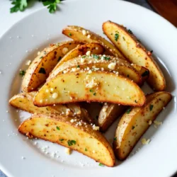 To make garlic Parmesan potato wedges, you need a few simple items. Here’s what you’ll need: - 4 large russet potatoes, scrubbed clean - 4 tablespoons olive oil - 4 cloves garlic, minced - 1 teaspoon dried oregano - 1 teaspoon paprika - 1 teaspoon salt - ½ teaspoon black pepper - ½ cup grated Parmesan cheese - Fresh parsley, chopped (for garnish) Each ingredient plays a key role in creating the perfect crispy and flavorful snack. Russet potatoes provide a fluffy inside, while the olive oil helps to achieve a crisp outside. Garlic adds a strong flavor, and the Parmesan cheese gives a rich, savory touch. The dried oregano and paprika add depth and warmth to each bite. Salt and black pepper enhance all the flavors, making each wedge irresistible. Lastly, fresh parsley not only looks great but also adds a burst of color and freshness. Gather these ingredients, and you’re ready to create a snack that everyone will love! {{ingredient_image_1}} - Preheat oven to 425°F (220°C). - Cut potatoes into wedges. Start by halving each potato. Then cut each half into fourths or sixths. - Prepare the seasoning mixture in a bowl. - Combine 4 tablespoons olive oil with minced garlic, oregano, paprika, salt, and pepper in the bowl. - Toss the potato wedges in the mixture until they are fully coated. - Arrange the coated potato wedges in a single layer on a baking sheet. - Roast the wedges in the oven for 25 minutes. Flip them halfway to cook evenly. - After 25 minutes, take out the baking sheet. Sprinkle ½ cup grated Parmesan cheese over the wedges. - Put the baking sheet back into the oven. Bake for an extra 10 minutes until the cheese melts and the wedges are golden. To make crispy potato wedges, start by cutting your potatoes right. Cut each potato in half lengthwise, then slice each half into even wedges. Aim for 1-inch pieces. This size helps them cook evenly. Spread the wedges on your baking sheet. Don’t crowd them! Give them space to breathe. This step helps them get that nice crispiness we all love. Want to add more flavor? You can mix in spices like chili powder or garlic powder. This gives your wedges a nice kick! Fresh herbs like rosemary or thyme can also elevate your dish. If you use dried herbs, remember to use less. Dried herbs are stronger than fresh ones. These wedges shine as a snack or a side dish. Pair them with dips like ranch or garlic aioli for a tasty treat. You can also serve them alongside grilled chicken or burgers. They make a great addition to any meal! Pro Tips Choose the Right Potatoes: Russet potatoes are ideal for wedges due to their starchy texture, which makes them crispy on the outside and fluffy on the inside. Don’t Skip the Soaking: For extra crispy wedges, soak the cut potatoes in cold water for at least 30 minutes to remove excess starch. Uniform Size is Key: Cut the potato wedges into uniform sizes to ensure they cook evenly and get that perfect crispiness all around. Experiment with Seasonings: Feel free to customize the seasoning mix by adding your favorite spices or herbs, like Italian seasoning or chili powder, for a unique twist. {{image_2}} You can change the cheese for a new taste. Cheddar adds a sharp flavor. Mozzarella gives a nice stretch and creaminess. Both are tasty options. If you want a dairy-free choice, try vegan cheese. Many brands now make great vegan cheeses. They melt well and add flavor too. Want to spice things up? Add chili powder for a kick. A little heat makes the wedges exciting. You can also mix in herbs like rosemary or thyme. These herbs give a fresh, earthy taste. Feel free to get creative with your spice mix. Your taste buds will love the surprise! Using an air fryer is a great option. It cooks the wedges faster and makes them very crispy. You need to cut the cooking time by a few minutes. The air fryer uses hot air, not oil. This means less grease but still great crunch. It’s a win-win for crispy, tasty wedges! After you make these tasty potato wedges, let them cool first. Then, place them in an airtight container. This keeps them fresh. Store them in the fridge for up to three days. The longer they sit, the softer they may become. To reheat your potato wedges, use the oven for best results. Preheat it to 375°F (190°C). Place the wedges on a baking sheet in a single layer. Heat them for about 10-15 minutes. This helps keep them crispy. Avoid microwaving, as it can make them soggy. If you want to freeze the wedges, do it right after cooking. Let them cool fully first. Spread them out on a baking sheet and freeze them until firm. Then transfer them to a freezer bag. They can last up to three months in the freezer. When you are ready to eat, thaw them overnight in the fridge. Reheat them in the oven to restore their crispiness. Bake garlic parmesan potato wedges for about 35 minutes. First, roast them for 25 minutes. Flip them halfway through for even cooking. Then, add cheese and bake for an extra 10 minutes. This gives the wedges a nice crisp and golden color. Yes, you can use other potatoes. Sweet potatoes add a sweet twist. Yukon gold or red potatoes work well too. Just keep in mind that cooking time may vary a bit. Try different types for fun flavors! These wedges pair well with many dishes. Consider serving them with burgers or grilled chicken. They also go great with dips like ranch or garlic aioli. A fresh salad can balance the heaviness too. To make this recipe healthier, use less oil. You can reduce it to 2 tablespoons. Try baking instead of frying for fewer calories. Adding more herbs and spices can boost flavor without extra fat. You might also skip the cheese or use a lighter cheese option. We covered a simple and tasty recipe for garlic Parmesan potato wedges. You learned about the ingredients and how to prepare them step by step. We also provided tips for crispiness, flavor boosts, and variations to try. Remember, these wedges are great for any meal. Store leftovers well and reheat them properly to keep them crispy. Enjoy making this delicious dish!