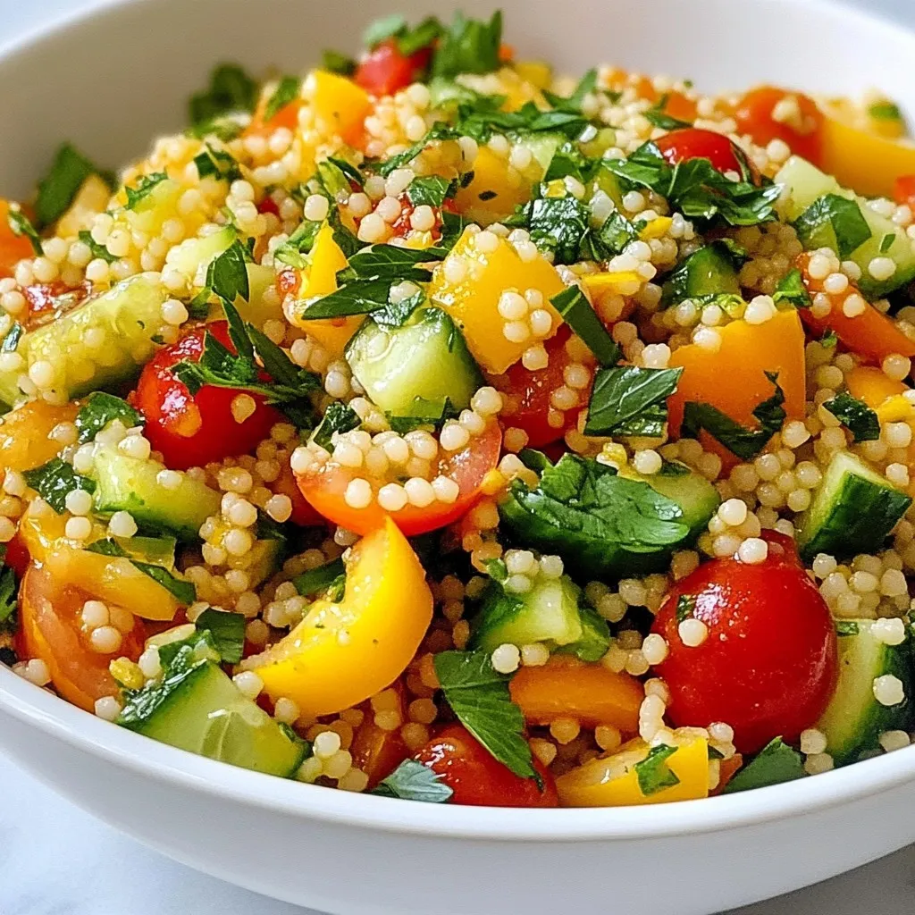 To make a delicious Lemon Herb Couscous Salad, gather the following ingredients: - 1 cup couscous - 1 1/4 cups vegetable broth - 1/2 cup cherry tomatoes, halved - 1/2 cucumber, diced - 1/4 red onion, finely chopped - 1/2 bell pepper (any color), diced - 1/4 cup fresh parsley, chopped - 1/4 cup fresh mint, chopped - Zest of 1 lemon - Juice of 1 lemon - 3 tablespoons olive oil - Salt and pepper to taste Couscous acts as the base of this salad. It’s light and fluffy, perfect for soaking up flavors. Vegetable broth adds depth and a savory touch. Fresh vegetables like cherry tomatoes, cucumber, and bell pepper bring crunch and color. Red onion adds a little zing, while parsley and mint offer freshness. Lemon zest and juice brighten the dish. Olive oil ties all the flavors together, while salt and pepper enhance every bite. This mix creates a vibrant and tasty salad that shines on its own or as a side. Enjoy gathering these ingredients and feel the excitement building for your fresh, flavorful dish! {{ingredient_image_1}} 1. Boiling the vegetable broth: Start by pouring 1 and 1/4 cups of vegetable broth into a medium saucepan. Heat it on the stove until it boils. This broth adds great flavor to the couscous. 2. Adding and letting couscous absorb liquid: Once the broth boils, take it off the heat. Quickly add 1 cup of couscous and stir it well. Cover the pot with a lid and let it sit for 5 minutes. This step allows the couscous to soak up the liquid, making it fluffy. 3. Fluffing and cooling the couscous: After 5 minutes, use a fork to fluff the couscous gently. This helps to separate the grains. Spread it out on a plate to cool to room temperature. 1. Mixing vegetables and herbs: In a large mixing bowl, add the cooled couscous. Toss in 1/2 cup of halved cherry tomatoes, 1/2 diced cucumber, 1/4 finely chopped red onion, and 1/2 diced bell pepper. Don’t forget to add 1/4 cup of chopped fresh parsley and 1/4 cup of chopped fresh mint. These ingredients bring freshness to the salad. 2. Preparing the lemon dressing: In a small bowl, whisk together the zest of 1 lemon, the juice of 1 lemon, and 3 tablespoons of olive oil. Season with salt and pepper to taste. This dressing adds zing and ties all the flavors together. 1. Combining salad and dressing: Pour the lemon dressing over the couscous mixture. Toss everything gently until all ingredients are coated in the dressing. Make sure it’s mixed well so every bite bursts with flavor. 2. Recommended marinating time for enhanced flavor: Let the salad sit for at least 15 minutes. This waiting time helps the flavors meld together, making each bite more delicious. Enjoy your fresh and flavorful lemon herb couscous salad! Choosing fresh ingredients Fresh ingredients make this salad pop. Look for ripe cherry tomatoes, firm cucumbers, and vibrant bell peppers. The herbs, parsley and mint, should smell strong and bright. Fresh lemon zest gives a zesty kick to the dish. Always choose organic if you can. It makes a big difference in taste. Perfecting the lemon dressing The lemon dressing is key. Use the zest and juice from a fresh lemon. This gives a bright flavor. Mix the zest and juice with olive oil, salt, and pepper. Whisk until it combines well. Taste the dressing. Adjust salt and pepper to your liking. Let this dressing sit for a few minutes before using it. This allows the flavors to deepen. Pairing options with the couscous salad This salad pairs well with grilled chicken or fish. You can also serve it with pita bread and hummus. For a vegetarian twist, add chickpeas for extra protein. Each option complements the freshness of the salad. Presentation tips for a colorful dish Make your dish eye-catching. Use a large, shallow bowl to showcase the colors. Layer the salad and dressing, then gently toss before serving. Garnish with extra herbs or lemon slices for a fresh look. This adds a pop of color and makes it inviting. Pro Tips Use Fresh Herbs: Fresh parsley and mint will elevate the flavor of your salad. If possible, use herbs straight from the garden for the best taste. Chill Before Serving: For an even more refreshing salad, chill the couscous salad in the refrigerator for 30 minutes before serving. Adjust Lemon to Taste: Depending on your preference, you can add more lemon juice or zest for a tangier flavor. Always taste before serving! Experiment with Add-Ins: Feel free to add in other ingredients such as feta cheese, olives, or nuts for added texture and flavor. {{image_2}} You can easily boost this salad by adding protein. Chicken is a great choice. Grilled or roasted chicken adds flavor and makes the meal more filling. Simply chop the chicken into bite-sized pieces and mix it with the salad. If you prefer a plant-based option, try chickpeas. They are rich in protein and fiber. Just rinse and drain a can of chickpeas. Then, fold them into the salad for a hearty twist. To change the flavor, try different dressings or spices. A honey mustard dressing can add a nice sweetness. Or, mix in some garlic powder for an extra kick. Don't be afraid to experiment with your favorite flavors! You can also swap out seasonal vegetables. In spring, add fresh peas or asparagus. In the fall, diced butternut squash works well. Use what you find fresh at your local market for the best taste. To keep your lemon herb couscous salad fresh, store it in an airtight container. Place it in the fridge right after serving. This will lock in the flavors and keep it safe from bacteria. Make sure the salad cools to room temperature before sealing. This helps prevent condensation that can make the salad soggy. This salad stays fresh for about 3 to 5 days in the fridge. If you notice any change in smell or color, it’s best to toss it out. Always check for signs of spoilage before eating leftovers. I don’t recommend freezing this salad. The fresh veggies and herbs lose texture and flavor when frozen. If you must freeze it, leave out the fresh herbs. You can add them back after thawing. To freeze, place it in a freezer-safe container. When ready, let it thaw in the fridge overnight. Couscous is a tiny pasta made from durum wheat. It comes in several types: - Regular couscous: The most common type; fluffy and light. - Whole wheat couscous: A healthier option with more fiber. - Israeli couscous: Larger and chewier, also called pearl couscous. Couscous cooks quickly and absorbs flavors well. It is a great base for salads, like my lemon herb couscous salad. Yes, you can prep this salad ahead! I suggest making it a few hours before serving. This allows the flavors to mix well. Store it in the fridge in an airtight container. Just remember to add a splash of olive oil before serving to freshen it up. This salad stays tasty for about 2 to 3 days in the fridge. Traditional couscous contains gluten, so it's not gluten-free. However, you can use gluten-free couscous made from rice or corn. This way, you can enjoy a similar taste and texture without gluten. Always check labels to ensure your ingredients are gluten-free. Enjoy your salad with peace of mind! This blog post covered a tasty couscous salad, filled with fresh vegetables and herbs. I shared steps to prepare it and tips to boost flavor. You can easily mix in proteins or try new dressings. Remember to store it right to enjoy later. This salad is perfect for any meal or occasion. I hope you feel excited to make this bright and healthy dish. Enjoy the fresh tastes and create your own variations!