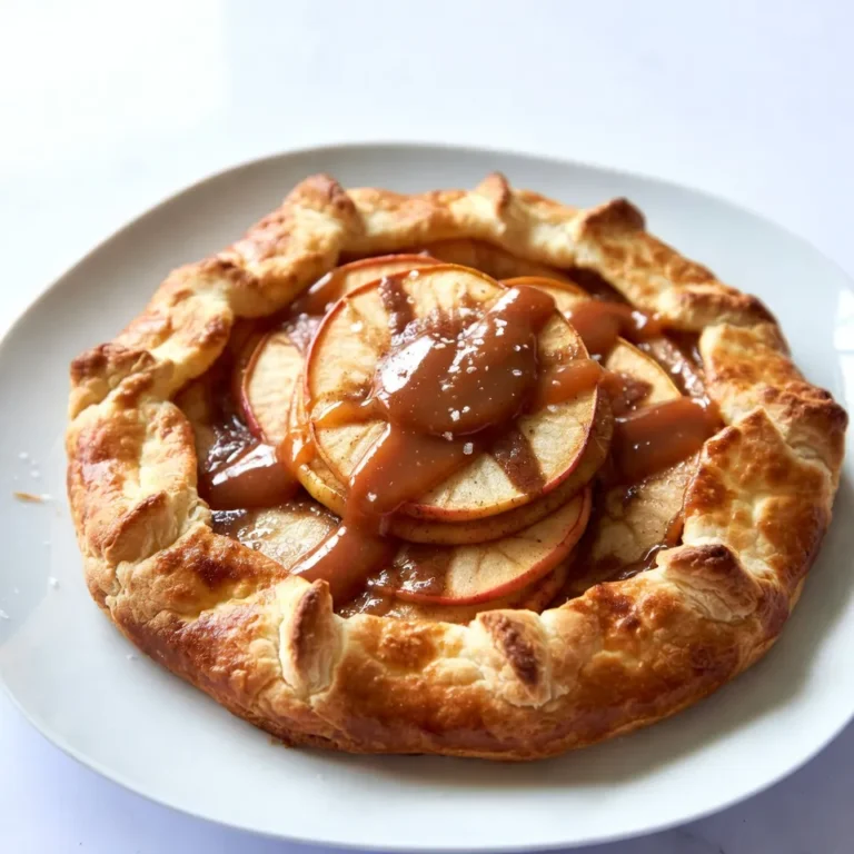 - 1 ½ cups all-purpose flour - ½ cup unsalted butter, chilled and cubed - 3 medium apples (Granny Smith or Honeycrisp), peeled and sliced - ½ cup brown sugar - ¼ cup salted caramel sauce The main ingredients create a beautiful blend of flavors. The all-purpose flour forms the base for the crust. Chilled unsalted butter makes the crust flaky. I love using Granny Smith apples for their tartness, which balances the sweetness of the caramel. Brown sugar adds depth to the apple filling, while salted caramel sauce adds a rich sweetness that ties everything together. - Sea salt for garnish - Vanilla ice cream For the finishing touch, a sprinkle of sea salt enhances the sweet and salty contrast. I also enjoy serving the galette with a scoop of vanilla ice cream. The warm galette and cold ice cream create a delightful mix of textures and temperatures that your taste buds will love. {{ingredient_image_1}} - Mixing dry ingredients: In a large bowl, whisk together 1 ½ cups of flour, ½ teaspoon of salt, and ¼ teaspoon of sugar. This mix will form the base of your crust. - Incorporating butter into the flour: Add ½ cup of chilled, cubed unsalted butter to the dry mix. Use a pastry cutter or your fingers to blend the butter into the flour. Keep mixing until it looks like coarse crumbs. This step is key for a flaky crust. - Choosing and slicing apples: Use 3 medium apples, like Granny Smith or Honeycrisp. Peel and slice them thinly. Thin slices cook evenly and soak up flavor well. - Adding sugar, cinnamon, and lemon juice: In a bowl, toss the sliced apples with ½ cup of brown sugar, 1 teaspoon of cinnamon, and 2 tablespoons of lemon juice. The lemon juice brightens the flavor and keeps apples from browning. Let this sit for about 10 minutes. - Rolling out the dough: After chilling, roll the dough out on a floured surface. Aim for a circle about 12 inches wide. This shape gives your galette a rustic look. - Layering the filling and folding the edges: Spread ¼ cup of salted caramel sauce in the center of the dough. Pile the apple mixture on top of the caramel. Fold the edges of the dough over the apples, leaving the center open. Pleat the edges for a nice finish. - Applying the egg wash and baking: Brush the crust edges with 1 beaten egg. This helps the crust turn golden brown. Bake in a preheated oven at 400°F (200°C) for 35-40 minutes. The apples should be tender and the crust golden. Enjoy the warm, sweet, and salty flavors of your salted caramel apple galette! For a great galette, choose the right apples. Granny Smith apples are tart and firm. Honeycrisp apples are sweet and juicy. Mixing both gives a nice flavor balance. When picking apples, look for smooth skin and no bruises. The apples should feel firm and heavy for their size. A good apple also smells fresh. A flaky crust is key to a great galette. Start with cold butter. Cut the butter into the flour until it looks like small peas. This keeps the butter from melting too soon. Avoid overworking the dough. If you mix it too much, the crust can turn tough. Add ice water slowly. Stop mixing when the dough holds together. Serve the galette warm for the best taste. Pair it with a scoop of vanilla ice cream. The cold cream contrasts nicely with the warm apples. You can also drizzle extra salted caramel on top. It adds a sweet touch. For drinks, try hot cider or a light white wine. These drinks complement the flavors in the galette. Pro Tips Chill the Dough: Ensure your butter and water are very cold to achieve a flaky crust. You can even chill the flour for added effect. Apple Variety: Using a mix of tart and sweet apples enhances the flavor profile. Consider adding a few slices of a sweeter apple like Fuji for balance. Prevent Sogginess: To avoid a soggy bottom, sprinkle a bit of flour or cornstarch on the caramel before adding the apples. Garnish with Flair: For an elegant presentation, serve with whipped cream or a scoop of vanilla ice cream and a sprinkle of sea salt on top. {{image_2}} You can easily change the taste of your galette. Adding nuts or raisins to the filling gives a nice crunch. I love to mix in chopped walnuts or pecans. They add great flavor and texture. You might also try raisins for a sweet touch. Spices can change the game too. Incorporating nutmeg or ginger warms up the flavor. Just a pinch of each can make a big difference. Nutmeg adds depth, while ginger brings a bit of spice. Both pair well with apples and caramel. If you’re short on time, consider using a store-bought crust. It can save you time and still taste good. Look for a flaky pie crust in the frozen section. Just follow the package directions for baking. For those who need a gluten-free option, there are many recipes online. Using almond flour or a gluten-free blend can work well. Just make sure to follow the instructions closely for best results. This galette is not just for apples! You can switch it up with seasonal fruits. Try pears for a sweet and juicy twist. Peaches are another fantastic option during summer months. They add a lovely flavor and pair well with caramel. Always adjust the sugar based on the fruit’s sweetness for balance. To keep your salted caramel apple galette fresh, cover it well. Use plastic wrap or foil to seal it. Place it in the fridge. The galette stays fresh for about 3 days. After that, the crust may lose its crunch. You can enjoy it cold or warm it up in the oven. You can freeze the galette for later enjoyment. If you want to freeze it, do so before baking. Wrap the uncooked galette tightly in plastic wrap and then in foil. It will stay good for about 2 months. When you're ready to bake, take it out and let it thaw in the fridge overnight. To bake, just add about 10 extra minutes to the cooking time. If you have baked leftovers, you can freeze them too! Wrap them the same way. To reheat, place it in a 350°F oven until warmed through. Enjoy your tasty treat anytime! Yes, you can make the galette ahead. You can prepare the dough and the apple filling a day or two in advance. Store the dough in the fridge, wrapped tightly in plastic. Keep the apple mixture in a bowl, covered, in the fridge. This saves time when you’re ready to bake. Just assemble and bake the galette when you’re ready to serve. If you don't have salted caramel sauce, don’t worry! You can make your own. Just cook sugar in a pan until it melts and turns golden. Then add heavy cream and a pinch of salt. Stir until smooth. You can also use regular caramel sauce. Add a pinch of sea salt to it for a similar taste. To keep the apples firm, slice them thin but not too thin. Mixing them with lemon juice helps to keep them crisp. Let the apple mixture sit for about 10 minutes to release juices. Drain any extra liquid before filling the galette. This keeps the crust from getting soggy and maintains a nice texture during baking. You can make a delicious salted caramel apple galette using simple ingredients and easy steps. Start with a flaky crust and fresh apples, then top it with rich caramel. Don't forget to try the optional toppings like sea salt or ice cream for extra flavor. I hope these tips inspire you to get baking. This recipe is perfect for sharing or enjoying on your own. With a bit of practice, you’ll master the galette and impress family and friends. Enjoy this tasty treat!