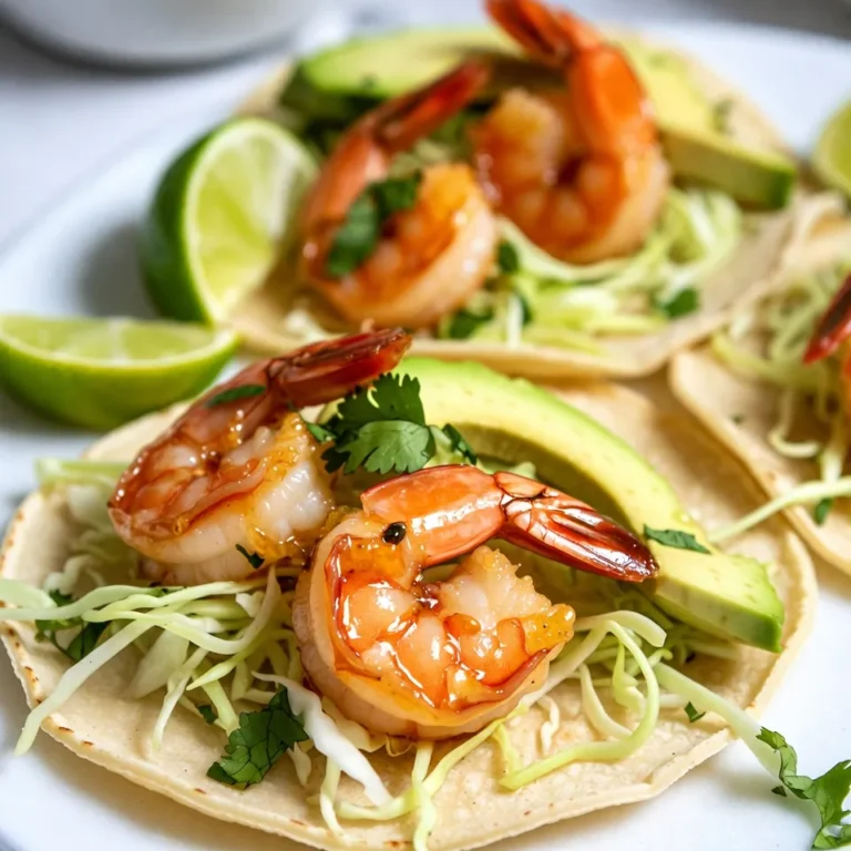 To make Honey Lime Shrimp Tacos, you need fresh and simple ingredients. Each one adds a unique taste. Here’s what you will need: - 1 lb large shrimp, peeled and deveined - 2 tablespoons honey - 2 tablespoons fresh lime juice - 1 teaspoon lime zest - 1 teaspoon chili powder - 1 garlic clove, minced - 1 tablespoon olive oil - Salt and pepper to taste - 8 small corn tortillas - 1 cup shredded cabbage - 1 avocado, sliced - Fresh cilantro, for garnish - Extra lime wedges, for serving These ingredients blend well to create a sweet and zesty flavor. The shrimp brings protein, while the honey and lime juice add sweetness and acidity. The cabbage gives a nice crunch, and the avocado adds creaminess. You will love how all these flavors come together in each bite. {{ingredient_image_1}} Start by making the marinade. In a medium bowl, mix together the honey, fresh lime juice, lime zest, chili powder, minced garlic, olive oil, salt, and pepper. Whisk until smooth. Next, add the shrimp to the bowl and toss them well. Make sure each shrimp gets covered in the marinade. Let the shrimp sit for 15 to 20 minutes. This helps the shrimp soak up all the tasty flavors. While the shrimp marinates, heat a skillet over medium-high heat. Once the pan is hot, add the shrimp directly from the marinade. Discard any leftover marinade. Cook the shrimp for about 2 to 3 minutes on each side. You want them to turn pink and opaque. This means they are cooked through. Once done, remove them from the heat and set aside. Now it’s time to put the tacos together. Warm the corn tortillas in a separate pan for about 30 seconds on each side. This makes them soft and easy to fold. Take a tortilla and place a layer of shredded cabbage on it. Then, add a few pieces of cooked shrimp. Top it off with some avocado slices and fresh cilantro. Serve your tacos right away with extra lime wedges on the side for a fresh squeeze. Enjoy! To make the best marinade, use fresh ingredients. The honey adds sweetness, while lime juice gives it a nice tang. Combine 2 tablespoons of honey and 2 tablespoons of lime juice in a bowl. Add 1 teaspoon of lime zest for extra flavor. Mix in 1 teaspoon of chili powder and 1 minced garlic clove. Finally, drizzle in 1 tablespoon of olive oil. This blend will make the shrimp taste amazing. Let the shrimp marinate for 15 to 20 minutes. This time helps the shrimp soak in all the flavors. When it’s time to cook, heat a skillet over medium-high heat. Make sure it’s hot before adding the shrimp. Discard the marinade to avoid excess liquid. Cook the shrimp for 2 to 3 minutes on each side. They should change color to pink and opaque when done. This quick cooking keeps them tender and juicy. Overcooking can make them tough, so keep an eye on them. For serving, warm the corn tortillas in a separate pan for about 30 seconds on each side. This makes them soft and easy to fold. Start by adding a layer of shredded cabbage on each tortilla. Then, top with a few shrimp and slices of avocado. Finish with fresh cilantro for a burst of flavor. Serve with extra lime wedges on the side. Squeezing lime over the tacos adds a fresh touch. Enjoy these tacos right away for the best taste! Pro Tips Marinate Longer for More Flavor: While 15-20 minutes is sufficient, allowing the shrimp to marinate for up to an hour can intensify the honey and lime flavors. Use Fresh Ingredients: Fresh lime juice and zest will provide a brighter flavor compared to bottled lime juice, enhancing the overall taste of your tacos. Customize Your Toppings: Feel free to add other toppings like diced tomatoes, jalapeños, or a drizzle of sour cream for extra flavor and texture. Keep the Shrimp Juicy: Avoid overcooking the shrimp; they should only take 2-3 minutes per side. Remove them from heat as soon as they turn pink and opaque. {{image_2}} You can swap shrimp for other proteins. Chicken works well in this recipe. Use bite-sized pieces of chicken breast. Cook it the same way as shrimp. Fish is another great option. White fish like tilapia or cod has a mild taste that pairs well with the honey lime flavor. For a plant-based choice, try using marinated tofu or tempeh. These options will soak up the marinade nicely. Feel free to tweak the flavors in your tacos. Want more heat? Add diced jalapeños to the marinade. You can also sprinkle red pepper flakes during cooking. If you prefer a sweet touch, try adding more honey. For a tangy twist, include more lime juice. Fresh herbs like mint or basil can add a unique taste. Experimenting with spices is a fun way to find your favorite mix. To make the dish gluten-free, ensure you use corn tortillas. They are naturally gluten-free and perfect for this recipe. For a vegan version, replace shrimp with chickpeas. Use the same marinade to flavor the chickpeas. They will add protein and texture to your tacos. Also, swap honey for agave syrup or maple syrup to keep it vegan. These options make your tacos tasty for everyone! I love these tacos fresh, but storing them can keep the flavors alive. If you have extras, place the shrimp and toppings in separate containers. This keeps the tortillas from getting soggy. Store the shrimp in an airtight container in the fridge for up to two days. Keep the tortillas in a bag to maintain their texture. When you're ready to enjoy leftovers, reheat the shrimp in a pan over medium heat. This way, they warm up quickly without losing their taste. Heat for about 2-3 minutes, just until they're hot. If you want to enjoy the tortillas, warm them in a dry skillet for about 30 seconds on each side. This helps them regain their softness. Always use fresh shrimp for the best flavor. If you can, buy shrimp that is wild-caught. Store any unused shrimp in the coldest part of your fridge. For the toppings, keep your cabbage and avocado fresh by storing them in sealed bags. If you notice any browning on the avocado, just squeeze a bit of lime juice on it to keep it green. You can add heat by including diced jalapeños. You can also mix in more chili powder. If you like it really spicy, try cayenne pepper. Just sprinkle a little in the marinade. You can also serve the tacos with a hot sauce on the side. This way, each person can add their own spice level. Yes, you can use frozen shrimp. Just make sure to thaw it first. Place the shrimp in cold water for about 15-20 minutes. Once thawed, drain and pat them dry. This helps the marinade stick better. You’ll still get great flavor in the tacos. Shrimp tacos go well with many sides. Here are some great options: - Mexican rice: Fluffy rice adds a nice touch. - Black beans: They are filling and add protein. - Corn salad: Sweet corn salad pairs well with shrimp. - Guacamole and chips: A crunchy snack that everyone loves. - Mango salsa: The sweetness adds a lovely contrast to the shrimp. These sides make a great meal together. This blog post showed you how to make tasty Honey Lime Shrimp Tacos. You learned about the fresh ingredients needed, like shrimp, lime, and chili powder. We covered how to marinate and cook shrimp perfectly and assemble your tacos. I also provided helpful tips and variations for different diets. Remember, making these tacos is fun and easy. Enjoy each bite and share with friends!