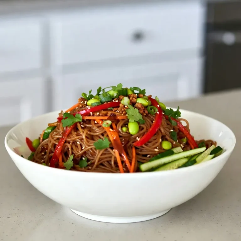 To make this Sesame Ginger Noodle Salad, gather these main ingredients: - 8 oz rice noodles - 1 cup shredded carrots - 1 cup red bell pepper, thinly sliced - 1 cucumber, julienned - 1 cup edamame, shelled - 3 green onions, sliced - 1/4 cup fresh cilantro, chopped - 1/4 cup sesame seeds, toasted These fresh ingredients create a vibrant mix of colors and flavors. Each bite brings a crunch and a burst of taste. For the dressing, you will need: - 1/4 cup soy sauce (or tamari for gluten-free) - 2 tablespoons sesame oil - 2 tablespoons fresh ginger, grated - 2 tablespoons honey (or agave syrup) - 1 tablespoon rice vinegar - Pinch of red pepper flakes (optional) This dressing adds a savory and sweet taste that ties the salad together. The ginger gives it a nice kick! Using fresh ingredients is key to a great salad. Look for bright, colorful vegetables. Choose firm cucumbers and vibrant bell peppers. Fresh ginger enhances the flavor, while toasted sesame seeds add crunch. Always check for quality to ensure a tasty dish. {{ingredient_image_1}} To start, cook the rice noodles as the package says. Bring water to a boil in a pot. Add the noodles and stir. Cook for about 4-6 minutes or until soft. Drain the noodles in a colander. Rinse them under cold water to stop cooking. This keeps them from getting mushy. Place the cooled noodles in a large bowl for mixing. Next, grab a small bowl for the dressing. Add 1/4 cup of soy sauce. If you need gluten-free, use tamari instead. Then, add 2 tablespoons of sesame oil. Grate 2 tablespoons of fresh ginger and add that too. Pour in 2 tablespoons of honey for sweetness. Add 1 tablespoon of rice vinegar for tang. If you like heat, sprinkle in a pinch of red pepper flakes. Whisk all these ingredients together until they blend smoothly. Now for the fun part! Take the bowl with noodles. Add in 1 cup of shredded carrots, 1 cup of sliced red bell pepper, and 1 cucumber, julienned. Pour in 1 cup of shelled edamame and 3 sliced green onions. Gently toss these ingredients together. Then, pour the dressing over your noodle mix. Toss again to coat everything well. Let the salad sit for about 10 minutes. This helps the flavors mix and taste better. Just before serving, sprinkle 1/4 cup of chopped cilantro and 1/4 cup of toasted sesame seeds on top. Enjoy this colorful and tasty salad! To cook rice noodles, follow the package steps carefully. Boil water in a pot. Add the noodles and stir. Cook for about 4 to 6 minutes. They should be soft but not mushy. Drain the noodles and rinse them with cold water. This stops the cooking and helps them stay firm. Want to boost flavor? Use fresh ginger and toasted sesame oil. These add depth to your dish. Consider adding a splash of lime juice for a zesty kick. If you like heat, add more red pepper flakes. You can also mix in a spoon of peanut butter for a nutty twist. Make your salad pop with color. Use a large bowl to mix all the ingredients. When serving, add the chopped cilantro last. This keeps it fresh and vibrant. Sprinkle toasted sesame seeds on top for a crunchy finish. For a nice touch, serve in clear bowls. This way, everyone can admire the layers of color. Pro Tips Use Cold Water to Rinse Noodles: Rinsing the noodles under cold water immediately after cooking helps to stop the cooking process and keeps them from becoming mushy. Balance the Dressing: If you prefer a sweeter dressing, feel free to adjust the honey or agave syrup. Taste and tweak until you achieve the perfect balance for your palate. Add Protein: For a heartier salad, consider adding grilled chicken, shrimp, or tofu. These proteins can complement the flavors and make the dish more filling. Chill Before Serving: Allowing the salad to chill in the fridge for about 30 minutes before serving improves the flavors and makes for a refreshing dish. {{image_2}} You can add protein to your Sesame Ginger Noodle Salad for more flavor and texture. Tofu works great if you want a plant-based option. Use firm tofu, cut it into cubes, and pan-fry it for a crispy texture. Chicken is another tasty choice. Grill or roast chicken breast and slice it thinly. Shrimp also adds a nice touch. Sauté shrimp in a pan until they are pink and cooked through. Each protein option gives the salad a unique twist. Feel free to swap in different vegetables to match your taste. Broccoli florets add a nice crunch. Snap peas bring a sweet burst of flavor. You might also try shredded purple cabbage for color. Bell peppers come in many colors, so mix it up! Use yellow or orange bell pepper for variety. Each vegetable brings its own taste and makes your salad more fun. If you want to change up the dressing, there are many options. You can use tamari instead of soy sauce for a gluten-free option. Try adding peanut butter for a creamy twist. A splash of lime juice can replace rice vinegar for a zesty flavor. If you like it spicy, add more red pepper flakes or some sriracha. Each dressing version creates a different experience for your taste buds. To keep your sesame ginger noodle salad fresh, use an airtight container. First, let the salad cool down to room temperature. Then, transfer it to the container. This helps keep the noodles and veggies crisp. If you want to enjoy the salad warm, reheat it gently. Use a microwave on low power. Heat for about 30 seconds, then stir. Check the temperature before serving. You don’t want to overcook the noodles. Store the salad in the fridge for up to three days. After that, the veggies may lose their crunch. If you notice any change in color or smell, it’s best to discard it. Always trust your senses when it comes to food safety! Yes, you can make this salad ahead of time. I recommend preparing the salad in the morning for a lunch or dinner. The flavors become even better as they sit. Just keep the salad in the fridge until you are ready to eat. However, if you use fresh ingredients, they might lose some crunch. To keep it fresh, add the dressing later, if possible. If you need gluten-free options, use tamari instead of soy sauce. Tamari tastes very similar but is safe for gluten-free diets. Also, make sure your rice noodles are labeled gluten-free. Most rice noodles are naturally gluten-free, so you should have no trouble finding them. To add spice, you can increase the red pepper flakes in the dressing. Start with a pinch and add more to your taste. You can also include sliced jalapeños or a dash of sriracha for extra heat. These additions will give your salad a nice kick! This blog post offered a clear guide to making a delicious rice noodle salad. We discussed key ingredients and how to prepare each one. I shared steps for cooking noodles, making the dressing, and combining it all. You learned tips for perfect noodles and ways to boost flavors. We explored protein and vegetable options, as well as storage methods. In conclusion, enjoy experimenting with variations to make this dish your own. Get creative with fresh ingredients and flavors. Happy cooking!