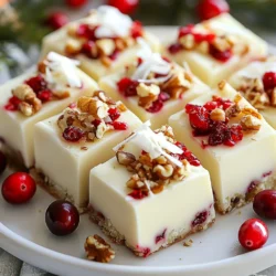 To make this fudge, you need a few key items: - 2 cups white chocolate chips - 1 can (14 oz) sweetened condensed milk - 1 teaspoon vanilla extract - 1 cup dried cranberries, roughly chopped - 1 cup chopped nuts (walnuts or pecans) - 1/4 teaspoon sea salt These ingredients blend well for a rich, creamy taste. The white chocolate gives a sweet flavor, while the cranberries add a nice tartness. The nuts add crunch and texture, making every bite delightful. To make your fudge look even better, you can add: - 1/2 cup white chocolate shavings for garnish These shavings can add a touch of elegance and extra sweetness to your treat. They also make it more festive, perfect for any gathering. I always choose high-quality white chocolate chips. Look for brands with cocoa butter listed as the first ingredient. This gives the fudge a smooth and creamy texture. For the cranberries, select dried fruit that is plump and not too hard. If possible, pick nuts that are fresh and unsalted. Fresh nuts enhance the flavor. These small choices can make a big difference in your fudge! {{ingredient_image_1}} First, grab an 8x8 inch square baking dish. Line it with parchment paper. Leave some paper hanging over the sides. This helps you lift the fudge out later. Next, lightly grease the parchment paper. This step keeps the fudge from sticking. Now, let’s melt the chocolate. Use a medium saucepan and set it over low heat. Add the 2 cups of white chocolate chips and 1 can of sweetened condensed milk. Stir the mixture constantly. Do this until it is smooth and fully melted. This will take a few minutes. Keep an eye on it to avoid burning. Once melted, remove the pan from the heat. Stir in 1 teaspoon of vanilla extract and 1/4 teaspoon of sea salt. Mix well so the flavors blend. Then, fold in 1 cup of chopped dried cranberries and 1 cup of chopped nuts. They add great flavor and crunch. Make sure everything is evenly mixed. Now, your fudge mixture is ready to pour into the pan! To get a smooth fudge, melt the chocolate slowly. Use low heat and stir often. If you rush it, the chocolate may burn. This can spoil your fudge. Be patient for the best results. Mixing in the sweetened condensed milk helps create a creamy base. Make sure it blends well before adding other ingredients. One common mistake is not measuring the ingredients. Accurate measurements lead to great fudge. Skipping the sea salt can also hurt the flavor. A little salt brings out the sweetness. Don't let the fudge sit too long before chilling. If it cools too much, it won’t spread well in the pan. Serve the fudge chilled for the best taste. Cut it into even squares for a nice look. Arrange the squares on a festive plate. Adding extra cranberries on the plate makes it colorful. Remember to store any leftovers in an airtight container. This keeps the fudge fresh and tasty for days. Pro Tips Use Quality White Chocolate: For the best flavor and texture, opt for high-quality white chocolate chips instead of grocery store brands. Chop Cranberries Well: Roughly chopping the dried cranberries helps distribute them evenly throughout the fudge, ensuring every bite is flavorful. Cool Gradually: Let the fudge cool at room temperature for about 30 minutes before refrigerating, which helps prevent condensation and keeps it from becoming too sticky. Experiment with Nuts: Feel free to substitute walnuts or pecans with other nuts like almonds or macadamia nuts for a unique twist on flavor and texture. {{image_2}} You can make white chocolate cranberry fudge more fun with different flavors. Try adding nuts like walnuts or pecans for a crunchy bite. Each nut brings its own taste. You can also switch out the vanilla extract for almond or hazelnut. This change adds a rich, warm flavor to the fudge. For those who prefer vegan treats, you can swap the white chocolate chips. Use a vegan white chocolate that melts well. You can also use coconut milk instead of sweetened condensed milk. For a no sugar added option, find sugar-free white chocolate. Just check the labels to ensure they fit your needs. You can change this fudge for the season. In fall, add spices like cinnamon or nutmeg for a cozy taste. During winter holidays, mix in peppermint extract for a refreshing twist. For spring, consider adding lemon zest to brighten the flavor. Each season brings new ideas to make your fudge special. To keep your fudge fresh, wrap it tightly. Use plastic wrap or aluminum foil. Place it in an airtight container. This method helps keep the fudge moist and tasty. You can store it at room temperature for up to a week. If it's too warm, store it in the fridge. White chocolate cranberry fudge can last for about one week at room temperature. If stored in the fridge, it can last up to two weeks. Just remember to keep it sealed well. If you notice any changes in color or smell, it’s best to toss it. For longer storage, you can freeze your fudge. Cut it into squares first. Wrap each piece in plastic wrap, then place them in a freezer-safe bag. Label the bag with the date. Fudge can stay in the freezer for about three months. To enjoy, thaw it in the fridge overnight before serving. Yes, you can use milk chocolate. It will change the taste. Milk chocolate is sweeter and less creamy than white chocolate. This swap can create a richer flavor. If you like milk chocolate, go for it! If your fudge is soft, don’t worry! You can fix it. Place the fudge back in a saucepan with a bit of heat. Stir in more white chocolate chips. Let it melt and combine. Then, pour the mixture back in the pan to chill. This can help it set better. To cut fudge neatly, use a sharp knife. Warm the knife in hot water before cutting. Wipe it dry, then slice the fudge. This method helps prevent sticking. You can also score the fudge before it fully sets for cleaner lines. Yes! You can add fruits like dried cherries or apricots. Chopped nuts like almonds or hazelnuts work well too. You can even mix in some coconut flakes. Experimenting with flavors makes your fudge special! Just keep the total volume the same. White chocolate cranberry fudge is simple to make and fun to share. This post covered key ingredients, easy steps, and helpful tips. Variations allow you to customize flavors. Proper storage keeps leftovers fresh longer. Experiment with flavors and enjoy this treat year-round. Make it your own, and delight friends and family with this sweet dessert. Dive into this recipe and enjoy every bite!