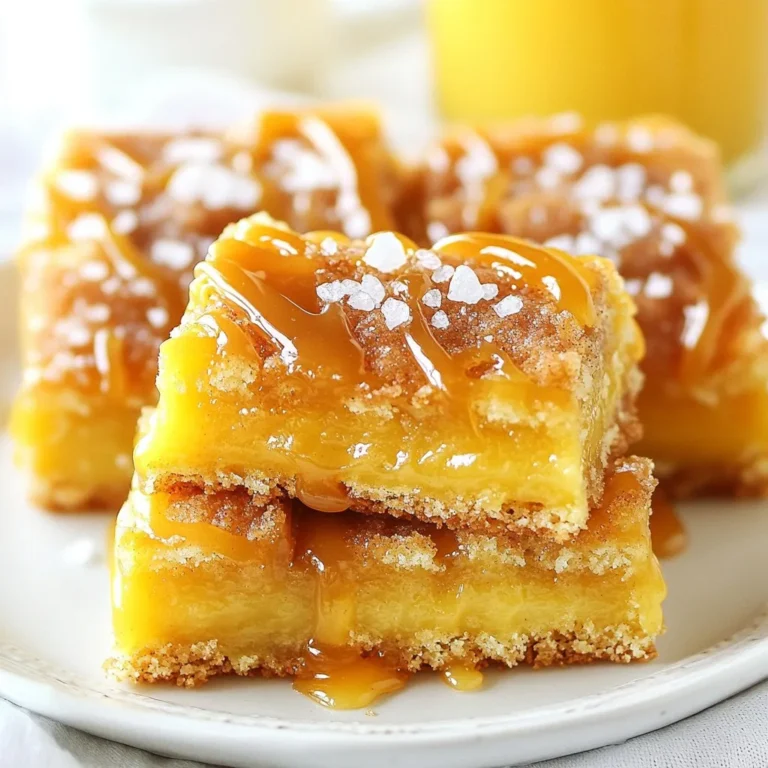 - 1 cup unsalted butter, softened - 1 cup brown sugar, packed - 1/2 cup granulated sugar - 2 large eggs - 2 teaspoons vanilla extract - 3 cups all-purpose flour - 1 teaspoon baking powder - 1 teaspoon baking soda - 1/2 teaspoon salt - 1 tablespoon ground cinnamon - 1 cup salted caramel sauce (store-bought or homemade) - Flaky sea salt for topping To make Salted Caramel Snickerdoodle Bars, start with simple and fresh ingredients. They create the best flavors. Use unsalted butter for a rich base. The butter should be soft, making it easy to blend with sugars. Combine brown sugar and granulated sugar for sweetness. The brown sugar adds moisture and flavor depth. You will beat in two large eggs to help bind the mixture. Don’t forget the vanilla extract; it adds a lovely aroma. Next, you need three cups of all-purpose flour. This is the backbone of your bars. Baking powder and baking soda act as leaveners. They help the bars rise and become fluffy. Add half a teaspoon of salt to balance the sweetness. Ground cinnamon brings warmth and spice, making every bite cozy. The star of this recipe is the salted caramel sauce. You can use store-bought or make your own. The final touch is flaky sea salt. It adds a burst of flavor and makes the bars extra festive. Gather these ingredients, and you are ready to create a delicious treat! {{ingredient_image_1}} First, preheat your oven to 350°F (175°C). This step is key for even baking. Grease a 9x13-inch baking pan. You can also line it with parchment paper for easy removal later. In a large bowl, cream together 1 cup of softened unsalted butter, 1 cup of packed brown sugar, and 1/2 cup of granulated sugar. Mix until it looks light and fluffy. This should take about 3 to 4 minutes. The sugars add sweetness and help the bars rise. Next, beat in 2 large eggs, one at a time. After that, stir in 2 teaspoons of vanilla extract until everything is mixed well. In another bowl, whisk together 3 cups of all-purpose flour, 1 teaspoon of baking powder, 1 teaspoon of baking soda, 1/2 teaspoon of salt, and 1 tablespoon of ground cinnamon. Gradually add the dry mix to the wet mix. Stir until just combined; do not overmix. Spread half of the cookie dough into the prepared pan. Press it down evenly. Pour 1 cup of salted caramel sauce over this layer. Spread it out evenly for a sweet surprise. Take the remaining dough and drop spoonfuls over the caramel layer. It won’t cover all the caramel, and that’s perfectly fine! Bake in the oven for 25 to 30 minutes. The edges should turn golden brown. Check doneness with a toothpick; it should come out clean. Allow the bars to cool in the pan for about 15 minutes. Sprinkle flaky sea salt on top while still warm. Once cooled completely, cut the bars into squares. They are now ready to serve. Enjoy the mix of sweet caramel and warm spices! To make the best salted caramel snickerdoodle bars, start with room temperature butter. This helps create a smooth batter. Make sure to measure your flour correctly; too much can make the bars dry. Use a scale if you can. When mixing, stop as soon as everything is combined. Overmixing can lead to tough bars, and nobody wants that! Look for golden edges as a sign of doneness. The center should feel set but still soft. A toothpick test works well here. Insert it into the center; if it comes out clean or with a few crumbs, your bars are ready. Don’t worry if they seem a bit undercooked; they will firm up as they cool. You can use store-bought salted caramel sauce for ease. It saves time and tastes great. But if you prefer homemade, it’s simple! Just melt sugar until it’s golden, then add cream and butter. You’ll get a rich flavor that enhances the bars. Both options work, so choose what suits your schedule! Pro Tips Chill the Dough: If the dough is too soft to handle, refrigerate it for about 30 minutes before pressing it into the pan. This will help it maintain its shape during baking. Use Quality Caramel: For the best flavor, opt for a high-quality salted caramel sauce, whether store-bought or homemade. It makes a significant difference in the final taste. Check for Doneness: Ovens can vary, so start checking your bars a few minutes before the suggested baking time. They are done when the edges are golden brown and a toothpick comes out clean. Storage Tips: Store the bars in an airtight container at room temperature for up to a week. For longer storage, refrigerate them to keep the caramel from becoming too gooey. {{image_2}} You can change the spice level in your bars. If you like chai spices, add them to the mix. A little cardamom or ginger can make a big difference. You can also try nutmeg for a warm flavor. Just use 1/2 teaspoon to start. Taste the dough before baking. This way, you can tweak it to your liking. If you want gluten-free bars, it’s easy to swap some ingredients. Use a gluten-free flour blend instead of all-purpose flour. These blends often have a mix of rice flour, almond flour, and tapioca starch. Just be sure to check that the blend works well in baking. Your bars will still taste great and just as chewy! Feel free to get creative with toppings. You can add chopped nuts like pecans or walnuts for a crunch. If you love chocolate, sprinkle some chocolate chips on top. A mix of both can also work well. Try to use about 1/2 cup of nuts or chocolate chips. This will add texture and flavor, making your bars even more tempting! To store your salted caramel snickerdoodle bars, let them cool completely. Once cool, cut the bars into squares. Place them in an airtight container. You can layer parchment paper between the bars to keep them from sticking. Store them at room temperature for up to three days. If you want them to last longer, refrigerate them for up to a week. These bars freeze well too! Wrap each square tightly in plastic wrap. Then, place them in a freezer-safe bag or container. They can last in the freezer for up to three months. When you want to enjoy them, just take out the desired amount and let them thaw at room temperature. If you like your bars warm, reheat them in the oven. Preheat your oven to 350°F (175°C). Place the bars on a baking sheet. Heat for about 5-10 minutes until warm. You can also microwave them for 15-20 seconds. Just be careful not to overheat them, or they may become dry. Enjoy your warm snickerdoodle bars with a drizzle of extra salted caramel! The bars are done when the edges turn golden brown. You can also use a toothpick. Insert it in the center; if it comes out clean, your bars are ready. Let them cool in the pan for about 15 minutes before adding salt. Yes, you can make a few swaps. Instead of unsalted butter, you can use coconut oil. For the eggs, try using flaxseed meal mixed with water. You can also switch brown sugar with coconut sugar for a different flavor. These bars last up to a week when stored in an airtight container. If you want them to last longer, store them in the fridge. They stay fresh for about two weeks in the refrigerator. If you don’t have salted caramel sauce, try using chocolate sauce or butterscotch sauce. You can also make a homemade caramel by cooking sugar, butter, and cream together. Just add a little salt for flavor. You now know how to make delicious Salted Caramel Snickerdoodle Bars. We covered the key ingredients, step-by-step instructions, and useful tips. You can adjust the flavors and top them as you wish. Remember, storing leftovers properly keeps them fresh. Enjoy your baking, and don’t hesitate to experiment. These bars are sure to bring smiles!