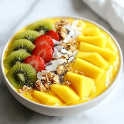 - 1 cup frozen pineapple chunks - 1 ripe banana, sliced - 1/2 cup coconut milk (or almond milk) - 1/2 cup Greek yogurt (or dairy-free yogurt) - 1 tablespoon honey or agave syrup (optional) The main ingredients for this smoothie bowl create a tropical delight. I love using frozen pineapple chunks because they add a chill and creamy texture. Ripe bananas bring sweetness and creaminess to the mix. You can choose coconut milk for a rich flavor or almond milk for a lighter touch. Greek yogurt adds protein and thickness, while honey or agave syrup can enhance sweetness if you like. - Sliced fresh fruits (kiwi, strawberries, mango) - Granola - Shredded coconut - Chia seeds Toppings make this smoothie bowl fun and pretty. I enjoy adding sliced fresh fruits like kiwi, strawberries, and mango for color and taste. Granola gives a nice crunch, while shredded coconut adds a tropical flair. Chia seeds offer extra nutrition and texture. You can mix and match toppings based on your preferences or what you have at home. Enjoy the process of creating your perfect bowl! {{ingredient_image_1}} Start by gathering your ingredients. You will need frozen pineapple, banana, coconut milk, and yogurt. In a blender, combine 1 cup of frozen pineapple chunks, one sliced ripe banana, 1/2 cup of coconut milk, and 1/2 cup of Greek yogurt. If you want a touch of sweetness, add 1 tablespoon of honey or agave syrup. Blend everything until smooth and creamy. If the mixture is too thick for your liking, simply add a little more coconut milk until you achieve your desired texture. Once your smoothie is blended, pour the mixture into a chilled bowl. The chill helps keep your smoothie fresh and cool. Next, it's time to add some color! Slice fresh fruits like kiwi, strawberries, or mango, and arrange them on top of your smoothie mixture in a fun and attractive way. This step not only makes your bowl look great but also adds different flavors and nutrients. Now comes the fun part: garnishing! Sprinkle some granola over the top for a crunchy bite. Add shredded coconut for a tropical twist and sprinkle chia seeds for extra nutrition. These toppings not only enhance the look of your bowl but also boost its texture and flavor. Enjoy your beautiful and delicious Tropical Pineapple Smoothie Bowl right away! To make a thick smoothie bowl, use coconut milk. Start with half a cup. If the mixture is too thick, add more coconut milk. Blend until smooth and creamy. For a great texture, blend at high speed. Stop to scrape down the sides. This helps mix all the ingredients well. Pick ripe bananas for the best flavor. A ripe banana feels soft and has brown spots. For fresh berries, choose ones that are firm and colorful. You can also swap tropical fruits. Try using mango or papaya if you want a twist. They add sweetness and flavor too. If you like it sweeter, add honey or agave syrup. Start with one tablespoon. Blend it in and taste. You can always add more if needed. This way, you control the sweetness. It allows you to make it just the way you like! Pro Tips Fresh Fruits are Best: For the most vibrant flavors, use fresh fruits as toppings. They add a burst of color and enhance the smoothie bowl's taste. Chill Your Bowl: To keep your smoothie cold and refreshing, chill your bowl in the freezer for a few minutes before serving. Experiment with Textures: Don’t hesitate to add nuts or seeds to your toppings for extra crunch and nutrition. Almonds or walnuts work wonderfully! Make it Creamy: If you prefer a creamier texture, add a bit more Greek yogurt or avocado to the base before blending. {{image_2}} You can make this smoothie bowl even more fun with different fruits. Mango and papaya blend well with pineapple. They add sweetness and a creamy texture. If you want a change, use seasonal fruits. Try berries in summer or apples in fall. This keeps your bowl fresh and interesting. You can mix and match to find your favorite combo. If you need a dairy-free option, use almond milk and coconut yogurt. These swaps keep the bowl creamy and smooth. For a low-sugar option, skip the honey or agave syrup. You can also use a ripe banana for natural sweetness. This way, you can enjoy a tasty bowl that fits your diet. Want to add some green? Toss in spinach or kale. They blend well and boost nutrition without changing the taste. Nuts and seeds add crunch and protein. Try adding almonds, walnuts, or sunflower seeds. They make your smoothie bowl exciting and filling. To make your smoothie bowl prep easy, gather your ingredients ahead of time. You can measure out the frozen pineapple, banana, coconut milk, and yogurt in separate containers. Store them in the fridge overnight. This way, you’ll save time when you blend. Keep your toppings, like fresh fruits and granola, in airtight containers. This keeps them fresh until you’re ready to use them. If you have any smoothie bowl left after serving, store it in a sealed container. This will keep it fresh for one day. Avoid adding toppings to the leftovers. They can get soggy. When you’re ready to eat again, just pour the smoothie into a bowl. You can add fresh toppings like fruits, granola, or seeds to make it feel new. You can use almond milk or oat milk. Both options work well in this recipe. Almond milk has a light flavor. Oat milk adds creaminess. You can adjust the taste based on what you like best. To make this smoothie bowl vegan, swap Greek yogurt for dairy-free yogurt. Choose a plant-based yogurt that you enjoy. Also, use agave syrup instead of honey. This keeps the bowl tasty and plant-based. Yes, you can use fresh pineapple, but the bowl may be less icy. If you want a chilled bowl, add some ice cubes to the blender. This will help keep that cool and refreshing taste. Pineapple is rich in vitamin C and fiber. It helps digestion and boosts your immune system. Yogurt provides protein and probiotics. Probiotics support gut health and digestion. Together, they create a tasty and healthy blend. To make more servings, simply double or triple the ingredients. For example, use 2 cups of frozen pineapple and 1 cup of yogurt. Adjust the toppings as needed. This way, everyone can enjoy a bowl! This article breaks down how to create a delicious smoothie bowl. We covered essential ingredients like pineapple, banana, and yogurt. You learned to blend these for a creamy texture and add fresh fruits for toppings. Remember, you can customize your bowl with different fruits, and sweeten as you like. With these tips, making a smoothie bowl can be easy and fun! Enjoy your healthy treat anytime.
