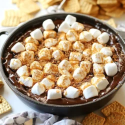 - 1 cup semi-sweet chocolate chips - 1 cup mini marshmallows - 1/2 cup crushed graham crackers - 2 tablespoons unsalted butter - 1 teaspoon vanilla extract - A pinch of sea salt These main ingredients create a sweet and gooey mix. Semi-sweet chocolate chips melt into a rich base. Mini marshmallows add fluffy sweetness. Crushed graham crackers provide that signature crunch. The butter makes it all smooth and rich. Vanilla extract gives a warm flavor, while sea salt balances the sweetness. - Extra graham crackers - Fruits and snacks for dipping You can get creative with dipping options. Extra graham crackers are classic and easy. Fruits like strawberries or bananas bring freshness to the dish. Pretzels can add a salty twist. Try different snacks to find your favorite combo! {{ingredient_image_1}} 1. First, preheat your oven to 350°F (175°C). This step is key for even baking. 2. Next, in a medium skillet, melt the butter over medium heat. Stir until it is fully melted. 3. Once the butter is melted, take the skillet off the heat. Add 1 cup of chocolate chips and 1 teaspoon of vanilla extract. Stir until the chocolate is smooth. 4. Then, spread the melted chocolate evenly in the skillet. 5. Top the chocolate with 1 cup of mini marshmallows. Make sure they cover the chocolate well. 6. Sprinkle 1/2 cup of crushed graham crackers over the marshmallows. This will add a nice crunch. 7. Place the skillet in your preheated oven. Bake for about 10 minutes. Look for golden brown and puffy marshmallows. 8. After baking, let the dip cool slightly before serving. This helps avoid burns from hot marshmallows. 9. For a great presentation, serve the skillet warm. Add some extra marshmallows on top and surround it with graham cracker pieces. Use a small spatula for easy scooping! To make the best S’mores Dip Skillet, melt the chocolate well. Use medium heat to melt the butter first. Then, add the chocolate chips and stir. Keep mixing until smooth. If you see any lumps, keep stirring until it’s nice and glossy. Next, let’s talk about marshmallows. You want them to be puffy and golden. Spread them evenly over the chocolate. This ensures every bite has that sweet marshmallow taste. Bake them just right. Watch closely to avoid burning. You want that perfect brown color! Get creative with flavors. You can add a splash of mint extract for a fresh twist. If you love peanut butter, swirl some in when mixing the chocolate. It gives a nice nutty taste. Adjusting the sweetness is easy too. If you want it less sweet, use dark chocolate chips. You can also use less sugar in your graham crackers. This makes the dip more balanced and tasty. Pro Tips Use Quality Chocolate: Opt for high-quality semi-sweet chocolate chips for a richer flavor. The better the chocolate, the better your dip will taste! Toast the Marshmallows: For an extra layer of flavor, consider using a kitchen torch to toast the marshmallows before serving. This adds a delightful caramelized taste! Experiment with Flavors: Feel free to add a splash of espresso or almond extract to the chocolate mixture for a unique twist that complements the sweetness. Serve with Variety: Along with graham crackers, offer fruits like strawberries or bananas, and even pretzels for dipping to add some fun variety to your serving options. {{image_2}} You can easily adjust this recipe for different diets. For gluten-free options, use gluten-free graham crackers. Many brands offer tasty alternatives that fit right in. Always check the label. If you want a vegan dip, swap the chocolate chips for dairy-free chocolate. Use coconut oil instead of butter for a rich flavor. Mini marshmallows often contain gelatin, so look for vegan marshmallows. They work just as well! To add a twist, try mixing in peanut butter. Just stir in two tablespoons of creamy peanut butter with the chocolate chips. This adds a nutty taste and pairs well with sweet marshmallows. You can also enhance the flavor with spices. Adding a pinch of cinnamon or nutmeg brings warmth to the dip. These spices make your S’mores Dip feel cozy and special. Don’t be shy to experiment! To store your S’mores Dip Skillet, let it cool first. Then, transfer it to an airtight container. You can use a glass or plastic container for this. Make sure to seal it tightly to keep it fresh. Store it in the fridge for up to three days. When it's time to enjoy your dip again, reheating it is easy. You can use a microwave or oven. For the microwave, place the dip in a safe bowl and heat it for 30 seconds. Stir and check if it’s warm enough. If not, heat in 15-second bursts. For the oven, preheat it to 350°F (175°C). Place the skillet in the oven for about 5-10 minutes. This will help the dip get nice and warm again. Just watch it closely to avoid burning. Enjoy it warm with extra graham crackers! How long can S’mores Dip be stored? You can store S’mores Dip in an airtight container for up to three days. Keep it in the fridge. The dip may harden a bit, but it will still taste great. Can I make this dip ahead of time? Yes, you can prep the dip ahead of time. Assemble the dip in the skillet, cover it, and chill it. When ready, just bake it for about 10 minutes until the marshmallows are golden. What else can I dip in S’mores Dip Skillet? You can dip many things in this gooey treat! Try using fresh fruit like strawberries or bananas. Pretzels, cookies, or even marshmallow fluff are also fun options. Let your creativity shine! This blog post covered how to make a delicious S’mores Dip Skillet. We discussed the main ingredients like chocolate chips and marshmallows. You learned step-by-step instructions to prepare, mix, and bake the dip. We also shared tips to perfect your dip and ways to customize it for different diets. In my opinion, this treat is a fun and easy dessert. It invites creativity and can please many taste buds. Enjoy making it your own!