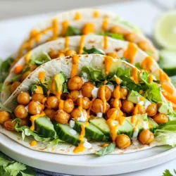 To make Vegan Buffalo Chickpea Wraps, you need a few key ingredients: - 1 can (15 oz) chickpeas, drained and rinsed - 4 large whole wheat tortillas or wraps These chickpeas are the stars of this dish. They bring a great texture and protein. Whole wheat tortillas add fiber and a nice flavor. The right seasonings can boost the flavor of your wraps. Here are the must-have items: - 1/4 cup hot sauce (like Frank's RedHot) - 1 tablespoon olive oil - 1 tablespoon apple cider vinegar - 1 teaspoon garlic powder - 1 teaspoon onion powder - Salt and pepper to taste Hot sauce gives the wraps their spicy kick. Olive oil adds richness. Apple cider vinegar adds tang. Garlic and onion powder enhance the taste. Fresh veggies add crunch and freshness to the wraps. Consider using: - 1 cup shredded lettuce - 1 medium carrot, julienned - 1/2 cup cucumber, thinly sliced - 1/2 avocado, sliced - 1/4 cup vegan ranch dressing (store-bought or homemade) Lettuce and cucumber offer a crisp bite. Carrots bring sweetness and color. Avocado adds creaminess. Vegan ranch dressing ties all the flavors together. {{ingredient_image_1}} Start by draining and rinsing your can of chickpeas. This step is key to remove excess sodium. Next, place the chickpeas in a medium bowl. Use a fork or potato masher to mash them slightly. You want them a bit chunky for texture. After mashing, add hot sauce, olive oil, apple cider vinegar, garlic powder, onion powder, salt, and pepper. Mix everything well until the chickpeas are coated in the spicy sauce. Now, preheat your oven to 400°F (200°C). Spread the chickpea mixture evenly on a baking sheet. This helps them roast evenly. Roast them in the oven for 20 minutes. Remember to stir them halfway through. This step makes them warm and slightly crispy, which adds great flavor. While your chickpeas roast, prepare your wraps. Lay out four large whole wheat tortillas on a clean surface. Start adding the fresh veggies: shredded lettuce, julienned carrot, cucumber slices, and avocado. Once the chickpeas are done, let them cool for a couple of minutes. Then, spoon the buffalo chickpeas onto each tortilla. Drizzle vegan ranch dressing on top for a creamy touch. Roll the tortillas tightly, tucking in the ends as you go. Optionally, cut the wraps in half for easier handling. Serve them right away. Enjoy your delicious, spicy Vegan Buffalo Chickpea Wraps! To get the best roasted chickpeas, follow these tips: - Drain and Rinse: Start with a can of chickpeas. Drain and rinse them well. This helps remove excess salt and improves taste. - Pat Dry: After rinsing, pat the chickpeas dry with a paper towel. This step helps them get crispy. - Use Enough Oil: Mix in olive oil with your chickpeas. This helps them crisp up nicely while roasting. - Don’t Overcrowd: Spread the chickpeas on the baking sheet in one layer. This allows hot air to circulate and makes them crispy. - Stir Halfway: Stir the chickpeas halfway through roasting. This ensures even cooking and crispiness. Making the perfect wrap is easy. Here are my best tips: - Lay It Flat: Start with a tortilla laid flat on a clean surface. This gives you room to add your fillings. - Layer Wisely: Place your greens first, like lettuce, to create a barrier. This keeps the tortilla from getting soggy. - Add Chickpeas Last: Spoon the roasted chickpeas on top of the veggies. This keeps the wrap balanced and tasty. - Don’t Overfill: Don’t add too much to the wrap. A little goes a long way. Aim for about a half-cup of filling. - Roll Tightly: When rolling, tuck in the sides as you go. This keeps everything inside and prevents spills. Serve your Vegan Buffalo Chickpea Wraps in fun ways: - Dipping Sauce: Serve with extra vegan ranch dressing on the side for dipping. This adds a creamy touch. - Fresh Herbs: Sprinkle fresh herbs, like parsley or cilantro, on top for a burst of color and flavor. - Side Dishes: Pair with a simple salad or sweet potato fries. Both add different textures and flavors. - Meal Prep: These wraps are great for meal prep. Make them ahead of time and store them in the fridge. - Customize: Feel free to swap out veggies based on what you have. Enjoy experimenting with different flavors! Pro Tips Adjust the Heat: If you prefer a milder flavor, reduce the amount of hot sauce or mix in a bit of vegan mayo to balance the heat. Perfectly Crispy Chickpeas: For extra crunch, spread the chickpeas out in a single layer on the baking sheet and ensure they’re not overcrowded. Wrap It Right: When rolling the wrap, make sure to tuck in the sides as you go to prevent any filling from spilling out. Meal Prep Friendly: The chickpea filling can be made in advance and stored in the fridge for up to 4 days, making it perfect for quick lunches or dinners. {{image_2}} If you want to mix it up, try other proteins. You can use lentils instead of chickpeas. They add a nice texture and flavor. Another option is to use black beans. They are tasty and packed with protein. You could even use tofu for a different twist. Just marinate the tofu in the hot sauce before cooking it. The type of wrap you use can change the flavor. Whole wheat tortillas are great, but you can try spinach wraps too. They add color and nutrients. If you like a gluten-free option, use corn tortillas. They work well and are easy to find. You can also use lettuce leaves for a low-carb choice. They are crunchy and fresh. Vegan ranch dressing is a crowd favorite, but there are other options. You can use hummus for a creamy base. It adds protein and flavor. Another choice is a spicy avocado spread. Just mash avocado with lime juice and hot sauce. You can also top your wraps with salsa for some extra zest. Fresh herbs like cilantro or parsley also make a nice touch. To store leftover wraps, place them in an airtight container. I recommend wrapping each one in foil or plastic wrap first. This keeps them fresh. Store them in the fridge for up to three days. If you want to keep them longer, freezing is a great option. To reheat your wraps, unwrap them from foil or plastic. Place them on a plate and cover with a damp paper towel. Microwave for about 30 to 45 seconds. You want them warm but not soggy. If you prefer, you can also use an oven. Preheat it to 350°F (175°C) and heat for about 10 minutes. This keeps the wraps crispy. When freezing, wrap each wrap tightly in plastic wrap and then foil. This prevents freezer burn. You can store them for up to three months. When you're ready to eat, let them thaw in the fridge overnight. You can then reheat them using the microwave or oven. This method makes meal prep easy and keeps your wraps tasty. Yes, you can make these wraps gluten-free. Just choose gluten-free tortillas. Look for wraps made from rice, corn, or almond flour. These options keep the dish tasty and safe for those avoiding gluten. Great side dishes for these wraps include: - Fresh fruit salad - Sweet potato fries - Veggie sticks with hummus - A simple green salad These sides add variety and balance to your meal. To spice up your wraps, try these tips: - Add more hot sauce to the chickpeas. - Mix in diced jalapeños for a fresh kick. - Use a spicy vegan ranch or dip. These additions will amp up the heat and flavor! In this blog post, we explored how to make delicious vegan buffalo chickpea wraps. We covered the main ingredients, including fresh veggies and tasty sauces. You learned the step-by-step process to prepare and roast chickpeas, assemble your wraps, and some helpful tips for perfecting your meal. We also discussed fun variations, storage methods, and answered common questions. Now you can enjoy these wraps in many ways, whether for lunch or dinner. Experiment and make them your own. Happy cooking!