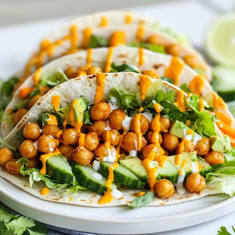 To make Vegan Buffalo Chickpea Wraps, you need a few key ingredients: - 1 can (15 oz) chickpeas, drained and rinsed - 4 large whole wheat tortillas or wraps These chickpeas are the stars of this dish. They bring a great texture and protein. Whole wheat tortillas add fiber and a nice flavor. The right seasonings can boost the flavor of your wraps. Here are the must-have items: - 1/4 cup hot sauce (like Frank's RedHot) - 1 tablespoon olive oil - 1 tablespoon apple cider vinegar - 1 teaspoon garlic powder - 1 teaspoon onion powder - Salt and pepper to taste Hot sauce gives the wraps their spicy kick. Olive oil adds richness. Apple cider vinegar adds tang. Garlic and onion powder enhance the taste. Fresh veggies add crunch and freshness to the wraps. Consider using: - 1 cup shredded lettuce - 1 medium carrot, julienned - 1/2 cup cucumber, thinly sliced - 1/2 avocado, sliced - 1/4 cup vegan ranch dressing (store-bought or homemade) Lettuce and cucumber offer a crisp bite. Carrots bring sweetness and color. Avocado adds creaminess. Vegan ranch dressing ties all the flavors together. {{ingredient_image_1}} Start by draining and rinsing your can of chickpeas. This step is key to remove excess sodium. Next, place the chickpeas in a medium bowl. Use a fork or potato masher to mash them slightly. You want them a bit chunky for texture. After mashing, add hot sauce, olive oil, apple cider vinegar, garlic powder, onion powder, salt, and pepper. Mix everything well until the chickpeas are coated in the spicy sauce. Now, preheat your oven to 400°F (200°C). Spread the chickpea mixture evenly on a baking sheet. This helps them roast evenly. Roast them in the oven for 20 minutes. Remember to stir them halfway through. This step makes them warm and slightly crispy, which adds great flavor. While your chickpeas roast, prepare your wraps. Lay out four large whole wheat tortillas on a clean surface. Start adding the fresh veggies: shredded lettuce, julienned carrot, cucumber slices, and avocado. Once the chickpeas are done, let them cool for a couple of minutes. Then, spoon the buffalo chickpeas onto each tortilla. Drizzle vegan ranch dressing on top for a creamy touch. Roll the tortillas tightly, tucking in the ends as you go. Optionally, cut the wraps in half for easier handling. Serve them right away. Enjoy your delicious, spicy Vegan Buffalo Chickpea Wraps! To get the best roasted chickpeas, follow these tips: - Drain and Rinse: Start with a can of chickpeas. Drain and rinse them well. This helps remove excess salt and improves taste. - Pat Dry: After rinsing, pat the chickpeas dry with a paper towel. This step helps them get crispy. - Use Enough Oil: Mix in olive oil with your chickpeas. This helps them crisp up nicely while roasting. - Don’t Overcrowd: Spread the chickpeas on the baking sheet in one layer. This allows hot air to circulate and makes them crispy. - Stir Halfway: Stir the chickpeas halfway through roasting. This ensures even cooking and crispiness. Making the perfect wrap is easy. Here are my best tips: - Lay It Flat: Start with a tortilla laid flat on a clean surface. This gives you room to add your fillings. - Layer Wisely: Place your greens first, like lettuce, to create a barrier. This keeps the tortilla from getting soggy. - Add Chickpeas Last: Spoon the roasted chickpeas on top of the veggies. This keeps the wrap balanced and tasty. - Don’t Overfill: Don’t add too much to the wrap. A little goes a long way. Aim for about a half-cup of filling. - Roll Tightly: When rolling, tuck in the sides as you go. This keeps everything inside and prevents spills. Serve your Vegan Buffalo Chickpea Wraps in fun ways: - Dipping Sauce: Serve with extra vegan ranch dressing on the side for dipping. This adds a creamy touch. - Fresh Herbs: Sprinkle fresh herbs, like parsley or cilantro, on top for a burst of color and flavor. - Side Dishes: Pair with a simple salad or sweet potato fries. Both add different textures and flavors. - Meal Prep: These wraps are great for meal prep. Make them ahead of time and store them in the fridge. - Customize: Feel free to swap out veggies based on what you have. Enjoy experimenting with different flavors! Pro Tips Adjust the Heat: If you prefer a milder flavor, reduce the amount of hot sauce or mix in a bit of vegan mayo to balance the heat. Perfectly Crispy Chickpeas: For extra crunch, spread the chickpeas out in a single layer on the baking sheet and ensure they’re not overcrowded. Wrap It Right: When rolling the wrap, make sure to tuck in the sides as you go to prevent any filling from spilling out. Meal Prep Friendly: The chickpea filling can be made in advance and stored in the fridge for up to 4 days, making it perfect for quick lunches or dinners. {{image_2}} If you want to mix it up, try other proteins. You can use lentils instead of chickpeas. They add a nice texture and flavor. Another option is to use black beans. They are tasty and packed with protein. You could even use tofu for a different twist. Just marinate the tofu in the hot sauce before cooking it. The type of wrap you use can change the flavor. Whole wheat tortillas are great, but you can try spinach wraps too. They add color and nutrients. If you like a gluten-free option, use corn tortillas. They work well and are easy to find. You can also use lettuce leaves for a low-carb choice. They are crunchy and fresh. Vegan ranch dressing is a crowd favorite, but there are other options. You can use hummus for a creamy base. It adds protein and flavor. Another choice is a spicy avocado spread. Just mash avocado with lime juice and hot sauce. You can also top your wraps with salsa for some extra zest. Fresh herbs like cilantro or parsley also make a nice touch. To store leftover wraps, place them in an airtight container. I recommend wrapping each one in foil or plastic wrap first. This keeps them fresh. Store them in the fridge for up to three days. If you want to keep them longer, freezing is a great option. To reheat your wraps, unwrap them from foil or plastic. Place them on a plate and cover with a damp paper towel. Microwave for about 30 to 45 seconds. You want them warm but not soggy. If you prefer, you can also use an oven. Preheat it to 350°F (175°C) and heat for about 10 minutes. This keeps the wraps crispy. When freezing, wrap each wrap tightly in plastic wrap and then foil. This prevents freezer burn. You can store them for up to three months. When you're ready to eat, let them thaw in the fridge overnight. You can then reheat them using the microwave or oven. This method makes meal prep easy and keeps your wraps tasty. Yes, you can make these wraps gluten-free. Just choose gluten-free tortillas. Look for wraps made from rice, corn, or almond flour. These options keep the dish tasty and safe for those avoiding gluten. Great side dishes for these wraps include: - Fresh fruit salad - Sweet potato fries - Veggie sticks with hummus - A simple green salad These sides add variety and balance to your meal. To spice up your wraps, try these tips: - Add more hot sauce to the chickpeas. - Mix in diced jalapeños for a fresh kick. - Use a spicy vegan ranch or dip. These additions will amp up the heat and flavor! In this blog post, we explored how to make delicious vegan buffalo chickpea wraps. We covered the main ingredients, including fresh veggies and tasty sauces. You learned the step-by-step process to prepare and roast chickpeas, assemble your wraps, and some helpful tips for perfecting your meal. We also discussed fun variations, storage methods, and answered common questions. Now you can enjoy these wraps in many ways, whether for lunch or dinner. Experiment and make them your own. Happy cooking!