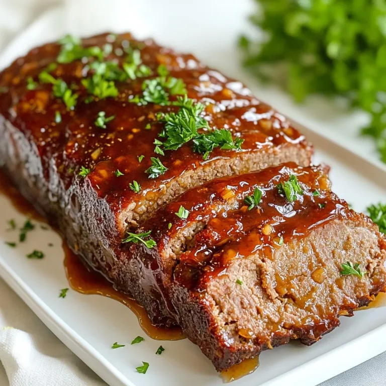 - 1 pound ground beef - 1 cup breadcrumbs - 1/2 cup onion, finely chopped - 2 cloves garlic, minced - 1/2 cup milk - 1 large egg - 1 teaspoon salt - 1/2 teaspoon black pepper - 1 tablespoon Worcestershire sauce These main ingredients create a hearty base for the meatloaf. The ground beef gives it richness. Breadcrumbs help bind the mixture. Onion and garlic add great flavor. The milk makes it moist, while the egg helps hold everything together. Salt and pepper give it the seasoning it needs. - 1/4 cup ketchup - 1/4 cup honey - 1 teaspoon garlic powder - 1 tablespoon soy sauce - Fresh parsley, chopped (for garnish) The glaze is what makes this meatloaf shine. Ketchup gives it a tangy flavor. Honey adds sweetness and a nice shiny finish. Garlic powder boosts the garlic taste. Soy sauce adds depth and umami. Fresh parsley on top adds color and a fresh bite. - Parchment paper - Baking dish - Mixing bowl Using parchment paper stops the meatloaf from sticking. A baking dish holds the meatloaf while it cooks. A mixing bowl is key for combining all the ingredients. With these essentials, you will have a smooth cooking process. {{ingredient_image_1}} - Preheat your oven to 350°F (175°C). - In a large mixing bowl, combine: - 1 pound ground beef - 1 cup breadcrumbs - 1/2 cup finely chopped onion - 2 cloves minced garlic - 1/2 cup milk - 1 large egg - 1 teaspoon salt - 1/2 teaspoon black pepper - 1 tablespoon Worcestershire sauce - Mix well until all ingredients blend together smoothly. - Shape the meat mixture into a loaf. - Place it in a baking dish lined with parchment paper. - In a small bowl, whisk together: - 1/4 cup ketchup - 1/4 cup honey - 1 teaspoon garlic powder - 1 tablespoon soy sauce - Pour half of this glaze over the meatloaf, spreading it evenly. - Bake the meatloaf for 45-60 minutes. - Check that the internal temperature reaches 160°F (70°C). - In the last 10 minutes, brush the remaining glaze over the meatloaf. - Once baked, remove it from the oven and let it rest for 10 minutes. - Garnish with fresh parsley before slicing and serving. - Always let your ingredients reach room temperature. This helps everything mix well. - Use a meat thermometer. It helps check if your meatloaf is done. Aim for 160°F (70°C) for safety. - Feel free to add spices to the glaze. A pinch of smoked paprika or chili powder can add depth. - If you want a twist, swap honey for maple syrup. This change gives the glaze a unique taste. - For neat slices, use a sharp knife. Wipe the knife with a damp cloth between cuts. - To make your dish pop, garnish with fresh parsley. A sprinkle adds color and freshness. Pro Tips Use Lean Meat: For a healthier option, choose lean ground beef or even mix it with ground turkey. This helps reduce the fat content while keeping the meatloaf moist. Let It Rest: Allow the meatloaf to rest for at least 10 minutes after baking. This helps the juices redistribute, making each slice more flavorful and moist. Customize the Glaze: Feel free to add spices or herbs to the glaze for extra flavor. A splash of hot sauce or a sprinkle of smoked paprika can elevate the taste. Freezing Leftovers: If you have leftovers, meatloaf freezes well. Wrap individual slices in plastic wrap and store in an airtight container for up to three months. {{image_2}} You can switch the ground beef for turkey or chicken. These meats give a lighter taste. They also cook up just as well. If you want a vegetarian option, try plant-based ground meat. It gives you the same texture without meat. You can enjoy all the flavors of meatloaf while keeping it plant-based. To make your meatloaf even better, add chopped veggies. Bell peppers add crunch and color. Spinach brings extra nutrients. You can also mix in cheese. Cheddar or mozzarella melts nicely and adds creaminess. These simple boosts make your meatloaf more exciting and flavorful. The glaze is key to this dish. For a spicy kick, add sriracha or hot sauce to the honey garlic glaze. This will wake up your taste buds! Another fun option is a teriyaki glaze. This Asian twist gives your meatloaf a new depth. Each glaze can change the whole meal. To keep your honey garlic glazed meatloaf fresh, refrigerate it right after serving. Place the meatloaf in a shallow dish. Cover it tightly with plastic wrap or foil. This helps to keep moisture in and air out. For best results, use an airtight container. Glass or plastic containers with a secure lid work well. They prevent odors from mixing and keep the meatloaf tasty. You can also freeze meatloaf for later. First, let it cool completely. Wrap it tightly in plastic wrap. Then, place it in a freezer-safe bag or container. This keeps it safe from freezer burn. To thaw meatloaf, move it to the fridge overnight. If you need it fast, use the microwave. Reheat it in the microwave until it is warm throughout. You can also bake it in the oven at 350°F (175°C) for about 20 minutes. Cooked meatloaf lasts about 3 to 4 days in the fridge. Always check for spoilage before eating. Look for changes in color or smell. If it smells off or looks strange, throw it away. Keeping track of your leftovers will help you enjoy your meatloaf at its best. Remember, a little care goes a long way in keeping your meals fresh! What is the best way to reheat meatloaf? The best way to reheat meatloaf is in the oven. Preheat your oven to 250°F (120°C). Place the slices in a baking dish and cover with foil. Heat for about 15-20 minutes. This method keeps the meatloaf moist. Can I make meatloaf ahead of time? Yes, you can make meatloaf ahead of time. You can prepare it the night before and store it in the fridge. Just mix all the ingredients, shape the loaf, and cover it. Bake it the next day for a quick meal. How can I make a gluten-free version? To make a gluten-free version, swap traditional breadcrumbs for gluten-free breadcrumbs. You can also use ground oats or crushed rice crackers. This keeps the texture without gluten. What’s the best sauce to pair with meatloaf? The best sauce to pair with meatloaf is the honey garlic glaze from the recipe. Its sweet and savory flavor complements the meatloaf. You can also try a barbecue sauce for a different taste. Is it necessary to use breadcrumbs in meatloaf? Breadcrumbs help bind the meatloaf. They add texture and soak up moisture. If you skip them, the meatloaf may fall apart. You can use oats or crushed crackers as a substitute. How can I ensure my meatloaf doesn’t fall apart? To keep your meatloaf together, use the right amount of egg and breadcrumbs. Mix the ingredients well but don’t overwork them. Also, let it rest for a few minutes after baking before slicing. This blog post covered how to make meatloaf from start to finish. We discussed main ingredients, cooking essentials, and helpful tips. I shared variations for meat and glaze, plus storage and reheating tips. Meatloaf is a versatile dish that can fit any taste. Try new flavors and enjoy your creation! With practice, you will make your best meatloaf yet.
