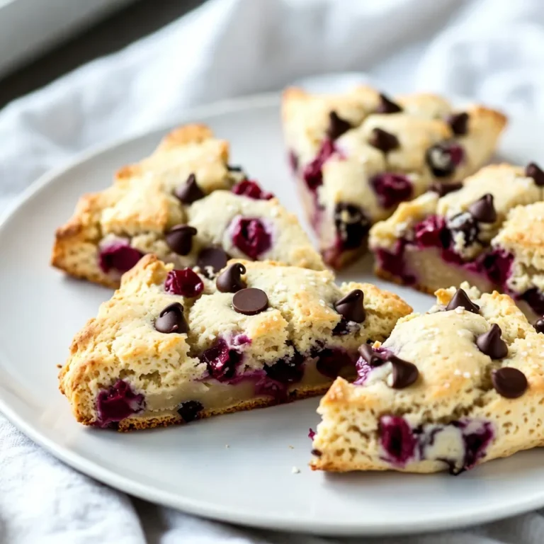To make cherry chocolate chip scones, gather these key ingredients: - 2 cups all-purpose flour - 1/4 cup granulated sugar - 1 tablespoon baking powder - 1/2 teaspoon baking soda - 1/4 teaspoon salt - 1/2 cup unsalted butter, cold and cubed - 1/2 cup buttermilk - 1 teaspoon vanilla extract - 1/2 cup fresh or frozen cherries, pitted and chopped - 1/2 cup semi-sweet chocolate chips - 1 egg (for egg wash) These ingredients create a rich and flavorful treat that you'll love. For an extra touch, consider these optional ingredients: - Coarse sugar for topping This sugar adds a nice crunch and a bit of sparkle to your scones. You can swap some ingredients if needed: - Use whole wheat flour for a nuttier flavor. - Replace buttermilk with regular milk mixed with a bit of vinegar. - Substitute chocolate chips with white chocolate or nuts for variety. These options keep the scones delicious while catering to your preferences. {{ingredient_image_1}} First, I set my oven to 400°F (200°C). This temperature gives the scones a nice rise. I then line a baking sheet with parchment paper. This keeps the scones from sticking and makes cleanup easy. Next, I take a large bowl and add 2 cups of all-purpose flour. To that, I mix in 1/4 cup of granulated sugar, 1 tablespoon of baking powder, 1/2 teaspoon of baking soda, and 1/4 teaspoon of salt. I whisk these together until they are well combined. This step is key for even flavor. In another bowl, I mix 1/2 cup of buttermilk and 1 teaspoon of vanilla extract. I pour this mixture slowly into the dry ingredients. I stir gently until everything is just combined. I avoid overmixing, as this can make the scones tough. Then, I fold in 1/2 cup of chopped cherries and 1/2 cup of chocolate chips. I turn the dough out onto a lightly floured surface. I knead it a couple of times until it comes together. Then, I pat the dough into a circle about 1 inch thick. Using a sharp knife, I cut the dough into 8 equal wedges. I place the wedges on the prepared baking sheet. I beat 1 egg and brush it over the tops of the scones. If I want extra crunch, I sprinkle some coarse sugar on top. I then bake the scones for 15 to 20 minutes. They should turn golden brown and feel firm to the touch. Once done, I let them cool on the baking sheet for a few minutes. Then, I transfer them to a wire rack to cool completely. To get that light and fluffy scone, keep your butter very cold. I recommend cubing it straight from the fridge. When mixing, don't overwork the dough. You want it to be tender, not tough. Use a pastry cutter or your fingers to blend the butter into the flour until it looks like coarse crumbs. This helps create layers in your scones. When adding cherries and chocolate chips, make sure they are evenly distributed. If you use fresh cherries, chop them into small pieces. If using frozen, let them thaw and drain excess juice. This keeps your dough from getting too wet. Gently fold them in at the end of mixing. This way, they stay intact and don't break apart too much. If your scones are too dry, you may not have added enough buttermilk. Add a little more buttermilk, one tablespoon at a time, until the dough is soft but not sticky. If they spread too much while baking, your butter may have been too warm. Always chill your ingredients before mixing. Finally, if they are too hard, check your baking time. Bake until they are just golden brown. Pro Tips Use Cold Butter: Ensure your butter is very cold to achieve a flaky texture in your scones. Don’t Overmix: Gently combine the wet and dry ingredients to keep the scones tender and light. Chill the Dough: If time allows, refrigerate the dough for 15-20 minutes before baking for better rise. Experiment with Fruits: Feel free to substitute cherries with other fruits like blueberries or raspberries for variety. {{image_2}} You can switch the cherries for other fruits. Try using blueberries or raspberries. You can even mix fruits for a fun twist. Just keep the amounts the same so your scones stay soft and fluffy. Adding citrus zest like lemon or orange can brighten the flavor too. Each fruit gives a unique taste. To make gluten-free scones, swap all-purpose flour for a gluten-free blend. Make sure your blend has a good mix of starches and flours for the best results. You might need to add a bit more liquid, like buttermilk. This helps keep the dough moist. Watch the baking time closely, as gluten-free scones can bake faster. Making these scones vegan is easy! Replace the butter with coconut oil or a vegan butter. For the buttermilk, use plant milk mixed with a tablespoon of vinegar. This will mimic the acidity. You can also skip the egg wash or use a mixture of almond milk and maple syrup. The scones will still taste great and be soft! To keep your scones fresh, place them in an airtight container. Store them at room temperature for up to two days. If you want to enjoy them longer, consider refrigerating them. Just remember to wrap them tightly in plastic wrap. This helps keep the moisture in. When you’re ready to eat your scones again, reheating is simple. Preheat your oven to 350°F (175°C). Place the scones on a baking sheet. Heat them for about 5-7 minutes. This method warms them up and restores their crispness. You can also use a microwave. Just warm them for 10-15 seconds, but they may lose some crunch. Freezing scones is a great way to save leftovers. First, let the scones cool completely. Then, wrap each one in plastic wrap. Place them in a freezer bag or an airtight container. They can last for up to three months in the freezer. When you want to enjoy one, let it thaw in the fridge overnight. You can reheat it as mentioned before for the best taste. Yes, you can use frozen cherries. Just make sure to thaw and drain them first. This helps prevent extra moisture in the dough. Frozen cherries work well and still taste great. You can enjoy the same rich flavor with less fuss. Check the color and texture of the scones. They should be golden brown on top. Gently press the center; it should feel firm, not soft. The edges will look slightly crisp. If you follow these tips, you will bake perfect scones every time. These scones are tasty on their own, but you can add fun toppings. Try drizzling warm chocolate sauce over them for a sweet touch. Fresh whipped cream also pairs well. You might serve them with coffee or tea for a delightful treat. In this post, I shared how to make delicious cherry chocolate chip scones. You learned the key ingredients and substitutions, plus step-by-step baking instructions. I included tips for perfect scones and discussed various flavor and storage options. Remember, baking is fun and flexible, so don’t be afraid to experiment. With these skills, you can enjoy fresh, warm scones anytime. Now, go ahead and bake your own batch!