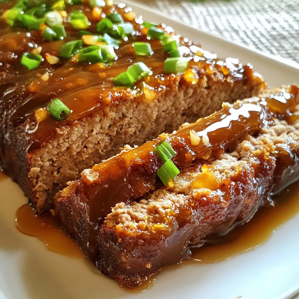 - 1 1/2 lbs ground beef (or a mix of beef and pork) - 1 cup breadcrumbs - 1/2 cup milk - 1/4 cup ketchup The main ingredients make this meatloaf rich and tasty. The beef or pork gives it a juicy bite. Breadcrumbs add texture and help hold it all together. Milk keeps it moist. Ketchup adds a sweet and tangy flavor. - 1/4 cup onion, finely chopped - 2 cloves garlic, minced - 1 tsp Worcestershire sauce - Salt and pepper to taste - 1 tsp ground ginger Next, we add seasonings. Onion and garlic provide depth and warmth. Worcestershire sauce brings umami flavor. Salt and pepper are key to enhance all the tastes. Ground ginger adds a hint of spice that pairs well with the honey. - Chopped green onions Finally, we use chopped green onions for garnish. They add a pop of color and a fresh crunch. This small touch makes your meatloaf look great and taste even better. {{ingredient_image_1}} Start by preheating your oven to 350°F (175°C). Line a loaf pan with parchment paper. Leave some paper hanging over the sides. This helps you lift the meatloaf out later. Next, grab a large mixing bowl. Combine 1 1/2 lbs of ground beef or a mix of beef and pork. Add 1 cup of breadcrumbs, 1/2 cup of milk, and 1/4 cup of ketchup. Toss in 1/4 cup of finely chopped onion, 2 minced garlic cloves, 1 large egg, and 1 tsp of Worcestershire sauce. Season with salt and pepper. Mix gently until everything is just combined. Be careful not to overmix; this can make your meatloaf tough. Transfer the meat mixture to the loaf pan. Shape it into a loaf, pressing it down gently. Make sure it is packed but not too tight. Now, let’s make the glaze. In a small saucepan, combine 1/2 cup of honey, 1/4 cup of low-sodium soy sauce, 1 tbsp of apple cider vinegar, and 1 tsp of ground ginger. Stir these ingredients together over medium heat. Bring the mixture to a simmer. Allow it to cook for about 3–4 minutes. This will thicken the glaze just right. With the meatloaf prepped, it’s time to bake. Brush half of the honey garlic glaze over the top of the meatloaf. Place the pan in the preheated oven. Bake for 45–55 minutes. Check the internal temperature; it should reach 160°F (71°C). About 10 minutes before it’s done, remove the meatloaf from the oven. Baste it with the remaining honey garlic glaze. This adds more flavor and a nice shine. Once cooked, let the meatloaf rest for about 10 minutes. Use the parchment paper to lift it out of the pan. This helps keep it moist. Finally, slice the meatloaf and garnish with chopped green onions before serving. To get the best meatloaf texture, avoid overmixing. When you mix too much, the meatloaf can become tough. Simply combine the ingredients until they just hold together. For moisture, add milk to your mix. This helps keep it juicy. Also, let the meatloaf rest after baking. This step allows the juices to settle and makes each slice moist. For great flavor, use simple seasonings. I recommend adding salt, pepper, and Worcestershire sauce. These enhance the meat's natural taste. Adjust the sweetness and tanginess by changing the honey and vinegar amounts. If you like sweeter meatloaf, add more honey. For more tang, try adding a touch more apple cider vinegar. This balance creates a rich, savory flavor. When serving, slice the meatloaf with a sharp knife. This helps keep clean edges. Arrange the slices on a platter for a nice look. You can also garnish with chopped green onions for color. Pair it with sides like mashed potatoes or steamed veggies. This adds a lovely touch and makes your meal complete. Pro Tips Use Fresh Ingredients: Always opt for fresh garlic and onions for the best flavor in your meatloaf. Let it Rest: Allow the meatloaf to rest for at least 10 minutes after baking to help retain its juices. Experiment with Meat: Try mixing different types of ground meat, like turkey or chicken, for a leaner option. Customize the Glaze: Feel free to add spices or a splash of hot sauce to the glaze for an extra kick. {{image_2}} You can swap ground beef for turkey or chicken. These meats are leaner. They still work well with the honey garlic glaze. The taste will change, but it remains tasty. If you prefer gluten-free options, use gluten-free breadcrumbs. They will hold the meatloaf together just as well. You can find these in most grocery stores. Feel free to make the glaze your own. Add spices like cayenne for heat or smoked paprika for depth. Fresh herbs like rosemary or thyme can add brightness. You can also substitute honey with maple syrup for a different sweetness. Soy sauce can be switched for tamari for a gluten-free option. If you want a slow cooker option, shape the meatloaf and place it in the cooker. Cook on low for 6-8 hours. This method keeps the meatloaf moist and tender. You can also grill the meatloaf for a smoky flavor. Simply form it into a loaf and cook it on medium heat for about 30-40 minutes. Ensure it reaches 160°F (71°C) inside. Grilling adds a unique twist to this classic dish. After baking, let the meatloaf rest for 10 minutes. This helps it keep moisture. If you slice too soon, the juices will run out. Use a sharp knife for clean cuts. This keeps each slice neat for storage. Store leftovers in the fridge within two hours of cooking. Place the meatloaf in an airtight container. It will stay fresh for up to three days. For longer storage, freeze the meatloaf. Wrap it tightly in plastic wrap, then place it in a freezer bag. It’s best used within three months. To reheat in the microwave, slice it first. Heat each slice on medium power for about one minute. Check and heat more if needed. For the oven, preheat to 350°F (175°C). Place slices on a baking sheet and cover with foil. Heat for 15-20 minutes until warm. This method keeps the texture nice. You should bake the meatloaf for 45 to 55 minutes. Set your oven to 350°F (175°C). The meatloaf is ready when its center reaches 160°F (71°C). Use a meat thermometer for accuracy. This ensures a juicy meatloaf, cooked just right. Yes, you can use other meats. Ground turkey or chicken works well. You can also mix beef and pork for a richer flavor. Each meat gives a different texture. Feel free to experiment and find your favorite combo! Many sides pair nicely with meatloaf. Try mashed potatoes for a classic touch. Steamed broccoli adds a fresh element. You could also serve it with rice or a simple salad. These options balance the sweet glaze and make a complete meal. In this blog post, we explored making a delicious honey garlic glazed meatloaf. We covered key ingredients like ground meat, breadcrumbs, and a tasty glaze. You learned how to mix, bake, and garnish your meatloaf for the best flavor. We also shared tips, variations, and storage info to keep it fresh. Now you can impress your family and friends with this easy recipe. Enjoy cooking and experimenting with flavors that suit your taste!