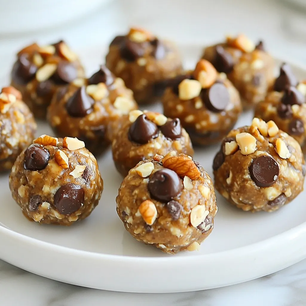 To make these tasty bites, you need a few key items: - 1 cup rolled oats - 1/2 cup natural peanut butter - 1/4 cup honey or maple syrup - 1/4 cup ground flaxseed - 1/2 cup dark chocolate chips - 1/4 cup chopped nuts (almonds or walnuts) - 1 teaspoon vanilla extract - A pinch of sea salt These main ingredients create a great balance of flavors and textures. The oats give a nice chew, while the peanut butter adds creaminess. The honey or maple syrup brings sweetness, and the dark chocolate chips provide a rich taste. You can make these bites your own by adding some optional ingredients: - Dried fruit (like raisins or cranberries) - Coconut flakes - Chia seeds - Protein powder Adding these extras can change the flavor and boost nutrition. For instance, dried fruit adds sweetness and chew. Coconut flakes give a tropical twist, while protein powder can enhance the energy boost. If you have allergies, you can swap some ingredients: - Use sun butter instead of peanut butter for nut allergies. - Maple syrup can replace honey for a vegan option. - Choose gluten-free oats for a gluten-free snack. These swaps keep the bites safe and still tasty. Always check labels to ensure your substitutions fit your dietary needs. {{ingredient_image_1}} Start with clean hands and a clean workspace. Gather all your ingredients first. This makes cooking easy and fun. Measure everything out before you begin. It saves time and helps keep things organized. In a large bowl, mix the rolled oats, ground flaxseed, and a pinch of sea salt. Stir these dry ingredients together well. This step is important for even flavor. You want every bite to taste great. In another bowl, blend the peanut butter, honey or maple syrup, and vanilla extract. Mix until it is smooth. This makes it easy to combine with the dry ingredients. You’ll love the sweet smell as you mix! Now, pour the peanut butter mix into the dry bowl. Stir until they are fully combined. Use your hands or a cookie scoop to shape small balls, about one inch wide. This is where it gets fun! Place the energy bites on a parchment-lined baking sheet. Chill them in the fridge for about 30 minutes. This helps them set. Once firm, transfer the bites to an airtight container. Store them in the fridge for up to one week. To get the best texture in your energy bites, use rolled oats. They give a nice chew. Ground flaxseed adds fiber and helps bind the mixture. For flavor, always use natural peanut butter. It has no added sugars or oils. Use dark chocolate chips for a rich taste. You can also add a pinch of sea salt to enhance the sweetness. If your energy bites are too dry, add more peanut butter or a splash of water. If they are too sticky, a bit of oats can help. Ensure you chill them long enough. This helps them firm up. If they fall apart, check your mixing. The mixture should hold together but not be too wet. To make these bites vegan, replace honey with maple syrup. Use dairy-free dark chocolate chips as well. Check your peanut butter. It should have no animal products. These swaps keep the bites tasty and cruelty-free. Pro Tips Use Old Fashioned Rolled Oats: Quick oats may alter the texture; stick with rolled oats for the best bites. Chill for Better Texture: Chilling the mixture helps the bites hold together better, making them easier to roll. Customize Your Nuts: Feel free to swap in your favorite nuts or seeds for a personal touch. Storage Tips: Store in an airtight container in the fridge to maintain freshness and avoid drying out. {{image_2}} You can boost the nutrition of your energy bites easily. Consider adding chia seeds for fiber and omega-3s. Dried fruits, like cranberries or raisins, add sweetness and vitamins. You can also mix in protein powder for an extra protein punch. Peanut butter is great, but you can switch it up! Try almond butter for a nuttier taste. Cashew butter makes the bites creamier. Sunflower seed butter works well for nut-free options. Each nut butter adds its unique flavor and texture. These energy bites are naturally gluten-free! Use gluten-free oats to keep them safe for those with gluten allergies. Check labels on other ingredients, like chocolate chips, to ensure they are gluten-free as well. This way, everyone can enjoy these tasty snacks! To keep your peanut butter cup energy bites fresh, store them in an airtight container. Place them in the fridge right after they set. They will stay tasty for up to one week. Make sure to separate layers with parchment paper. This helps prevent them from sticking together. If you want to keep these bites longer, freezing is a great option. Place the energy bites on a baking sheet. Freeze them for about one hour before transferring. Once frozen, put them in a freezer-safe bag or container. They can last for up to three months. Just thaw them in the fridge before enjoying. For the best results, choose glass or BPA-free plastic containers. Glass keeps the bites fresh and helps avoid any off-flavors. If you use plastic, make sure it’s labeled as food safe. Always seal the container tightly to keep air out. This keeps the energy bites tasting great for days. Peanut Butter Cup Energy Bites last about one week in the fridge. Store them in an airtight container for the best taste. Keeping them cold helps maintain their texture and flavor. Yes, you can make some easy substitutions. If you need to avoid peanut butter, try almond or sunflower butter. You can swap honey for maple syrup to make it vegan. Yes, these energy bites are healthy. They contain oats, nuts, and flaxseed, which provide fiber and protein. They are great for a quick snack or a post-workout boost. Ground flaxseed offers many benefits. It is high in omega-3 fatty acids, which are good for your heart. It also provides fiber, which aids digestion and keeps you full longer. Absolutely! You can use milk chocolate, white chocolate, or even carob chips. Choose what you like best to make these bites your own. Peanut butter cup energy bites are easy to make and fun to customize. You learned about the key ingredients, preparation steps, and ways to store them. I shared tips to solve common problems and keep your bites tasty. You can adapt the recipe for allergies and even vegan diets. Now, make these yummy bites at home. Enjoy them as snacks or energy boosters!