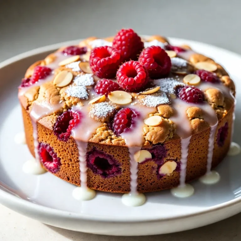 - 1 ½ cups all-purpose flour - ½ cup almond flour - 1 teaspoon baking powder - ½ teaspoon baking soda - ¼ teaspoon salt - ½ cup unsalted butter, softened - 1 cup granulated sugar - 2 large eggs - 1 teaspoon vanilla extract - ½ teaspoon almond extract - 1 cup fresh raspberries (or frozen, thawed and drained) - ½ cup chopped almonds (plus extra for topping) - ½ cup powdered sugar (for glaze) - 2 tablespoons milk When making Raspberry Almond Coffee Cake, you need to gather the right ingredients. Start with your dry ingredients. You will need all-purpose flour, almond flour, baking powder, baking soda, and salt. These combine to create a solid base for your cake. Next, focus on the wet ingredients. You'll want unsalted butter that’s softened, granulated sugar, eggs, vanilla extract, and almond extract. These will add moisture and sweetness to your cake. Finally, we have the fun part: mix-ins and toppings. Fresh raspberries give a burst of flavor and color. If you can’t find fresh ones, frozen works, too, as long as they are thawed and drained. Chopped almonds add crunch and more almond flavor. Remember to save some almonds for the topping. For the glaze, you will need powdered sugar and milk. This will give your cake a sweet finish. Gathering these ingredients will set you up for a delightful baking experience. Enjoy the process! {{ingredient_image_1}} - Preheat your oven to 350°F (175°C). - Grease and flour a 9-inch round cake pan. - In a medium bowl, whisk together: - 1 ½ cups all-purpose flour - ½ cup almond flour - 1 teaspoon baking powder - ½ teaspoon baking soda - ¼ teaspoon salt This step ensures the dry ingredients mix well and are ready for the batter. - In a large mixing bowl, cream together: - ½ cup unsalted butter, softened - 1 cup granulated sugar Use an electric mixer for about 3-4 minutes until it is light and fluffy. - Add in 2 large eggs one at a time, mixing well after each. Then, add: - 1 teaspoon vanilla extract - ½ teaspoon almond extract Mix until everything is combined. - Gradually add the dry mixture to the wet mixture, mixing on low speed. - Gently fold in: - 1 cup fresh raspberries (or thawed frozen ones) - ½ cup chopped almonds This folding method keeps the raspberries intact and adds a nice crunch. - Pour the batter into your prepared cake pan. Smooth the top with a spatula. - Sprinkle extra chopped almonds on top for crunch. - Bake for 35-40 minutes. Check with a toothpick; it should come out clean when done. - Let the cake cool in the pan for about 10 minutes. Then, transfer it to a wire rack to cool completely. Now, you are ready to glaze the cake! - Almond flour alternatives: You can use all-purpose flour if you don’t have almond flour. Coconut flour is another option, but use less of it. It absorbs more moisture. - Berry variations: Instead of raspberries, try blueberries or chopped strawberries. You can mix different berries for a fun twist, too! - Ensuring even baking: Always preheat your oven. This helps the cake rise evenly. Rotate the cake halfway through baking for the best results. - Avoiding dry cake: Don’t overmix the batter. Mix just until wet and dry ingredients combine. Adding a bit of yogurt can also keep your cake moist. - Serving suggestions: Slice the cake and place it on pretty plates. It looks great with a cup of coffee on the side. - Garnishing ideas: Top each slice with fresh raspberries and a light dusting of powdered sugar. You can also add chopped almonds for extra crunch. Pro Tips Use Fresh Raspberries: Fresh raspberries add a vibrant flavor and color to the cake. If using frozen, make sure to thaw and drain them thoroughly to avoid excess moisture. Don’t Overmix the Batter: When combining the dry and wet ingredients, mix just until combined. Overmixing can lead to a dense cake texture. Glaze Variations: Experiment with different flavors for the glaze by adding a splash of lemon juice or almond extract to enhance the cake's flavor profile. Storage Tips: Store any leftover cake in an airtight container at room temperature for up to 3 days, or refrigerate to extend freshness. {{image_2}} You can switch up the fruit in this recipe. Mixed berries work great. Strawberries, blueberries, or blackberries add nice flair. Just keep the same amount, about one cup. You can also add citrus flavors. A touch of lemon or orange zest lifts the taste. It makes the cake bright and fresh. If you need a gluten-free cake, you can easily adapt this recipe. Use a gluten-free flour blend instead of regular flour. Look for blends that include almond flour for extra flavor. You might need to add a bit more liquid to get the right texture. Always taste your batter. Adjust sweetness if needed to keep the flavor strong. To make your coffee cake even better, add spices. Cinnamon or nutmeg can add warmth. Just a pinch is enough to make a difference. You can also try adding different extracts. Swap vanilla for coconut or use mint for a fun twist. These little changes can make your coffee cake unique and special. To keep your Raspberry Almond Coffee Cake fresh, store it at room temperature. Cover it with plastic wrap or put it in an airtight container. This way, it stays moist and tasty. If your kitchen is hot, you may want to refrigerate it. Just remember to let it cool completely before wrapping it. You can freeze the coffee cake for longer storage. Slice the cake into pieces for easy serving later. Wrap each slice in plastic wrap and then in aluminum foil. This helps prevent freezer burn. To enjoy it again, thaw the slices in the fridge overnight. You can also reheat them in the microwave for about 10-15 seconds. The cake lasts up to 3 days at room temperature. In the fridge, it can stay fresh for about a week. If frozen, it can last up to 3 months. After this time, the quality may drop, but it will still be safe to eat. To make this cake, start by preheating your oven to 350°F (175°C). Grease and flour a 9-inch round cake pan. In a bowl, mix 1 ½ cups all-purpose flour, ½ cup almond flour, 1 teaspoon baking powder, ½ teaspoon baking soda, and ¼ teaspoon salt. In another bowl, cream ½ cup softened butter and 1 cup sugar until fluffy. Add 2 eggs, 1 teaspoon vanilla, and ½ teaspoon almond extract. Mix well. Gradually add the dry mix to the wet mix. Fold in 1 cup fresh raspberries and ½ cup chopped almonds. Pour the batter into the pan, top with almonds, and bake for 35-40 minutes. Yes, you can use frozen raspberries. Thaw and drain them first. Frozen berries are convenient and often just as tasty. However, they may release more juice during baking. This can make the cake moister, which some may enjoy. Be sure to adjust the baking time as needed. This cake pairs well with coffee or tea. You might also enjoy it with a scoop of vanilla ice cream. Fresh fruit on the side adds a nice touch. You can serve it for breakfast, brunch, or dessert. To check if the cake is done, insert a toothpick into the center. If it comes out clean or with a few crumbs, the cake is ready. You can also gently press the top; it should spring back. If it leaves an imprint, bake for a few more minutes. In this post, I shared a simple recipe for Raspberry Almond Coffee Cake, covering all the essential ingredients, steps, and helpful tips. You learned how to combine dry and wet ingredients, mix in fresh raspberries, and create a delicious glaze. Remember, you can customize this cake with different fruits and flavors. Enjoy baking and sharing this sweet treat! It’s perfect for any occasion. With these tips, you will surely impress your family and friends. Happy baking!