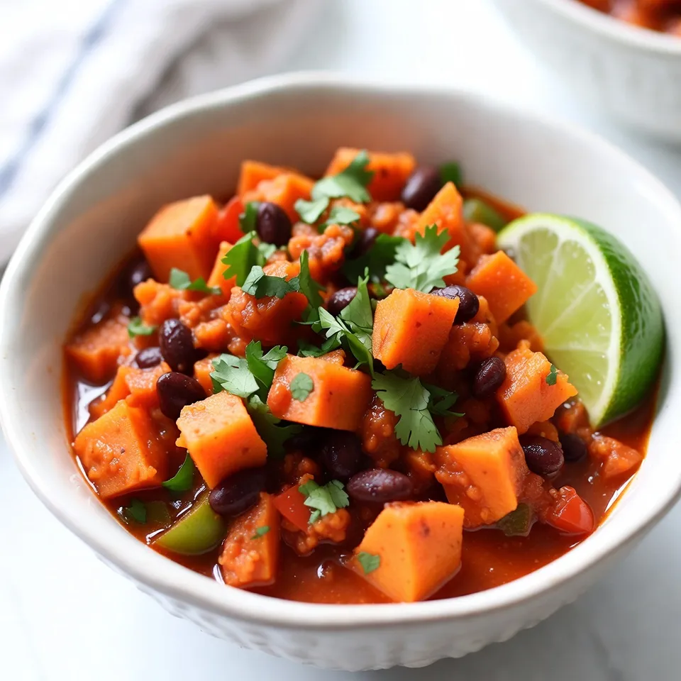 - 2 medium sweet potatoes, peeled and diced - 1 can (15 oz) black beans, drained and rinsed - 1 can (14 oz) diced tomatoes (with juices) - 1 green bell pepper, diced - 1 red onion, chopped - 3 cloves garlic, minced - 1 cup vegetable broth - 1 tablespoon olive oil - 1 tablespoon chili powder - 1 teaspoon cumin - ½ teaspoon smoked paprika - Salt and pepper to taste - Fresh cilantro, for garnish - Lime wedges, for serving Each ingredient plays a key role in this dish. Here are the precise amounts: - Sweet potatoes: 2 medium (about 2 cups diced) - Black beans: 1 can (15 oz) - Diced tomatoes: 1 can (14 oz) - Green bell pepper: 1 medium - Red onion: 1 medium - Garlic: 3 cloves - Vegetable broth: 1 cup - Olive oil: 1 tablespoon - Chili powder: 1 tablespoon - Cumin: 1 teaspoon - Smoked paprika: ½ teaspoon - Salt and pepper: to taste - Fresh cilantro: for garnish, as desired - Lime wedges: for serving, as desired Sweet potatoes are rich in vitamins A and C. They support your immune system and eye health. Black beans add protein and fiber, making the meal filling. They help with digestion and keep you satisfied. Tomatoes provide antioxidants, which can help fight inflammation. Bell peppers and onions add vitamins, minerals, and flavor. Garlic is known for its health benefits, such as boosting immunity. Olive oil offers healthy fats that support heart health. This chili is not just tasty; it is also good for you! {{ingredient_image_1}} Start by peeling and dicing two medium sweet potatoes. Make sure the pieces are even. This helps them cook well. Next, chop one red onion and dice one green bell pepper. I love using fresh veggies for a bright taste. Mince three cloves of garlic, as this adds great flavor. In a large pot, heat one tablespoon of olive oil over medium heat. Add the chopped onion and green bell pepper. Sauté these until they soften, about five minutes. The smell will make your kitchen feel warm and inviting. Then, stir in the minced garlic and cook for one more minute. You want to smell the garlic but not burn it. Now, add the diced sweet potatoes, one tablespoon of chili powder, one teaspoon of cumin, and half a teaspoon of smoked paprika. Toss in a pinch of salt and pepper. Stir everything together and let it cook for two to three minutes. This lets the spices coat the veggies nicely. Next, pour in one can of diced tomatoes with their juices and one cup of vegetable broth. Stir well and bring the mix to a boil. Once it boils, reduce the heat and let it simmer. Cover the pot and let the chili cook for about 20 minutes. You want the sweet potatoes to be tender. After 20 minutes, add one can of drained and rinsed black beans. Cook for another five minutes. Taste the chili and adjust the salt and pepper if needed. Serve the chili hot. I like to garnish it with fresh cilantro for a pop of color. A lime wedge on the side is great for squeezing over the chili. This adds a nice zing! Enjoy your flavorful vegan sweet potato black bean chili. To make your Vegan Sweet Potato Black Bean Chili even better, use fresh herbs. Fresh cilantro adds a bright taste. A squeeze of lime juice gives it a zesty kick. You can also try adding a dash of hot sauce. This will bring out the chili's heat and depth. For extra richness, consider adding a tablespoon of nut butter. This step adds creaminess without dairy. Sautéing the onions and peppers is key to building flavor. Cook them until they are soft and slightly caramelized. This step brings out their natural sweetness. When you add the spices, let them cook for a minute. This activates their oils and enhances their flavor. Always stir well when you add the sweet potatoes. This helps coat them in spice, adding more depth to the dish. One mistake is undercooking the sweet potatoes. Make sure they are tender before adding black beans. Overcooking can also be an issue. If you cook the chili too long, it may become mushy. Always taste as you go to adjust seasoning. If it’s too thick, just add more vegetable broth. If it’s too thin, let it simmer a bit longer. Pro Tips Use Fresh Ingredients: Fresh vegetables enhance the flavor of the chili. Opt for seasonal produce whenever possible for the best taste. Adjust the Spice Level: If you prefer a milder chili, reduce the amount of chili powder or add a pinch of sugar to balance the heat. Make it Ahead: This chili tastes even better the next day! Make a big batch and store leftovers in the fridge for easy meals throughout the week. Garnish for Flavor: Don't skip the fresh cilantro and lime wedges—they add a burst of freshness that elevates the overall taste of the chili. {{image_2}} You can swap sweet potatoes for butternut squash. This change adds a different texture. If you don’t have black beans, try kidney beans or pinto beans. They work well in this recipe too. For a fresher taste, you can use fresh tomatoes instead of canned ones. This will brighten up the chili and add more flavor. If you want to go gluten-free, check if your vegetable broth is certified gluten-free. If you like heat, add more chili powder or some diced jalapeños. You can also use cayenne pepper for a kick. If you prefer a milder chili, cut down on the chili powder. Adding a bit of sugar can also tame spiciness. You can even serve hot sauce on the side for those who want extra heat. Want to make your chili heartier? Add corn for a sweet crunch. Bell peppers come in many colors. Try using orange or yellow bell peppers for a fun twist. You can also toss in chopped kale or spinach for added nutrients. For a smoky flavor, add some diced chipotle peppers in adobo sauce. Each of these changes can give your chili a unique taste and texture. After enjoying your chili, let it cool down to room temperature. Then, transfer it to an airtight container. Store it in the fridge. It will stay fresh for about 3 to 5 days. If you want to enjoy it later, freezing is a great option. To reheat, scoop some chili into a pot. Heat it on low over the stove. Stir it often to avoid burning. You can also use a microwave. Place the chili in a microwave-safe bowl. Heat in 30-second bursts. Stir between heats until warm. For freezing, use freezer-safe containers or bags. Portion out the chili for easy meals. Make sure to leave some space in the container for expansion. It can last in the freezer for 2 to 3 months. When ready to eat, thaw it in the fridge overnight before reheating. Yes, you can make this chili in a slow cooker. Start by sautéing the onion and green pepper in olive oil until soft. Then, add all the ingredients to the slow cooker. Mix well and set it on low for 6 to 8 hours or on high for 3 to 4 hours. This method brings out the flavors nicely and makes it even easier. This chili pairs well with many sides. You can serve it with rice or quinoa for extra texture. Cornbread is another great choice, adding a sweet touch. You might also enjoy it with tortilla chips for a fun crunch. Add a side salad to freshen things up, or top it with avocado for creaminess. Your chili will last in the fridge for about 4 to 5 days. Store it in an airtight container for the best results. Reheating it is simple; just warm it on the stove or in the microwave. If you want to keep it longer, consider freezing it. This blog post covered the key ingredients for a vegan sweet potato black bean chili, explained how to cook it step-by-step, and shared useful tips. It also explored variations to make the dish your own and provided storage advice. Remember, cooking should be fun and easy. With these insights, you can make a tasty chili your way. Enjoy your cooking!