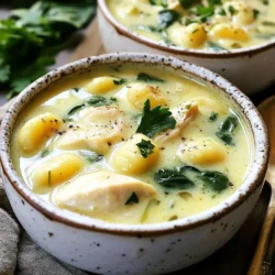 To make this creamy chicken gnocchi soup, you need a few key ingredients: - 1 tablespoon olive oil - 1 pound boneless, skinless chicken breasts, diced - 1 medium onion, finely chopped - 3 cloves garlic, minced - 2 carrots, diced - 2 ribs celery, diced - 6 cups chicken broth - 1 teaspoon dried thyme - 1 teaspoon dried oregano - 1 bay leaf - 16 ounces potato gnocchi - 1 cup heavy cream - 2 cups spinach, fresh - Salt and pepper to taste - Fresh parsley, chopped (for garnish) These ingredients come together to create a warm, filling soup. The chicken gives protein, while the gnocchi adds a nice texture. The mixture of vegetables adds flavor and nutrients. You can boost the taste of your soup with some optional garnishes: - Grated Parmesan cheese - Croutons for crunch - Fresh basil for a hint of sweetness These garnishes add a personal touch and enhance the overall experience of the meal. If you need to swap out some ingredients, here are a few ideas: - Use turkey instead of chicken for a lighter option. - Swap heavy cream with half-and-half for less fat. - Use vegetable broth instead of chicken broth for a vegetarian version. These substitutions can help you customize the soup to fit your needs. Keep in mind that changing ingredients may alter the flavor and texture slightly. {{ingredient_image_1}} Start by heating 1 tablespoon of olive oil in a large pot over medium heat. Next, add 1 pound of diced chicken. Cook it for about 5 to 7 minutes until it's browned. Once done, take the chicken out and set it aside. In the same pot, add 1 medium chopped onion, 3 minced garlic cloves, 2 diced carrots, and 2 diced celery ribs. Sauté these for about 5 minutes until they are soft. This mix will add great flavor to your soup. Now, pour in 6 cups of chicken broth. Add 1 teaspoon of dried thyme, 1 teaspoon of dried oregano, and 1 bay leaf. Bring the mix to a boil. Once boiling, add 16 ounces of potato gnocchi. Cook the gnocchi per the package instructions, which usually takes about 2 to 3 minutes. This will give your soup a nice, hearty texture. Return the cooked chicken to the pot. Now, stir in 1 cup of heavy cream and 2 cups of fresh spinach. Let the soup simmer for another 5 minutes. This step helps the spinach wilt and blend with the soup. Finally, season with salt and pepper to taste. Don’t forget to remove the bay leaf before serving. Enjoy your creamy chicken gnocchi soup hot, garnished with fresh parsley for a lovely finish! For a smooth and creamy soup, use heavy cream. Add it at the end of cooking. This keeps it rich and prevents curdling. Stir gently to mix with the broth. If you want it thicker, use a bit of cornstarch mixed with water. This will help your soup stay creamy. Always let the soup cool before storing. Place it in an airtight container. You can keep it in the fridge for up to three days. To freeze, use a freezer-safe container. It can last up to three months in the freezer. When reheating, do it slowly on low heat. This keeps the texture nice. Fresh herbs can boost the taste. Add parsley or basil just before serving. You can also try a pinch of red pepper flakes for some heat. For an earthy flavor, use more thyme or oregano. These simple changes can make a big difference. Don't be afraid to experiment! Pro Tips Use Fresh Ingredients: Fresh vegetables and herbs enhance the flavor of your soup, making it more vibrant and delicious. Adjust Creaminess: For a lighter soup, you can reduce the amount of heavy cream or substitute with half-and-half. Perfect Gnocchi Cooking: Be careful not to overcook the gnocchi; they should float to the top when done, which usually takes just a few minutes. Flavor Boost: Consider adding a splash of lemon juice or a sprinkle of parmesan cheese just before serving for an extra layer of flavor. {{image_2}} You can make a great vegetarian version of this soup. Instead of chicken, use mushrooms. They add a nice, meaty texture. For the broth, swap chicken broth with vegetable broth. This keeps the flavor rich without meat. Add more veggies like zucchini or bell peppers for extra color and taste. You’ll still get a creamy soup that warms the soul. Adding more vegetables boosts nutrition and flavor. Try tossing in some diced potatoes or green beans. You can also add corn, peas, or even kale. Each vegetable brings its own taste. This makes your soup more colorful and fun. Always remember to cut veggies into small pieces for even cooking. If you want to change up the protein, there are many options. Try diced tofu for a plant-based choice. You can also use cooked sausage or shrimp for a different taste. Just make sure to adjust the cooking time based on what you choose. These swaps will still give you a hearty, filling soup. Once you finish your creamy chicken gnocchi soup, let it cool. Store it in an airtight container. It stays fresh in the fridge for up to three days. Check for any signs of spoilage before eating. You can freeze this soup too. Pour it into freezer-safe bags or containers. Leave some space at the top for expansion. It lasts well in the freezer for up to three months. To thaw, place it in the fridge overnight. Reheat the soup on the stove over low heat. Stir it often to keep it smooth. If it thickens too much, add a splash of chicken broth or cream. Taste it again, and add salt and pepper if needed. Enjoy your warm bowl of comfort! Yes, you can use store-bought gnocchi. It saves time and effort. Fresh or frozen gnocchi works well too. Just follow the package instructions for cooking time. This makes the soup quick and simple to prepare. Creamy chicken gnocchi soup lasts about 3 to 4 days in the fridge. Store it in an airtight container. Make sure it cools before you seal it. This keeps the flavors fresh and delicious for your next meal. Yes, you can make this soup ahead of time. It tastes even better after resting. Just follow the recipe and let it cool. Store it in the fridge. When you’re ready, reheat it on the stove. Add a splash of cream if it's too thick. Enjoy this hearty meal anytime! This blog post covered how to make creamy chicken gnocchi soup. You learned about key ingredients like chicken, gnocchi, and cream. I shared steps to prepare the soup and tips for perfect texture. Variations and storage options showed how to customize and save your soup. Remember, you can swap ingredients or make it vegetarian. Enjoy this warm, flavorful dish that fits your needs!
