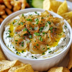 To make a great caramelized onion dip, gather these key ingredients: - 3 large yellow onions, thinly sliced - 2 tablespoons olive oil - 1 tablespoon unsalted butter - 1 teaspoon sugar - 1 teaspoon salt - 1 cup sour cream - 1 cup cream cheese, softened - 1 teaspoon garlic powder - 1 teaspoon onion powder - 1 tablespoon fresh thyme leaves (or 1 teaspoon dried thyme) These ingredients create a rich and creamy base that shines with the sweet taste of caramelized onions. The onions bring a deep flavor, while the cream cheese and sour cream make the dip smooth. You can elevate your dip with these garnishes: - 2 tablespoons fresh chives, chopped (for garnish) - Fresh veggies like carrots, celery, or bell peppers - Tortilla chips or crackers Chives add a nice pop of color and a slight onion flavor. Pairing the dip with fresh veggies or chips makes for a fun and tasty snack. If you need to swap out ingredients, here are some ideas: - Use red onions for a sweeter taste. - Replace sour cream with Greek yogurt for a tangy kick. - Try using low-fat cream cheese for a lighter dip. These substitutions can help you customize the dip to your tastes or dietary needs. Adjusting ingredients lets you enjoy this dip in your own way! {{ingredient_image_1}} To start, heat 2 tablespoons of olive oil and 1 tablespoon of unsalted butter in a large skillet. Use medium heat for this. Once the butter melts, add 3 large yellow onions that you have thinly sliced. Stir them well to coat with the oil and butter. Now, sprinkle 1 teaspoon of sugar and 1 teaspoon of salt over the onions. This helps with the caramelization. Lower the heat to low and cook the onions slowly. Stir them every so often. You want to cook them for about 30 to 40 minutes. They should turn deep golden brown and smell sweet. Once they are caramelized, take them off the heat and let them cool a bit. Next, grab a mixing bowl. Combine 1 cup of sour cream and 1 cup of softened cream cheese in it. You can use a hand mixer or a spatula to mix them together until they are smooth. Then, add in 1 teaspoon of garlic powder, 1 teaspoon of onion powder, and 1 tablespoon of fresh thyme leaves (or 1 teaspoon of dried thyme). Mix everything well until it is fully blended. Now, fold in the cooled caramelized onions into the creamy mixture. Make sure the onions are evenly spread throughout the dip. Transfer the dip into a serving bowl and sprinkle with fresh chives for a pop of color and flavor. Serve your dip with fresh veggies, crackers, or tortilla chips. Enjoy every creamy bite of this delightful dish! To caramelize onions well, use low heat. This slow cooking brings out their sweetness. Start with a mix of olive oil and butter. The butter adds flavor, while the oil prevents burning. Stir the onions often. This keeps them from sticking and burning. Add a pinch of sugar to help the process. Sugar boosts caramelization. Cook the onions for 30 to 40 minutes. Look for a deep golden brown color. This color means they are ready. You can make your dip even better by adding herbs and spices. Fresh thyme and chives give a nice touch. Thyme adds earthiness, while chives bring a mild onion flavor. If you like garlic, add garlic powder. This will give your dip a nice kick. You can also try different spices. A pinch of smoked paprika adds warmth. Mix and match to find what you love best. For a smooth and creamy dip, start with soft cream cheese. Let it sit at room temperature for a bit. This makes it easier to mix. Blend the sour cream and cream cheese well. Use a whisk or mixer for a lump-free texture. Once the onions cool, fold them in gently. This keeps the dip creamy and fluffy. Refrigerate the dip for a while before serving. Chilling helps the flavors blend and makes it even better. Pro Tips Choose the right onions: Yellow onions work best for caramelizing due to their natural sweetness, but you can also mix in some red onions for added color and flavor. Low and slow: Cooking the onions over low heat allows them to caramelize evenly without burning, resulting in a rich, sweet flavor. Adjust seasoning: Taste your dip before serving and consider adding more salt or herbs to enhance the flavor according to your preference. Make it ahead: This dip can be made a day in advance and stored in the fridge. The flavors will deepen as it sits, making it even tastier! {{image_2}} To add some heat, try a spicy twist. Mix in chopped jalapeños or crushed red pepper flakes. You can start with half a teaspoon and taste. Adjust as needed. This spice boost pairs well with the sweet onions. You will love how the flavors blend. If you love cheese, you can add more! Blend in shredded cheddar, mozzarella, or gouda. Cream cheese and sour cream work great with these cheeses. For a fun twist, try blue cheese for a bold flavor. This makes the dip rich and creamy. Want a vegan option? Swap out the cream cheese and sour cream for cashew cream or coconut yogurt. Use olive oil or vegan butter for cooking. This way, you can enjoy the dip without dairy. It will still taste amazing and creamy! After your gathering, store any leftover dip in an airtight container. Place it in the fridge. The dip will stay fresh for about three to four days. Just make sure the lid is on tight to keep it from drying out. If you want to keep the dip longer, freezing is a great option. Use a freezer-safe container. Leave some space at the top to allow for expansion. The dip can last up to two months in the freezer. When you’re ready to use it, let it thaw in the fridge overnight. When you’re ready to enjoy your dip again, reheat it gently. Place it in a pot over low heat. Stir it often to warm it through without burning. You can also microwave it in short bursts. Just make sure to stir between each burst. This keeps the dip creamy and tasty! Caramelized onion dip is a creamy and savory spread. It features rich, sweet onions that are cooked slowly until golden brown. The dip combines these onions with sour cream and cream cheese for a smooth texture. Garlic powder and thyme add extra flavor. It's perfect for parties or a tasty snack. Yes, you can make caramelized onion dip ahead of time. It tastes even better after resting. Prepare the dip and store it in the fridge. Just cover it tightly to keep it fresh. Before serving, let it sit for a few minutes at room temperature. This helps enhance the flavors. You can serve caramelized onion dip with many tasty options. Here are some ideas: - Fresh veggies like carrots and celery - Crackers for a crunchy bite - Tortilla chips for a fun twist - Sliced baguette for a classic touch These pairings make your dip even more enjoyable. Caramelized onion dip is a tasty treat, easy to prepare and share. We covered the key ingredients, tips for perfect texture, and fun variations like spicy and vegan options. Remember to store leftovers properly and enjoy them later. Make it ahead for parties or gatherings. With these tips, you can impress your friends and family with a dip that’s full of flavor. Enjoy every bite!