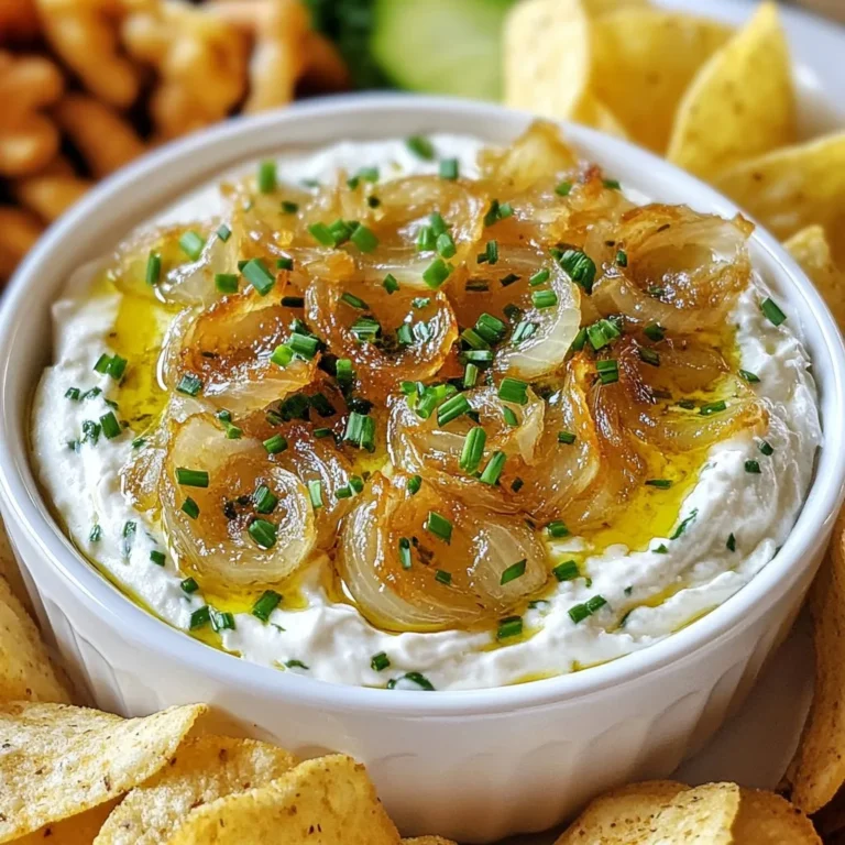 To make a great caramelized onion dip, gather these key ingredients: - 3 large yellow onions, thinly sliced - 2 tablespoons olive oil - 1 tablespoon unsalted butter - 1 teaspoon sugar - 1 teaspoon salt - 1 cup sour cream - 1 cup cream cheese, softened - 1 teaspoon garlic powder - 1 teaspoon onion powder - 1 tablespoon fresh thyme leaves (or 1 teaspoon dried thyme) These ingredients create a rich and creamy base that shines with the sweet taste of caramelized onions. The onions bring a deep flavor, while the cream cheese and sour cream make the dip smooth. You can elevate your dip with these garnishes: - 2 tablespoons fresh chives, chopped (for garnish) - Fresh veggies like carrots, celery, or bell peppers - Tortilla chips or crackers Chives add a nice pop of color and a slight onion flavor. Pairing the dip with fresh veggies or chips makes for a fun and tasty snack. If you need to swap out ingredients, here are some ideas: - Use red onions for a sweeter taste. - Replace sour cream with Greek yogurt for a tangy kick. - Try using low-fat cream cheese for a lighter dip. These substitutions can help you customize the dip to your tastes or dietary needs. Adjusting ingredients lets you enjoy this dip in your own way! {{ingredient_image_1}} To start, heat 2 tablespoons of olive oil and 1 tablespoon of unsalted butter in a large skillet. Use medium heat for this. Once the butter melts, add 3 large yellow onions that you have thinly sliced. Stir them well to coat with the oil and butter. Now, sprinkle 1 teaspoon of sugar and 1 teaspoon of salt over the onions. This helps with the caramelization. Lower the heat to low and cook the onions slowly. Stir them every so often. You want to cook them for about 30 to 40 minutes. They should turn deep golden brown and smell sweet. Once they are caramelized, take them off the heat and let them cool a bit. Next, grab a mixing bowl. Combine 1 cup of sour cream and 1 cup of softened cream cheese in it. You can use a hand mixer or a spatula to mix them together until they are smooth. Then, add in 1 teaspoon of garlic powder, 1 teaspoon of onion powder, and 1 tablespoon of fresh thyme leaves (or 1 teaspoon of dried thyme). Mix everything well until it is fully blended. Now, fold in the cooled caramelized onions into the creamy mixture. Make sure the onions are evenly spread throughout the dip. Transfer the dip into a serving bowl and sprinkle with fresh chives for a pop of color and flavor. Serve your dip with fresh veggies, crackers, or tortilla chips. Enjoy every creamy bite of this delightful dish! To caramelize onions well, use low heat. This slow cooking brings out their sweetness. Start with a mix of olive oil and butter. The butter adds flavor, while the oil prevents burning. Stir the onions often. This keeps them from sticking and burning. Add a pinch of sugar to help the process. Sugar boosts caramelization. Cook the onions for 30 to 40 minutes. Look for a deep golden brown color. This color means they are ready. You can make your dip even better by adding herbs and spices. Fresh thyme and chives give a nice touch. Thyme adds earthiness, while chives bring a mild onion flavor. If you like garlic, add garlic powder. This will give your dip a nice kick. You can also try different spices. A pinch of smoked paprika adds warmth. Mix and match to find what you love best. For a smooth and creamy dip, start with soft cream cheese. Let it sit at room temperature for a bit. This makes it easier to mix. Blend the sour cream and cream cheese well. Use a whisk or mixer for a lump-free texture. Once the onions cool, fold them in gently. This keeps the dip creamy and fluffy. Refrigerate the dip for a while before serving. Chilling helps the flavors blend and makes it even better. Pro Tips Choose the right onions: Yellow onions work best for caramelizing due to their natural sweetness, but you can also mix in some red onions for added color and flavor. Low and slow: Cooking the onions over low heat allows them to caramelize evenly without burning, resulting in a rich, sweet flavor. Adjust seasoning: Taste your dip before serving and consider adding more salt or herbs to enhance the flavor according to your preference. Make it ahead: This dip can be made a day in advance and stored in the fridge. The flavors will deepen as it sits, making it even tastier! {{image_2}} To add some heat, try a spicy twist. Mix in chopped jalapeños or crushed red pepper flakes. You can start with half a teaspoon and taste. Adjust as needed. This spice boost pairs well with the sweet onions. You will love how the flavors blend. If you love cheese, you can add more! Blend in shredded cheddar, mozzarella, or gouda. Cream cheese and sour cream work great with these cheeses. For a fun twist, try blue cheese for a bold flavor. This makes the dip rich and creamy. Want a vegan option? Swap out the cream cheese and sour cream for cashew cream or coconut yogurt. Use olive oil or vegan butter for cooking. This way, you can enjoy the dip without dairy. It will still taste amazing and creamy! After your gathering, store any leftover dip in an airtight container. Place it in the fridge. The dip will stay fresh for about three to four days. Just make sure the lid is on tight to keep it from drying out. If you want to keep the dip longer, freezing is a great option. Use a freezer-safe container. Leave some space at the top to allow for expansion. The dip can last up to two months in the freezer. When you’re ready to use it, let it thaw in the fridge overnight. When you’re ready to enjoy your dip again, reheat it gently. Place it in a pot over low heat. Stir it often to warm it through without burning. You can also microwave it in short bursts. Just make sure to stir between each burst. This keeps the dip creamy and tasty! Caramelized onion dip is a creamy and savory spread. It features rich, sweet onions that are cooked slowly until golden brown. The dip combines these onions with sour cream and cream cheese for a smooth texture. Garlic powder and thyme add extra flavor. It's perfect for parties or a tasty snack. Yes, you can make caramelized onion dip ahead of time. It tastes even better after resting. Prepare the dip and store it in the fridge. Just cover it tightly to keep it fresh. Before serving, let it sit for a few minutes at room temperature. This helps enhance the flavors. You can serve caramelized onion dip with many tasty options. Here are some ideas: - Fresh veggies like carrots and celery - Crackers for a crunchy bite - Tortilla chips for a fun twist - Sliced baguette for a classic touch These pairings make your dip even more enjoyable. Caramelized onion dip is a tasty treat, easy to prepare and share. We covered the key ingredients, tips for perfect texture, and fun variations like spicy and vegan options. Remember to store leftovers properly and enjoy them later. Make it ahead for parties or gatherings. With these tips, you can impress your friends and family with a dip that’s full of flavor. Enjoy every bite!