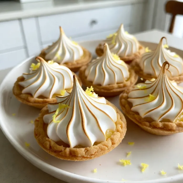 To make these delightful mini pies, you need a few key ingredients: - 1 cup all-purpose flour - 1/4 cup powdered sugar - 1/2 cup unsalted butter, chilled and cubed - 1 egg yolk - 2-3 tablespoons cold water - 1/2 cup granulated sugar - 1/4 cup cornstarch - 1 1/2 cups water - 3 large eggs, separated - 1/2 cup fresh lemon juice - Zest of 1 lemon - 1 tablespoon unsalted butter - 1/4 teaspoon cream of tartar - 1/2 cup granulated sugar (for meringue) The crust is simple yet important. You will need: - All-purpose flour for structure - Powdered sugar for sweetness - Unsalted butter for richness - An egg yolk for binding - Cold water to bring it all together The filling and meringue make these pies shine. Gather these: - Granulated sugar to sweeten the filling - Cornstarch to thicken the lemon filling - Water to cook the filling - Fresh lemon juice for that zesty flavor - Lemon zest for extra aroma - Unsalted butter for creaminess - Egg whites for the meringue - Cream of tartar to stabilize the meringue - Extra granulated sugar for making the meringue sweet and fluffy These ingredients will help you create a perfect balance of tartness and sweetness, all topped with fluffy meringue. Enjoy the process of making these mini lemon meringue pies! {{ingredient_image_1}} To start, gather your ingredients. You need flour, powdered sugar, butter, egg yolk, and cold water. In a mixing bowl, mix the flour and powdered sugar. Then, cut in the cubed butter until it looks like coarse crumbs. Next, stir in the egg yolk. Slowly add cold water, one tablespoon at a time, until a dough forms. Shape this dough into a ball, wrap it in plastic, and chill it for at least 30 minutes. This step helps the crust stay flaky. While the dough chills, let’s make the lemon filling. In a saucepan, whisk together granulated sugar, cornstarch, and water. Cook over medium heat. Stir constantly until the mixture thickens. Once thick, remove it from the heat. In a separate bowl, whisk the egg yolks. Slowly add some of the hot mixture to temper the yolks, then whisk it all back into the saucepan. Finally, stir in the fresh lemon juice, lemon zest, and butter until it is all smooth. Now, let’s make the meringue. In a mixing bowl, beat the egg whites with cream of tartar until soft peaks form. Gradually add sugar while beating until stiff peaks form. Next, take your cooled pie crusts and fill them about three-quarters full with the lemon filling. Spoon the meringue over the lemon filling. Make sure to seal the edges to avoid shrinking. Use the back of a spoon to create peaks and swirls. Bake again in a preheated oven for 10-12 minutes until the meringue is golden brown. Let the mini pies cool completely before serving. Enjoy these delightful treats! To make a great meringue, start with clean tools. Any grease can ruin your meringue. Use fresh egg whites that are at room temperature. This helps them whip up better. Add the cream of tartar early. It stabilizes the egg whites. Beat until soft peaks form, then add sugar slowly. This creates a nice shine. Keep beating until you see stiff peaks. The meringue should hold its shape well. One common mistake is over-beating the meringue. This can cause it to become dry. Another issue is not sealing the edges of the meringue. This leads to shrinking in the oven. Avoid adding the meringue too early. It should be added after the lemon filling is cool. Lastly, do not open the oven door while baking. This can cause the meringue to crack. Bake your mini pies until the meringue is golden brown. This usually takes about 10-12 minutes. Make sure to preheat your oven. A hot oven helps the meringue rise. For even baking, use a middle rack. Let the pies cool completely before serving. This allows the filling to set properly. If you want a pop of color, garnish with lemon zest or mint! Pro Tips Chill the Dough: Make sure to chill your dough for at least 30 minutes. This helps the butter solidify, resulting in a flaky crust. Tempering Eggs: When adding hot mixtures to the egg yolks, do it slowly to prevent scrambling. This technique ensures a smooth lemon filling. Stiff Peaks: When making meringue, ensure your mixing bowl and beaters are clean and dry. This guarantees that the egg whites whip to their fullest potential. Sealing the Meringue: Spread the meringue all the way to the edges of the pie crust. This prevents shrinking and creates a beautiful presentation. {{image_2}} You can play with flavors in mini lemon meringue pies. Try lime juice for a tasty twist. You can also use orange juice for a sweet, fresh touch. Grapefruit juice adds a fun bitterness. Mix lemon and berry flavors for a fruity surprise. Just remember to balance the sweetness for each flavor. While a classic pie crust is great, other options exist. Use crushed graham crackers for a quick crust. This gives a sweet and crunchy taste. Almond flour makes a gluten-free option that’s still delicious. You could also try phyllo dough for a light and flaky texture. Each crust adds its own charm to the pie. Serve mini lemon meringue pies on a colorful plate. A sprinkle of fresh lemon zest on top looks great. Add a mint leaf for a pop of green. You can also pair them with whipped cream for added creaminess. For a fun touch, serve with a scoop of lemon sorbet. These small pies are perfect for a sunny day! To store your mini lemon meringue pies, place them in an airtight container. Keep them in the fridge. This helps keep the meringue fluffy and the filling fresh. Avoid stacking the pies to prevent smushing. If you need to keep them longer, consider other options. Freezing mini lemon meringue pies is a bit tricky. The meringue does not freeze well. However, you can freeze the pie shells and lemon filling separately. For the shells, wrap them in plastic wrap and place them in a freezer bag. For the filling, store it in a container with a tight lid. When ready to serve, thaw the shells and filling in the fridge. Then, assemble them fresh. To keep your mini lemon meringue pies fresh, serve them the same day if possible. If you have leftovers, place them in the fridge right away. Adding a piece of parchment paper between the pie and the lid helps keep the meringue dry. Avoid exposing the pies to air and moisture. Enjoy your tasty treats at their best! Yes, you can make the lemon filling ahead of time. Store it in the fridge. Use an airtight container to keep it fresh. The filling will last up to three days. Just reheat it gently before filling the crusts. You can use bottled lemon juice if fresh isn’t available. Look for juice labeled 100% lemon juice. You can also try using lime juice for a twist. Just remember that it will change the flavor a bit. You can keep mini lemon meringue pies for up to two days in the fridge. Make sure to cover them lightly with plastic wrap. The meringue may lose its texture over time, so enjoy them fresh! You learned how to create delicious mini lemon meringue pies with simple steps. We covered the main ingredients, from the crust to the filling and meringue. You now know tips for perfecting meringue and avoiding common mistakes. Variations and storage tips help you adapt the recipe to your needs. Enjoy making these pies and impress your friends and family. Let each bite remind you of the joy of baking.