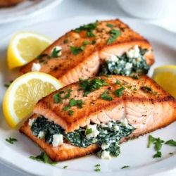 To make creamy spinach stuffed salmon, you will need: - 4 salmon fillets, skinless - 2 cups fresh spinach, chopped - 1 cup cream cheese, softened - 1/2 cup feta cheese, crumbled - 1/4 cup grated Parmesan cheese - 2 cloves garlic, minced - 1 tablespoon lemon juice - 1 teaspoon dried oregano - Salt and pepper to taste - 2 tablespoons olive oil These ingredients come together to create a rich and tasty filling. For the perfect flavor, I use three types of cheese: - Cream cheese adds creaminess. - Feta cheese gives a tangy taste. - Parmesan cheese adds a salty flavor. I also use garlic, lemon juice, and oregano for a bright taste. Salt and pepper enhance the flavors too. You can try some optional ingredients to customize your dish: - Add chopped sun-dried tomatoes for a sweeter touch. - You could also mix in artichoke hearts for extra flavor. - For spice, add a pinch of red pepper flakes. These extras can make your salmon even more delicious! {{ingredient_image_1}} To start, gather all your ingredients. This makes cooking easier. You will need: - 4 salmon fillets, skinless - 2 cups fresh spinach, chopped - 1 cup cream cheese, softened - 1/2 cup feta cheese, crumbled - 1/4 cup grated Parmesan cheese - 2 cloves garlic, minced - 1 tablespoon lemon juice - 1 teaspoon dried oregano - Salt and pepper to taste - 2 tablespoons olive oil Next, preheat your oven to 375°F (190°C). This ensures the salmon cooks evenly. While the oven heats, grab a skillet. Add 1 tablespoon of olive oil and heat it on medium. Once hot, add the minced garlic. Cook it for about 1 minute until you smell its nice aroma. Add the chopped spinach to the skillet next. Cook it for 2-3 minutes until it wilts. Remove the skillet from the heat and let the spinach cool a bit. In a mixing bowl, combine the softened cream cheese, crumbled feta, grated Parmesan, lemon juice, dried oregano, and your sautéed spinach. Mix it all until it is smooth and well blended. Don't forget to season with salt and pepper to taste. Now, take your salmon fillets. Use a sharp knife to make a cut on the side of each fillet. This creates a pocket for your creamy filling. Stuff each pocket generously with the spinach mixture. Gently press to make sure it stays inside. Heat the remaining tablespoon of olive oil in an oven-safe skillet over medium-high heat. Once the oil is hot, add your stuffed salmon fillets. Cook each side for 3-4 minutes until they turn golden brown. After browning, transfer the skillet to your preheated oven. Bake the salmon for an additional 10-12 minutes. It’s done when it flakes easily with a fork. Once cooked, remove the skillet from the oven. Let the salmon rest for a few minutes before serving. This helps keep the juices inside. For a lovely presentation, serve the salmon on a white platter. Garnish with lemon wedges and fresh herbs. Pair it with roasted veggies or a light salad for a complete meal. Enjoy your tasty dish! To get perfectly cooked salmon, first buy fresh fillets. Look for bright color and firm texture. When cooking, aim for a medium heat. This helps the salmon cook evenly. Start by searing the stuffed salmon for 3-4 minutes on each side. Then, bake it in the oven for about 10-12 minutes. The salmon is ready when it easily flakes with a fork. A meat thermometer can help too. Aim for an internal temperature of 145°F (63°C). Store any leftover salmon in an airtight container in the fridge. It stays fresh for up to three days. To reheat, place the salmon in the oven at 350°F (175°C). Heat for about 10 minutes or until warm. You can also use a microwave. Just heat in short bursts to avoid drying it out. If you want, add a splash of water before microwaving. For a stunning presentation, use a white platter. This makes the salmon pop with color. Garnish with lemon wedges and fresh herbs. A sprinkle of parsley or dill can add a nice touch. You can also serve with roasted vegetables or a light salad. This adds color and enhances the meal's appeal. Remember, we eat with our eyes first! Pro Tips Use Fresh Spinach: Fresh spinach provides a vibrant flavor and texture that frozen spinach can't replicate. Ensure to wash and dry it thoroughly before using. Customize the Cheese: Feel free to mix up the cheeses! Adding mozzarella or goat cheese can give the filling a unique twist. Check Salmon for Freshness: Look for bright, moist fillets that smell like the ocean. Avoid any fish that appears dull or smells overly fishy. Let it Rest: Allow the salmon to rest for a few minutes after baking. This helps the juices redistribute, making each bite extra tender. {{image_2}} You can change the cheese in this recipe. If you want a milder taste, use cream cheese alone. For a richer flavor, try goat cheese instead of feta. You can also mix in some mozzarella for a gooey texture. Just keep in mind that different cheeses will change the overall taste. Fresh spinach works best, but you can swap it for frozen spinach. Make sure to thaw and drain any extra water. Other greens like kale or Swiss chard can also work. Just chop them finely and cook until soft. This gives a nice twist to the dish. Want more flavor? Add some sun-dried tomatoes or artichoke hearts to the cheese mix. For a kick, try adding red pepper flakes or chopped jalapeños. Fresh herbs like basil or dill can also brighten up the dish. You can experiment to find your favorite combination. To keep your creamy spinach stuffed salmon fresh, store it in an airtight container. Place it in the fridge right after it cools. This helps keep the salmon moist and safe to eat. Use a container that fits the salmon well to avoid air exposure. You can freeze salmon if you want to save leftovers. Wrap each piece tightly in plastic wrap. Then, place them in a freezer-safe bag. Make sure to remove as much air as possible. This way, the salmon stays fresh for up to three months. When you're ready to eat, thaw it in the fridge overnight before reheating. Cooked salmon can last in the fridge for about three to four days. If you notice any off smells or changes in color, it is best to discard it. Always check for signs of spoilage before eating leftovers. Enjoy your meal safely! You can serve many sides with this dish. Here are some great options: - Roasted vegetables like carrots, broccoli, or asparagus. - A light salad with mixed greens, cucumbers, and a simple vinaigrette. - Quinoa or rice for a hearty side. - Garlic bread to soak up the tasty juices. These sides balance the rich flavors of the salmon and add freshness. Yes, you can use frozen salmon. Just make sure to thaw it first. The best way is to leave it in the fridge overnight. If you need it fast, you can run cold water over it. Once thawed, you can follow the same steps in the recipe. Just ensure the salmon is cooked through. Check the salmon for a few signs. First, look for a light pink color that is opaque. The salmon should flake easily with a fork. If you have a food thermometer, aim for an internal temperature of 145°F (63°C). This tells you the fish is safe to eat. Remember to let it rest for a few minutes before serving. We covered how to make creamy spinach stuffed salmon from start to finish. You learned about the key ingredients, each step needed, and tips for cooking. I shared ways to store your dish and ideas for variations. Always check for doneness to ensure safety. This salmon dish is not just tasty; it's also versatile. Enjoy experimenting with flavors and ingredients to make it your own. Happy cooking!
