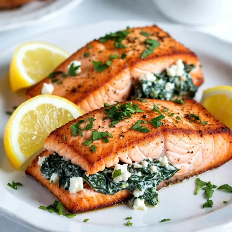 To make creamy spinach stuffed salmon, you will need: - 4 salmon fillets, skinless - 2 cups fresh spinach, chopped - 1 cup cream cheese, softened - 1/2 cup feta cheese, crumbled - 1/4 cup grated Parmesan cheese - 2 cloves garlic, minced - 1 tablespoon lemon juice - 1 teaspoon dried oregano - Salt and pepper to taste - 2 tablespoons olive oil These ingredients come together to create a rich and tasty filling. For the perfect flavor, I use three types of cheese: - Cream cheese adds creaminess. - Feta cheese gives a tangy taste. - Parmesan cheese adds a salty flavor. I also use garlic, lemon juice, and oregano for a bright taste. Salt and pepper enhance the flavors too. You can try some optional ingredients to customize your dish: - Add chopped sun-dried tomatoes for a sweeter touch. - You could also mix in artichoke hearts for extra flavor. - For spice, add a pinch of red pepper flakes. These extras can make your salmon even more delicious! {{ingredient_image_1}} To start, gather all your ingredients. This makes cooking easier. You will need: - 4 salmon fillets, skinless - 2 cups fresh spinach, chopped - 1 cup cream cheese, softened - 1/2 cup feta cheese, crumbled - 1/4 cup grated Parmesan cheese - 2 cloves garlic, minced - 1 tablespoon lemon juice - 1 teaspoon dried oregano - Salt and pepper to taste - 2 tablespoons olive oil Next, preheat your oven to 375°F (190°C). This ensures the salmon cooks evenly. While the oven heats, grab a skillet. Add 1 tablespoon of olive oil and heat it on medium. Once hot, add the minced garlic. Cook it for about 1 minute until you smell its nice aroma. Add the chopped spinach to the skillet next. Cook it for 2-3 minutes until it wilts. Remove the skillet from the heat and let the spinach cool a bit. In a mixing bowl, combine the softened cream cheese, crumbled feta, grated Parmesan, lemon juice, dried oregano, and your sautéed spinach. Mix it all until it is smooth and well blended. Don't forget to season with salt and pepper to taste. Now, take your salmon fillets. Use a sharp knife to make a cut on the side of each fillet. This creates a pocket for your creamy filling. Stuff each pocket generously with the spinach mixture. Gently press to make sure it stays inside. Heat the remaining tablespoon of olive oil in an oven-safe skillet over medium-high heat. Once the oil is hot, add your stuffed salmon fillets. Cook each side for 3-4 minutes until they turn golden brown. After browning, transfer the skillet to your preheated oven. Bake the salmon for an additional 10-12 minutes. It’s done when it flakes easily with a fork. Once cooked, remove the skillet from the oven. Let the salmon rest for a few minutes before serving. This helps keep the juices inside. For a lovely presentation, serve the salmon on a white platter. Garnish with lemon wedges and fresh herbs. Pair it with roasted veggies or a light salad for a complete meal. Enjoy your tasty dish! To get perfectly cooked salmon, first buy fresh fillets. Look for bright color and firm texture. When cooking, aim for a medium heat. This helps the salmon cook evenly. Start by searing the stuffed salmon for 3-4 minutes on each side. Then, bake it in the oven for about 10-12 minutes. The salmon is ready when it easily flakes with a fork. A meat thermometer can help too. Aim for an internal temperature of 145°F (63°C). Store any leftover salmon in an airtight container in the fridge. It stays fresh for up to three days. To reheat, place the salmon in the oven at 350°F (175°C). Heat for about 10 minutes or until warm. You can also use a microwave. Just heat in short bursts to avoid drying it out. If you want, add a splash of water before microwaving. For a stunning presentation, use a white platter. This makes the salmon pop with color. Garnish with lemon wedges and fresh herbs. A sprinkle of parsley or dill can add a nice touch. You can also serve with roasted vegetables or a light salad. This adds color and enhances the meal's appeal. Remember, we eat with our eyes first! Pro Tips Use Fresh Spinach: Fresh spinach provides a vibrant flavor and texture that frozen spinach can't replicate. Ensure to wash and dry it thoroughly before using. Customize the Cheese: Feel free to mix up the cheeses! Adding mozzarella or goat cheese can give the filling a unique twist. Check Salmon for Freshness: Look for bright, moist fillets that smell like the ocean. Avoid any fish that appears dull or smells overly fishy. Let it Rest: Allow the salmon to rest for a few minutes after baking. This helps the juices redistribute, making each bite extra tender. {{image_2}} You can change the cheese in this recipe. If you want a milder taste, use cream cheese alone. For a richer flavor, try goat cheese instead of feta. You can also mix in some mozzarella for a gooey texture. Just keep in mind that different cheeses will change the overall taste. Fresh spinach works best, but you can swap it for frozen spinach. Make sure to thaw and drain any extra water. Other greens like kale or Swiss chard can also work. Just chop them finely and cook until soft. This gives a nice twist to the dish. Want more flavor? Add some sun-dried tomatoes or artichoke hearts to the cheese mix. For a kick, try adding red pepper flakes or chopped jalapeños. Fresh herbs like basil or dill can also brighten up the dish. You can experiment to find your favorite combination. To keep your creamy spinach stuffed salmon fresh, store it in an airtight container. Place it in the fridge right after it cools. This helps keep the salmon moist and safe to eat. Use a container that fits the salmon well to avoid air exposure. You can freeze salmon if you want to save leftovers. Wrap each piece tightly in plastic wrap. Then, place them in a freezer-safe bag. Make sure to remove as much air as possible. This way, the salmon stays fresh for up to three months. When you're ready to eat, thaw it in the fridge overnight before reheating. Cooked salmon can last in the fridge for about three to four days. If you notice any off smells or changes in color, it is best to discard it. Always check for signs of spoilage before eating leftovers. Enjoy your meal safely! You can serve many sides with this dish. Here are some great options: - Roasted vegetables like carrots, broccoli, or asparagus. - A light salad with mixed greens, cucumbers, and a simple vinaigrette. - Quinoa or rice for a hearty side. - Garlic bread to soak up the tasty juices. These sides balance the rich flavors of the salmon and add freshness. Yes, you can use frozen salmon. Just make sure to thaw it first. The best way is to leave it in the fridge overnight. If you need it fast, you can run cold water over it. Once thawed, you can follow the same steps in the recipe. Just ensure the salmon is cooked through. Check the salmon for a few signs. First, look for a light pink color that is opaque. The salmon should flake easily with a fork. If you have a food thermometer, aim for an internal temperature of 145°F (63°C). This tells you the fish is safe to eat. Remember to let it rest for a few minutes before serving. We covered how to make creamy spinach stuffed salmon from start to finish. You learned about the key ingredients, each step needed, and tips for cooking. I shared ways to store your dish and ideas for variations. Always check for doneness to ensure safety. This salmon dish is not just tasty; it's also versatile. Enjoy experimenting with flavors and ingredients to make it your own. Happy cooking!