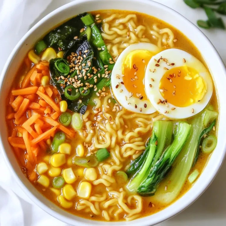- 4 cups vegetable broth - 2 tablespoons miso paste (red or white) - 1 tablespoon soy sauce - 1 tablespoon sesame oil - 2 cloves garlic, minced - 1-inch piece of ginger, grated - 2 packets of fresh ramen noodles - 1 cup bok choy, chopped - 1 carrot, julienned - 1/2 cup corn kernels (fresh or frozen) - 1 green onion, sliced - Sesame seeds for garnish - Nori sheets (for garnish, optional) I love this dish because it is warm and full of flavor. Each ingredient adds something special. The vegetable broth makes a great base. Miso paste gives it a rich taste. Soy sauce adds depth, while sesame oil gives a nutty hint. Fresh garlic and ginger boost the flavor. Garlic adds a zesty kick, while ginger brings warmth. Ramen noodles create a perfect, chewy texture. For vegetables, bok choy gives crunch and color. Julienned carrots add sweetness and brightness. Corn kernels bring a pop of flavor. Finally, green onion adds a fresh finish to each bowl. Garnishing with sesame seeds and nori sheets makes the dish beautiful. These small touches create a lovely presentation. You will want to share this meal with friends! {{ingredient_image_1}} To make perfect soft-boiled eggs, start by boiling water in a small pot. Carefully add your eggs to the pot. Cook them for 6-7 minutes for a runny yolk. After cooking, remove the eggs and place them in a bowl filled with ice water. Let them cool for a few minutes. This cooling step makes peeling easier. Once cooled, gently tap the eggs on a hard surface. Peel the eggs carefully and set them aside for later. Next, we focus on the broth. In a large pot, heat 1 tablespoon of sesame oil over medium heat. Once hot, add 2 cloves of minced garlic and 1-inch of grated ginger. Stir them for about 30 seconds until you smell the aroma. This step builds the base flavor. Now, stir in 2 tablespoons of miso paste and 1 tablespoon of soy sauce. Mix well until the miso paste dissolves completely. Then, pour in 4 cups of vegetable broth. Bring the broth to a gentle simmer. Add 1 tablespoon of chili paste to the broth. Adjust the amount to your spice preference. Once the broth is simmering, it’s time to cook the ramen. Add the fresh ramen noodles to the pot. Follow the package instructions, usually 3-4 minutes. In the last minute of cooking, add 1 cup of chopped bok choy, 1 julienned carrot, and 1/2 cup of corn. Stir them in gently. This keeps the veggies crunchy and fresh. When everything is cooked, take the pot off the heat. Now, it’s time to plate your dish. Ladle the spicy miso broth with noodles and vegetables into bowls. Cut the soft-boiled eggs in half and place them on top of the noodles. For the finishing touch, garnish with sliced green onions, sesame seeds, and nori sheets if you like. Enjoy your delicious comfort meal! Timing is crucial when making soft-boiled eggs. Cook them for exactly 6-7 minutes. This gives you a runny yolk that adds creaminess to your ramen. After cooking, place the eggs in an ice bath. This cools them quickly and makes peeling easier. The cold water helps the shell separate from the egg white. You can adjust the spice level with chili paste. If you want it milder, add less. For a spicier kick, feel free to add more. Different types of miso also change the flavor. Red miso is bold and salty, while white miso is milder and sweeter. Experiment with both to find your favorite. Plating is key for a beautiful dish. Use deep bowls to hold the broth and noodles. Ladle the broth over the noodles gently. Cut the soft-boiled eggs in half and place them on top. Garnish with sliced green onions and sesame seeds for texture. Nori sheets add a nice touch too. They look great and bring extra flavor. Pro Tips Egg Perfection: For the best soft-boiled eggs, use eggs that are at room temperature to ensure even cooking. Adjusting Spice: Start with a small amount of chili paste, as you can always add more later if you prefer extra heat. Fresh Noodles: If using fresh ramen noodles, they will cook quickly. Keep an eye on them to prevent overcooking. Veggie Crunch: To keep your vegetables vibrant and crunchy, add them to the broth during the last minute of cooking. {{image_2}} You can make your ramen even better by adding proteins. Chicken, tofu, or shrimp all work well. - Chicken: Use cooked, shredded chicken for a hearty meal. Add it at the end to heat through. - Tofu: Firm tofu adds texture. Cube it and pan-fry until golden. Toss it in just before serving. - Shrimp: Fresh or frozen shrimp cooks fast. Add it to the broth for the last few minutes. If you want a vegetarian option, you can change a few things. - Broth: Use vegetable broth instead of chicken broth. It keeps the flavor strong and rich. - Veggies: You can add mushrooms, bell peppers, or spinach. These add great taste and color. - Toppings: Try avocado slices or bean sprouts for extra crunch and freshness. You can control how spicy your ramen is. Here’s how to adjust the heat. - Mild Ramen: Use less chili paste. Start with a teaspoon and taste as you go. - Extra Spicy: Add more chili paste or a sprinkle of red pepper flakes. You can also try fresh chili slices. - Other Heat Sources: For a smoky kick, add a dash of hot sauce or use spicy sesame oil. Feel free to mix and match these options to make your perfect bowl of spicy miso ramen! To store leftover ramen, separate the broth from the noodles. This keeps the noodles from getting soggy. Place the broth in an airtight container and let it cool. Store it in the fridge for up to four days. The noodles can be stored in a separate container for two to three days. To reheat ramen, warm the broth in a pot over low heat. Avoid boiling, as it can ruin the flavor. For noodles, place them in boiling water for just a minute. This method helps keep the texture right. If you have veggies, add them to the broth for a minute before serving. You can freeze the broth and noodles separately. Pour the cooled broth into freezer-safe bags, removing as much air as possible. Noodles can be frozen in a separate bag. They last about three months in the freezer. When ready to eat, thaw the broth in the fridge overnight. Reheat it gently, then add the noodles. The best type of miso for ramen depends on your taste. Red miso has a strong, bold flavor. It brings depth and richness to your broth. White miso is milder and sweeter. It adds a gentle umami taste. I often use a mix of both. This way, you get the best of both worlds. Yes, you can make this ramen vegan easily. Use vegetable broth instead of chicken broth. Choose white miso for a lighter flavor. Replace the eggs with tofu or mushrooms for protein. You can also add more veggies like spinach or bell peppers. This makes a tasty and filling vegan dish. Adding protein is simple and tasty. For meat lovers, chicken or pork work well. Cook the meat in the broth to infuse flavor. If you prefer plant-based options, try adding tofu or edamame. Both are great sources of protein. You can also consider tempeh or chickpeas for a different twist. This blog post covered how to make a delicious ramen dish. We explored ingredients, cooking steps, and tips for great flavor. You learned about storing, reheating, and even variations to suit your tastes. Remember, making ramen can be fun and tasty with your own twists. Enjoy creating your unique bowl of ramen. It’s a great way to experiment and enjoy meals at home. Happy cooking!