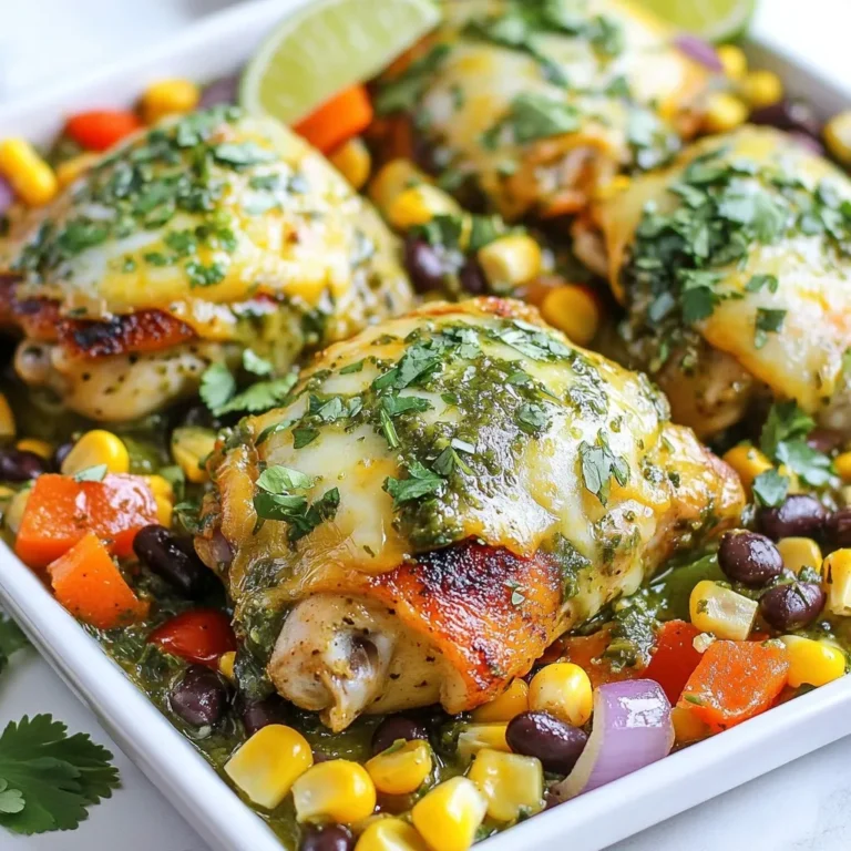 - 4 boneless, skinless chicken thighs - 1 cup salsa verde - 1 cup corn (frozen or fresh) - 1 cup black beans, rinsed and drained - 1 bell pepper (diced) - 1 small red onion (diced) - 2 cloves garlic (minced) - 1 teaspoon cumin - 1 teaspoon smoked paprika - 1 cup shredded cheese (cheddar or Monterey Jack) - Fresh cilantro (for garnish) - Lime wedges (for serving) Gathering the right ingredients makes cooking easy and fun. You need four chicken thighs for a juicy base. The salsa verde adds a zesty kick. Corn and black beans bring texture and color. Choose any bell pepper you like; it adds sweetness. The red onion gives a nice bite. Garlic, cumin, and smoked paprika bring depth to the dish. Finally, cheese melts over the top for creaminess. Don't forget the cilantro and lime for fresh flavor. These bright touches make each bite pop. With all these ingredients ready, you are set for a delicious meal. {{ingredient_image_1}} - Preheat your oven to 400°F (200°C). - Heat a splash of olive oil in a large oven-safe skillet over medium heat. - Add diced red onion and bell pepper; sauté for 3-4 minutes. - Stir in minced garlic and spices; cook until fragrant. - Push vegetables aside and season chicken thighs with salt and pepper. - Pour salsa verde over chicken and add corn and black beans around it. - Cover and bake for 25-30 minutes until chicken is fully cooked. - Add cheese and bake uncovered for an additional 5-7 minutes until melted. To make sure your chicken is safe to eat, check its internal temperature. It should reach 165°F or 75°C. I always recommend using a meat thermometer for this. It gives a precise read and helps avoid overcooking. For more flavor, you can marinate the chicken in salsa verde for at least an hour. This simple step makes a big difference. Fresh herbs, like cilantro, add brightness when you garnish the dish. They also make your meal look pretty. If you don’t have chicken thighs, you can use drumsticks or breasts instead. They work well and cook similarly. Also, feel free to swap in different beans or veggies based on what you like. Black beans are tasty, but pinto or kidney beans work too! Pro Tips Use Fresh Ingredients: For the best flavor, use fresh vegetables and herbs whenever possible. Freshness enhances the overall taste of the dish. Customize the Spice Level: Adjust the spiciness of the dish by selecting different salsa verde varieties. You can also add jalapeños for an extra kick. Let It Rest: After baking, allow the dish to rest for a few minutes before serving. This helps the juices redistribute, making the chicken more tender. Garnish Wisely: Fresh cilantro and lime wedges come highly recommended as garnishes. They add a refreshing brightness that complements the dish beautifully. {{image_2}} You can make this dish vegetarian by swapping chicken for tofu. Firm tofu works best. Just press it to remove excess water, then cut it into cubes. You can also add more veggies. Consider zucchini, mushrooms, or spinach for added flavor. If you like heat, add some jalapeños or chili powder. Dice fresh jalapeños and mix them in with the veggies. You can also sprinkle chili powder over the chicken. Adjust the spice to match your taste buds. Cheese can change the dish. Try pepper jack for a spicy kick, or queso fresco for a milder taste. You can even mix cheeses for a unique flavor. Don't hesitate to get creative with your cheese choices! After enjoying your One-Pan Salsa Verde Chicken, store any leftovers. Place them in an airtight container. You can keep it in the fridge for up to 3 days. Make sure to let it cool first. This helps maintain the flavors and texture. You can also freeze this dish for later. Use a freezer-safe container to store it. It will last for up to 2 months in the freezer. Remember to label the container. This way, you know when to use it. When it's time to eat your leftovers, reheat them properly. The oven is best for this dish. It helps keep the chicken juicy and the cheese melty. Set your oven to 350°F (175°C) and heat for about 20 minutes. If you're in a hurry, the microwave works too. Just be careful not to overheat it. Enjoy your meal! Yes, homemade salsa verde works perfectly with this recipe. Using your own salsa lets you control the taste. You can make it spicy or mild based on your liking. Fresh ingredients in homemade salsa can brighten the dish. The internal temperature should reach 165°F (75°C). Use a meat thermometer to check the thickest part of the chicken. This step ensures your meal is safe to eat and juicy. Overcooking can dry out the chicken, so keep an eye on it. Consider serving with rice, tortillas, or a side salad. Rice absorbs the salsa flavor well and adds heartiness. Tortillas are great for wrapping up the chicken and toppings. A fresh salad adds crunch and balances the meal. Absolutely! Feel free to add your favorite vegetables to the pan. Zucchini, spinach, or even cherry tomatoes work well. Adding veggies boosts nutrition and flavor. Just make sure to adjust cooking time if needed. This blog post shared a simple and tasty recipe for One-Pan Salsa Verde Chicken. You learned about the main ingredients, like chicken thighs, salsa verde, and black beans. I explained easy steps for cooking and tips for perfect results. Remember, you can swap ingredients to match your taste. This dish is versatile and great for any meal. Enjoy cooking and make it your own!