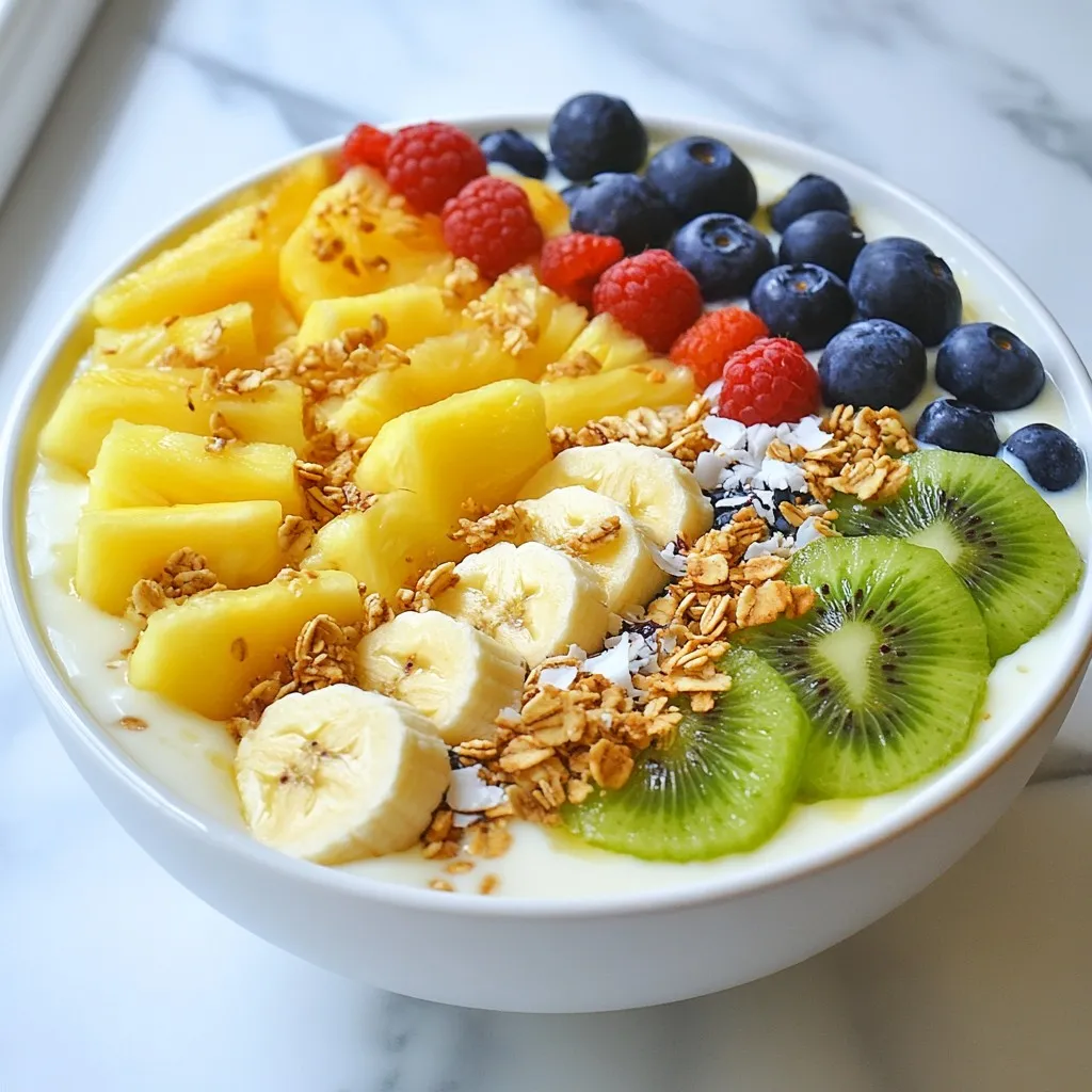 - 1 cup frozen pineapple chunks - 1 ripe banana - 1/2 cup coconut milk (or any preferred milk) - 1/4 cup Greek yogurt (or vegan alternative) The main ingredients make this smoothie bowl creamy and bright. Frozen pineapple chunks give a sweet taste and a cold kick. A ripe banana adds smoothness and natural sweetness. You can use coconut milk or any milk you like. Greek yogurt gives it a rich texture, but you can swap it for a vegan yogurt if you wish. - 1 tablespoon honey or agave syrup (optional) - 1 tablespoon chia seeds You can add honey or agave syrup for extra sweetness. Chia seeds boost nutrition and give a nice crunch. They also thicken the smoothie, making it more filling. - Sliced fresh fruit (kiwi, banana, berries) - Granola, shredded coconut, and nuts For toppings, go wild! Fresh fruit like kiwi, banana, and berries adds color and flavor. Granola gives a nice crunch and extra texture. Shredded coconut and nuts add healthy fats and make it look beautiful. Arrange these toppings in a fun way to make your bowl pop! {{ingredient_image_1}} 1. Combining ingredients in the blender: Start by adding 1 cup of frozen pineapple chunks, 1 ripe banana, 1/2 cup of coconut milk, and 1/4 cup of Greek yogurt into the blender. If you want sweetness, add 1 tablespoon of honey or agave syrup. 2. Blending for the desired consistency: Blend the mixture on high. You want it to be smooth and creamy. If it seems thick, don't worry yet. 3. Adding chia seeds: After blending, add 1 tablespoon of chia seeds. Pulse the blender briefly to mix them in. This adds nice texture and nutrition. 1. Pouring the smoothie into a bowl: Once blended, carefully pour the smoothie into a bowl. Watch out for spills! 2. Decorating with toppings: Now comes the fun part! Slice fresh fruit like kiwi, banana, or berries and arrange them on top. Add a sprinkle of granola, shredded coconut, and some nuts for crunch. Make it look great! 1. Stopping to scrape down the sides: If your blender gets stuck, stop blending. Use a spatula to scrape down the sides. This helps everything blend evenly. 2. Adjusting thickness with more liquid: If your smoothie is too thick, add a splash more of coconut milk. Blend again until you reach the right consistency. Choosing the right bowl color makes a big difference. Use a bright bowl to stand out. A bold color will make the fresh toppings pop. Arrange your toppings like a rainbow. This makes the dish look fun and tasty. Frozen fruit is key for a smooth texture. It helps your smoothie bowl blend easily. I recommend using frozen pineapple chunks. They add natural sweetness and chill to your bowl. Coconut milk and yogurt also play a big role. They make your bowl rich and creamy. Greek yogurt adds protein, while coconut milk gives a tropical taste. You might want to tweak the sweetness. Honey or agave syrup works well. Start with just a tablespoon. You can always add more if needed. A splash of vanilla extract enhances the flavor. It adds warmth and depth to your smoothie. Pro Tips Use Fresh Ingredients: Make sure your fruits are ripe and fresh for the best flavor and creaminess. Experiment with Toppings: Try different combinations of fruits, nuts, and seeds to customize your smoothie bowl to your liking. Adjust Consistency: If your smoothie bowl is too thick, add a little more coconut milk until you reach your desired consistency. Chill Your Bowl: For an extra refreshing experience, chill your bowl in the freezer for a few minutes before serving. {{image_2}} You can switch up the fruits in your smoothie bowl. Mango adds a sweet touch. Avocado gives it a creamy feel. For seasonal options, try berries in summer or apples in fall. Each fruit changes the taste and texture. If you want a dairy-free bowl, use plant-based yogurt. Almond or coconut yogurt works well. For the milk, opt for almond, oat, or soy milk. These choices keep the bowl creamy and tasty without dairy. Adding protein powder can make your smoothie bowl more filling. You might try pea or hemp protein. Superfoods like spirulina or maca can also help. To add greens, toss in a handful of spinach or kale. They blend well and boost your nutrition without changing the taste. To keep your smoothie bowl fresh, store it in an airtight container. The fridge works great for this. It stays good for one to two days. If you want to save it longer, freezing is an option. Just pour the smoothie into freezer-safe containers. It can last up to three months in the freezer. When you want to enjoy it again, thaw it in the fridge overnight. Prepping ingredients in advance makes things easy. You can chop your fruits and store them in the fridge. This way, they are ready to blend when you are. If you like, you can even batch-make smoothie bowls. Just prepare a few bowls at once and store them in the fridge. This saves you time on busy mornings. Reheating a smoothie bowl isn’t the best idea. Instead, try refreshing it. If it thickens too much, add a splash of coconut milk or water. Stir well to bring back the creamy texture. This way, you keep it tasty without losing that smooth feel. A Tropical Pineapple Smoothie Bowl stays fresh for about one day in the fridge. Store it in an airtight container. This helps keep it cool and tasty. If you want to save it longer, freeze it. Just pour the smoothie into a freezer-safe container. It can last up to three months frozen. When you are ready to eat it, thaw it in the fridge overnight. Yes, you can use fresh pineapple! If using fresh, cut it into small chunks. You may want to add some ice to the blender. This will help keep your smoothie bowl cool and thick. Fresh fruit gives a bright taste, but it may be less creamy. Add a bit more coconut milk or yogurt to get the right texture. This smoothie bowl is packed with nutrients! Here are some key health benefits: - Pineapple: Rich in vitamin C and antioxidants. - Bananas: Provide potassium and energy. - Coconut milk: Has healthy fats for your heart. - Greek yogurt: Offers protein and probiotics for gut health. - Chia seeds: Full of fiber and omega-3 fatty acids. These ingredients work together to support your immune system, digestion, and overall health. Enjoying this bowl can be a tasty way to boost your nutrition! You’ve learned how to make a tasty Tropical Pineapple Smoothie Bowl. Frozen fruit, coconut milk, and yogurt give it a creamy base. You can add unique toppings to make it fun and appealing. Remember to store leftovers properly for next time. Feel free to be creative with flavors and ingredients. These smoothie bowls are healthy and delicious. Enjoy experimenting with different fruits and mix-ins. You can find your perfect blend!