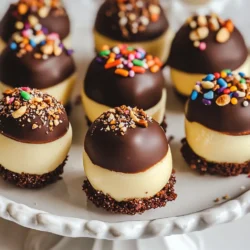 To make Chocolate Covered Cheesecake Bites, gather these simple ingredients: - 8 oz cream cheese, softened - 1/2 cup powdered sugar - 1 teaspoon vanilla extract - 1 cup graham cracker crumbs - 1/2 cup mini chocolate chips - 8 oz dark chocolate (for coating) - Optional garnishes: Sprinkles or crushed nuts Each ingredient has a role. The cream cheese gives a rich, creamy base. The powdered sugar adds sweetness, while vanilla brings a lovely aroma. Graham cracker crumbs create a nice texture, and mini chocolate chips add little bursts of chocolate. The dark chocolate coating ties it all together, giving a smooth finish. Feel free to get creative with garnishes! Sprinkles add color and fun, while crushed nuts give a delightful crunch. Choose what you like best. {{ingredient_image_1}} - Combine 8 oz of softened cream cheese, 1/2 cup of powdered sugar, and 1 teaspoon of vanilla extract. - Beat these ingredients with a hand mixer until smooth and creamy. - Gently fold in 1 cup of graham cracker crumbs and 1/2 cup of mini chocolate chips. Make sure everything is mixed well. - Use a small cookie scoop or your hands to shape the mixture into bite-sized balls. - Place these balls on a baking sheet lined with parchment paper, then freeze for 30 minutes. - In a microwave-safe bowl, melt 8 oz of dark chocolate. - Heat in 30-second intervals, stirring between each until smooth. - Dip each frozen bite into the melted chocolate. Make sure they get fully coated. - Lift them out with a fork and let any extra chocolate drip off. - Place the bites back on parchment paper. - Refrigerate the bites for about 15 minutes or until the chocolate hardens. Softened cream cheese is key for smooth cheesecake bites. It blends easily with sugar and vanilla. Make sure to leave it out for at least 30 minutes before using. This step helps create a creamy base. For the chocolate coating, melt it slowly. Use a microwave-safe bowl. Heat the chocolate in 30-second bursts. Stir in between to avoid burning. This gives you a smooth and shiny finish for your bites. Garnish the bites to make them pop! Use colorful sprinkles or crushed nuts for a fun touch. These add texture and visual appeal. For a classy look, arrange the bites on a decorative platter. They are perfect for parties or gatherings. You can also serve them with fresh fruit. Strawberries or raspberries pair well with chocolate. This adds freshness and balance to the rich cheesecake. If your chocolate is too thick, add a small amount of vegetable oil. Stir until smooth. This helps the chocolate coat nicely. To prevent cracks in the chocolate coating, ensure the cheesecake bites are fully frozen. This helps the chocolate set evenly and prevents it from cracking. Enjoy your perfect chocolate-covered cheesecake bites! Pro Tips Chill Your Ingredients: Make sure your cream cheese is softened but not too warm. This helps achieve the perfect creamy texture without overmixing. Melting Chocolate: When melting chocolate, use a microwave-safe bowl and heat it in short intervals. Stir frequently to prevent burning and ensure a smooth coating. Keep It Cool: If the cheesecake mixture is too soft to work with, chill it in the fridge for a short while before forming the balls. This will help them hold their shape better. Decorative Touch: Experiment with different toppings like crushed cookies, coconut flakes, or edible glitter to make your cheesecake bites visually appealing. {{image_2}} You can get creative with flavors in your cheesecake bites. Try adding different extracts like almond or lemon. These can give your bites a fresh twist. You can also use flavored cream cheeses. Think about options like strawberry or pumpkin spice. These little changes can make a big difference in taste. When it comes to coating your cheesecake bites, you have options. You can choose between white chocolate and dark chocolate. Each adds a unique flavor. If you want fun colors, use candy melts. They come in many shades and can brighten up your bites. You can make these cheesecake bites a bit healthier too. Use low-fat cream cheese if you want to cut calories. This swaps out some fat but keeps the taste. For the chocolate coating, consider sugar-free options. They work well and taste great, letting you enjoy your treats guilt-free. Store leftover bites in the fridge. Use an airtight container to keep them fresh. Place parchment paper between layers to prevent sticking. This way, they stay nice and neat. If you want to keep them longer, freeze them. Just put the bites in a freezer-safe bag. Make sure to squeeze out the air before sealing. These bites last up to a week in the fridge. Keep an eye on them for any signs of spoilage. To maintain freshness, avoid leaving them out at room temperature for too long. Always return them to the fridge after serving. If your bites become too firm, don’t worry. Just let them sit at room temperature for a few minutes. This will soften them up. You can also place them in the microwave for a few seconds. Be careful not to overheat. Enjoy your bites at the perfect texture! Yes, you can use white, milk, or dark chocolate. Each type gives a unique taste. White chocolate adds sweetness. Milk chocolate is creamy and smooth. Dark chocolate offers a deeper flavor. Feel free to mix and match. You can even swirl them for a fun look! To avoid cracks, ensure chocolate is smooth and warm. Dip bites quickly to reduce time in the chocolate. If the chocolate cools too fast, it may crack. You can also try a thinner coating. Adding a little oil to the melted chocolate helps it stay smooth. Yes, you can make these bites a day or two ahead. Just keep them in the fridge. For longer storage, freeze them. Ensure they are in an airtight container. Thaw them in the fridge before serving. This way, they stay fresh and tasty. These bites pair well with fresh fruits like strawberries or raspberries. Coffee complements the chocolate flavor nicely. You can also serve them with dessert wines, enhancing the sweet taste. For a fun twist, try them with a scoop of vanilla ice cream! These chocolate-covered cheesecake bites are fun to make and delicious to eat. You learned how to prepare a creamy base, freeze your bites, and coat them in chocolate. I shared tips for perfect texture and fun variations for flavor and health. Remember, you can customize these treats to fit any occasion. Enjoy making them for friends and family, or just for yourself. Happy snacking!