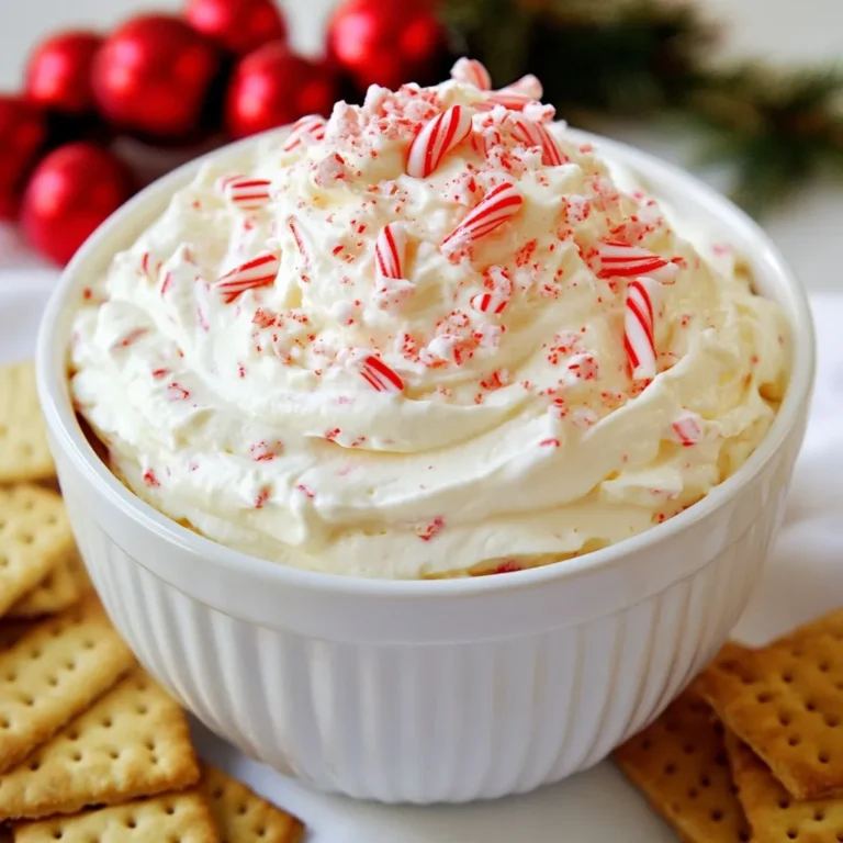 When I make Peppermint Candy Cane Dip, I gather all the needed ingredients first. This makes the process smooth and fun. Here’s what you will need: - 1 cup cream cheese, softened - 1 cup powdered sugar - 1 teaspoon vanilla extract - 1 teaspoon peppermint extract - 1 cup whipped topping (like Cool Whip) - 1/2 cup crushed candy canes (plus extra for garnish) - 1 tablespoon crushed candy canes for garnish - Graham crackers or fresh fruit for dipping Cream cheese is the base of this dip. It gives a rich and creamy texture. The powdered sugar adds sweetness and helps balance the flavors. For flavor, I use vanilla and peppermint extracts. These make the dip taste like the holidays. Whipped topping makes it light and fluffy. Crushed candy canes add a crunchy texture and a burst of minty flavor. I always save some for garnish. Graham crackers or fruit are perfect for dipping into this tasty treat. You can enjoy this dip at any holiday party or cozy night in. {{ingredient_image_1}} - Mixing Cream Cheese and Sugar Start by softening the cream cheese. Place it in a medium bowl. Add the powdered sugar. Use a hand mixer and beat until the mix is smooth and creamy. This will be the base of your dip. - Adding Flavor Extracts Next, add the vanilla and peppermint extracts. These flavors will bring a festive touch. Mix until everything is fully combined. This step is key for a delicious taste. - Incorporating Whipped Topping Now, fold in the whipped topping gently. This makes the dip light and fluffy. Use a spatula for this step. Be careful not to over-mix, as you want to keep the airiness. - Folding in Candy Canes Carefully stir in the crushed candy canes. They add a nice crunch and peppermint flavor. Make sure they are evenly mixed in. This will give your dip that holiday sparkle. - Chilling the Dip Transfer the dip to a serving bowl. Sprinkle some extra crushed candy canes on top for a festive look. Chill it in the fridge for 30 minutes to 1 hour. This helps the flavors blend well. Serve with graham crackers or fresh fruit for dipping. Enjoy your tasty holiday treat! Beating Techniques: Start with room-temperature cream cheese. This helps you mix easier and faster. Use a hand mixer to beat the cream cheese and powdered sugar. Mix until it’s smooth and creamy. This step is key to a fluffy dip. Combining Ingredients: Add the vanilla and peppermint extracts next. Mix them in well. Then, gently fold in the whipped topping. This keeps the dip light and airy. Finally, stir in the crushed candy canes. Make sure they are evenly spread throughout the dip. Chilling: After mixing, cover the dip and chill it for 30 minutes to 1 hour. Chilling helps the flavors blend together. It also firms up the dip, making it perfect for serving. Additional Candy Cane Crumbles: For a festive touch, sprinkle extra crushed candy canes on top before serving. This adds color and crunch. It makes your dip look extra special. Alternative Toppings: You can also use mini chocolate chips or crushed nuts. These give a fun twist to the dip. You can even drizzle chocolate sauce on top for a sweet finish. Pro Tips Use Room Temperature Cream Cheese: This helps create a smooth and creamy dip without lumps, ensuring a delightful texture. Adjust Peppermint Flavor: If you prefer a milder peppermint taste, start with half the peppermint extract and gradually add more to your liking. Chill for Better Flavor: Allowing the dip to chill for at least 30 minutes helps the flavors meld together, enhancing the overall taste. Experiment with Dippers: While graham crackers are classic, try using pretzels, apple slices, or even cookies for a fun twist! {{image_2}} You can change the flavor of your dip in fun ways. Try using different extracts. Almond extract adds a nutty taste. Chocolate extract gives a rich touch to the dip. You can also switch sweeteners. Use honey or agave syrup for a sweeter option. Each change makes the dip unique and delicious. Let’s talk about how to serve your dip. While graham crackers are tasty, you can try other dippers. Fresh fruit, like strawberries or apple slices, works well too. You could even use pretzels for a salty kick. Want to be extra festive? Create a peppermint charcuterie board! Add bowls of the dip, various dippers, and some holiday treats. Mix in cheese, nuts, and more candy canes. This will wow your guests and make your dessert table shine! Refrigeration Tips Store your leftover peppermint candy cane dip in an airtight container. This will keep the dip fresh and tasty. Place the container in the fridge. It will last for up to four days. Always check for any changes in smell or texture before eating. Freezing Instructions You can freeze this dip, but it may change in texture. To freeze, place the dip in a freezer-safe container. Seal it tightly and label it with the date. It can last for up to two months. When you're ready to eat it, thaw it in the fridge overnight before serving. Avoiding Texture Changes If you want to reheat the dip, do so gently. Use a microwave on low heat and stir often. This helps keep the dip creamy. Avoid high heat, as it may cause the dip to separate. For best taste, serve it cold or at room temperature. Can I make this dip ahead of time? Yes, you can make this dip a day before your event. Just store it in the fridge. This helps the flavors blend well. Remember to give it a good stir before serving. What can I use instead of cream cheese? You can use Greek yogurt or mascarpone cheese. Both will give a creamy texture. They also add a twist to the flavor. Is this recipe suitable for parties? Absolutely! This dip is perfect for holiday gatherings. It’s sweet, festive, and fun to eat. Serve it with graham crackers or fruit for a tasty treat. How long will the dip last in the fridge? The dip will stay fresh for about 3 to 5 days in the fridge. Keep it in an airtight container to maintain its flavor. Just remember to enjoy it before it’s gone! This blog post covered how to make a delicious peppermint candy cane dip. We discussed key ingredients like cream cheese, flavor extracts, and crushed candy canes. You learned the step-by-step method for mixing and chilling the dip. We also shared tips for perfecting texture and fun serving options. In the end, this dip is perfect for any gathering. It’s easy to make, and you can customize flavors. Enjoy making your own version and sharing it with friends and family.