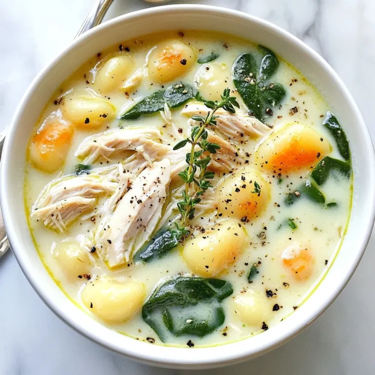 To make Creamy Chicken Gnocchi Soup, you need these key ingredients: - 1 tablespoon olive oil - 1 medium onion, diced - 2 cloves garlic, minced - 2 medium carrots, diced - 2 celery stalks, diced - 1 teaspoon dried thyme - 1 teaspoon dried oregano - 4 cups chicken broth - 1 pound cooked chicken breasts, shredded - 1 (16-ounce) package potato gnocchi - 1 cup heavy cream - 2 cups fresh spinach - Salt and pepper to taste - Grated Parmesan cheese for serving (optional) These ingredients work together to create a rich and creamy soup that warms your soul. You can enhance the soup's flavor by adding: - A pinch of red pepper flakes for heat - Fresh herbs like parsley or basil for brightness - A squeeze of lemon juice for tanginess - Corn or peas for extra sweetness Feel free to play with these options to make the soup your own. To prepare this soup, gather these tools: - A large pot or Dutch oven - A cutting board and knife for chopping - A wooden spoon for stirring - Measuring cups and spoons for accuracy - Ladle for serving With these tools, you can easily whip up this comforting dish. {{ingredient_image_1}} Start by gathering all your ingredients. This makes cooking smoother. Dice one medium onion. Mince two cloves of garlic. Peel and dice two medium carrots. Dice two celery stalks. Measure one teaspoon each of dried thyme and oregano. Shred one pound of cooked chicken breasts. This will help the soup taste great. Heat one tablespoon of olive oil in a large pot over medium heat. Add the diced onion and sauté for 3-4 minutes. The onion should soften but not brown. Next, stir in the minced garlic, diced carrots, and diced celery. Cook this mix for about 5 minutes until the veggies are tender. Now, add the dried thyme and oregano. Stir well to coat the veggies in the spices. Pour in four cups of chicken broth. Bring the mixture to a simmer. Add in the shredded chicken and let it simmer gently. Carefully add one package of potato gnocchi to the pot. Cook them for 2-3 minutes, or until they float. This shows they are done. Lower the heat and stir in one cup of heavy cream and two cups of fresh spinach. Let the spinach wilt for about 2 minutes. Finally, season with salt and pepper to taste. Ladle the soup into bowls. For a nice touch, sprinkle a pinch of freshly cracked pepper on top. A sprig of fresh thyme or basil adds a pop of color. You can also add grated Parmesan cheese for extra flavor. Enjoy your comforting bowl of creamy chicken gnocchi soup! To make your soup creamy, use heavy cream. Stir it in slowly after cooking. This helps blend the flavors well. You can also add a little cornstarch mixed with water for extra thickness. Make sure to keep the heat low when adding cream. This keeps it from curdling. One common mistake is cooking the gnocchi too long. They should float to the top in about 2-3 minutes. If you overcook them, they turn mushy. Another mistake is not seasoning enough. Taste your soup before serving and adjust salt and pepper. Also, avoid adding cream too early. It can break down and lose its rich taste. You can boost flavor with fresh herbs. Try adding basil or parsley right before serving. A squeeze of lemon can brighten the taste, too. For a little heat, add red pepper flakes. If you want a richer flavor, use homemade chicken broth. It makes a big difference! Pro Tips Use Fresh Herbs: Fresh herbs like thyme or basil can elevate the flavor profile of the soup significantly. Add them just before serving for the best aroma. Customize Your Protein: Feel free to substitute the cooked chicken with turkey or even a vegetarian protein like chickpeas for a different twist on this classic dish. Adjust Creaminess: For a lighter version, use half-and-half instead of heavy cream, or add a splash of milk for a creamy texture without all the calories. Gnocchi Cooking Tips: Ensure your gnocchi are added at the end of cooking to prevent them from getting too soft. They only need a few minutes to cook through. {{image_2}} You can easily make this soup gluten-free. Use gluten-free gnocchi instead of regular ones. Many brands offer delicious options. Check the label to ensure they fit your needs. You can also use a gluten-free flour blend to thicken the soup if you want it creamier. To make a vegetarian version, skip the chicken and use vegetable broth. You can add more veggies, like mushrooms or zucchini, for extra flavor. For a vegan soup, replace the heavy cream with coconut milk or cashew cream. This keeps the soup rich and creamy without dairy. Feel free to swap ingredients for what you have. For example, if you don’t have chicken, you can use turkey or even tofu. You can also use any leafy greens instead of spinach, like kale or Swiss chard. If you like a little heat, add crushed red pepper flakes. This will give your soup a nice kick. To keep your creamy chicken gnocchi soup fresh, store it in an airtight container. Allow it to cool first. Refrigerate the soup within two hours of cooking. It will stay good for up to three days. If you want to keep it longer, freezing is a great option. When reheating, do it gently. Pour the soup into a pot over low heat. Stir it often to prevent sticking or burning. If the soup seems thick, add a splash of chicken broth. This helps bring back the creamy texture. You can also use the microwave. Heat it in 30-second bursts, stirring in between. Freezing is perfect for long-term storage. First, cool the soup completely. Then, pour it into freezer-safe bags or containers. Make sure to leave some space at the top, as the soup will expand. Label the bags with the date. You can freeze it for up to three months. When ready to eat, thaw it overnight in the fridge. Reheat it slowly, just like before. To make Creamy Chicken Gnocchi Soup from scratch, follow these steps: - Heat 1 tablespoon of olive oil in a large pot. - Add 1 diced onion and cook for 3-4 minutes until soft. - Stir in 2 minced garlic cloves, 2 diced carrots, and 2 diced celery stalks. - Cook the veggies for 5 minutes until they are tender. - Season with 1 teaspoon each of dried thyme and oregano. - Pour in 4 cups of chicken broth and bring it to a simmer. - Add 1 pound of shredded cooked chicken and simmer gently. - Toss in a 16-ounce package of potato gnocchi. Cook until they float, about 2-3 minutes. - Reduce heat, stir in 1 cup of heavy cream and 2 cups of fresh spinach. - Cook until the spinach wilts, about 2 minutes. - Season with salt and pepper to taste. Serve hot, garnished with Parmesan cheese if you like. Yes, you can use frozen gnocchi in this recipe. Frozen gnocchi cooks quickly and adds great texture. Just add them to the pot without thawing. They will take a couple of extra minutes to float. Keep an eye on them as they cook. You want them tender but not mushy. Creamy Chicken Gnocchi Soup pairs well with a few tasty sides: - Fresh crusty bread for dipping. - A side salad with mixed greens and vinaigrette. - Garlic bread for extra flavor. - Roasted vegetables for a healthy touch. These sides will enhance your meal and keep it comforting. You now know how to make a tasty creamy chicken gnocchi soup from scratch. We discussed the main and optional ingredients to maximize flavor, the cooking process, and even tips for perfect texture. I provided ways to make the dish gluten-free or vegan. Plus, you learned how to store your soup for later. I encourage you to try different variations and make this soup your own. Enjoy your cooking adventure!