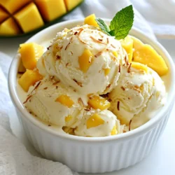 - 2 ripe mangoes, peeled and diced - 1 can (13.5 oz) coconut milk - 1/2 cup heavy cream To make this ice cream, choose ripe mangoes. They should feel soft and smell sweet. The coconut milk gives a rich, creamy base. Heavy cream adds even more smoothness. Together, they create a blissful blend. - 1/4 cup honey - 1/4 cup agave syrup You can use honey or agave syrup for sweetness. Honey adds a floral note. Agave syrup is lighter and has a mild taste. Both options work well. You can adjust the amount based on your taste. - 1 teaspoon vanilla extract - A pinch of salt Vanilla extract brings out the flavors in the mango and coconut. Just one teaspoon adds depth. A small pinch of salt balances the sweetness. These two ingredients are simple but make a big difference. - Toasted coconut flakes (optional) Toasted coconut flakes make a tasty garnish. They add crunch and a nice look. You can sprinkle them on top when serving. They also enhance the coconut flavor, making this treat even better. {{ingredient_image_1}} First, you need to combine your ingredients in a blender. Add diced mangoes, coconut milk, heavy cream, honey or agave, vanilla extract, and a pinch of salt. Blend until you get a smooth and creamy texture. This step is key, as it sets the stage for your ice cream. After blending, taste the mixture. If you want it sweeter, you can add more honey or agave. Just a little bit can make a big difference. Keep tasting until you find the sweetness you love. Next, pour the mixture into a bowl and refrigerate it for about one hour. Chilling before churning is important. It helps the ice cream get that perfect texture when you churn it. If you have an ice cream maker, pour the chilled mixture in and churn it. Follow your machine’s instructions until it reaches a soft-serve consistency. If you don’t have an ice cream maker, don’t worry! Just pour the mixture into a shallow container and freeze it for about two hours. Stir every 30 minutes to break up any ice crystals. Once you finish churning or the freezing period is done, transfer the ice cream to an airtight container. Freeze it for at least four hours, or until it is firm. When you are ready to serve, scoop it into bowls. For a fun touch, sprinkle with toasted coconut flakes. Serve in coconut bowls for an extra tropical vibe! Stirring is key when freezing your ice cream. This action breaks up the ice crystals. It helps make the ice cream creamy and smooth. Stir every 30 minutes if you are using a shallow container. Aim for a soft-serve texture before the final freeze. This stage is crucial for a rich mouthfeel. Want to jazz up your ice cream? Try adding spices like cinnamon or nutmeg. You can also mix in other fruits, like pineapple or banana. They add fun flavors and colors. Experimenting with coconut flavor can bring a new twist. Use coconut extract for a stronger taste. Serve your mango coconut ice cream in coconut bowls. This adds a fun tropical vibe. You can also garnish with fresh mango slices and mint leaves. It makes a beautiful dish. Get creative with your bowls. Use colorful dishes to brighten up your dessert table. Pro Tips Choose Ripe Mangoes: The sweetness and flavor of your ice cream will depend on the ripeness of the mangoes. Look for mangoes that are slightly soft to the touch and have a sweet aroma. Chill the Mixture: For a creamier texture, ensure that the mixture is thoroughly chilled before churning. This helps it freeze faster and reduces ice crystal formation. Use Full-Fat Coconut Milk: For the richest flavor and creaminess, opt for full-fat coconut milk. Light versions may result in a less satisfying texture. Experiment with Sweeteners: Feel free to adjust the sweetness according to your taste preferences. Try other natural sweeteners like maple syrup or coconut sugar for a different flavor profile. {{image_2}} To make this ice cream vegan, just swap the heavy cream for more coconut milk. Use a full can (13.5 oz) for a rich taste. You may need to adjust the sweetness. Try using maple syrup or agave syrup instead of honey. Taste the mix and add more if you want it sweeter. The creaminess might change, but it will still be delicious! You can make your mango coconut ice cream even better. Try adding fresh pineapple or sliced bananas. These fruits add a nice twist and extra flavor. You can also swirl in some chocolate or nut butter. This gives a lovely contrast in taste. For chocolate, use melted dark chocolate. For nut butter, try almond or peanut butter. Just add it before freezing and swirl gently. Get creative with fun flavors! You can go tropical by adding passion fruit or papaya. In summer, use seasonal fruits like strawberries or peaches. Each fruit brings its own unique taste. You can also mix in spices like cinnamon or ginger for a warm flavor. The options are endless! Enjoy experimenting with your favorite fruits and flavors. To store your mango coconut ice cream in the freezer, first, place it in an airtight container. This keeps it fresh and prevents freezer burn. Make sure to leave some space at the top, as the ice cream will expand when it freezes. To avoid ice crystal formation, stir the ice cream every 30 minutes for the first two hours after freezing. This breaks up the ice crystals and keeps the texture smooth. Mango coconut ice cream lasts about two weeks in the freezer. After that, it may lose its flavor or texture. Watch for signs of spoilage like an icy texture or off-smells. If you see any frost on top, it’s best to toss it. Yes, you can refreeze mango coconut ice cream. However, it can change the texture. If you do refreeze, make sure to let it soften a bit at room temperature first. Then, mix it well before refreezing. This helps maintain a creamy texture. Yes, you can make mango coconut ice cream without an ice cream maker! Here’s how: - Blend your ingredients as usual. - Pour the mixture into a shallow container. - Place it in the freezer for about 2 hours. - Stir the mixture every 30 minutes. This breaks up ice crystals and makes it smooth. - After about 4 hours, your ice cream will be ready to enjoy! If you don’t have coconut milk, here are some options: - Almond milk: It’s lighter with a nutty taste. - Soy milk: Creamy and rich, it has a mild flavor. - Cashew milk: This adds a creamy texture and subtle sweetness. Each choice will change the flavor a bit, but they still work well! To reduce sweetness, try these tips: - Use less honey or agave syrup in the blend. - Add a squeeze of lime juice. It brightens flavors and balances sweetness. - Mix in plain yogurt for creaminess without added sugar. Absolutely! Using frozen mangoes will change the texture slightly but still taste great. Here’s how it affects your recipe: - Thaw the mangoes for about 10 minutes before blending. - This helps them blend smoothly. - Your ice cream may be a bit icier, but it will still be delicious! You can find pre-made mango coconut ice cream in these places: - Local grocery stores, often in the ice cream aisle. - Health food stores, where they may have organic options. - Online retailers like Amazon or specialty food websites. Check labels for quality ingredients and enjoy the convenience! You learned how to make mango coconut ice cream using fresh ingredients and simple steps. Start with ripe mangoes and creamy coconut milk for a tasty treat. Experiment with sweeteners like honey or agave, and add a pinch of vanilla for extra flavor. Chill, churn, and freeze for the best results. Try variations like a vegan version or different fruit add-ins. Remember to store it properly to enjoy later. Now you can savor this tropical delight any time!
