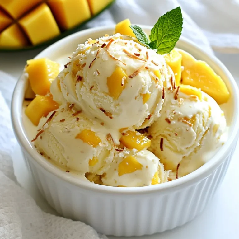 - 2 ripe mangoes, peeled and diced - 1 can (13.5 oz) coconut milk - 1/2 cup heavy cream To make this ice cream, choose ripe mangoes. They should feel soft and smell sweet. The coconut milk gives a rich, creamy base. Heavy cream adds even more smoothness. Together, they create a blissful blend. - 1/4 cup honey - 1/4 cup agave syrup You can use honey or agave syrup for sweetness. Honey adds a floral note. Agave syrup is lighter and has a mild taste. Both options work well. You can adjust the amount based on your taste. - 1 teaspoon vanilla extract - A pinch of salt Vanilla extract brings out the flavors in the mango and coconut. Just one teaspoon adds depth. A small pinch of salt balances the sweetness. These two ingredients are simple but make a big difference. - Toasted coconut flakes (optional) Toasted coconut flakes make a tasty garnish. They add crunch and a nice look. You can sprinkle them on top when serving. They also enhance the coconut flavor, making this treat even better. {{ingredient_image_1}} First, you need to combine your ingredients in a blender. Add diced mangoes, coconut milk, heavy cream, honey or agave, vanilla extract, and a pinch of salt. Blend until you get a smooth and creamy texture. This step is key, as it sets the stage for your ice cream. After blending, taste the mixture. If you want it sweeter, you can add more honey or agave. Just a little bit can make a big difference. Keep tasting until you find the sweetness you love. Next, pour the mixture into a bowl and refrigerate it for about one hour. Chilling before churning is important. It helps the ice cream get that perfect texture when you churn it. If you have an ice cream maker, pour the chilled mixture in and churn it. Follow your machine’s instructions until it reaches a soft-serve consistency. If you don’t have an ice cream maker, don’t worry! Just pour the mixture into a shallow container and freeze it for about two hours. Stir every 30 minutes to break up any ice crystals. Once you finish churning or the freezing period is done, transfer the ice cream to an airtight container. Freeze it for at least four hours, or until it is firm. When you are ready to serve, scoop it into bowls. For a fun touch, sprinkle with toasted coconut flakes. Serve in coconut bowls for an extra tropical vibe! Stirring is key when freezing your ice cream. This action breaks up the ice crystals. It helps make the ice cream creamy and smooth. Stir every 30 minutes if you are using a shallow container. Aim for a soft-serve texture before the final freeze. This stage is crucial for a rich mouthfeel. Want to jazz up your ice cream? Try adding spices like cinnamon or nutmeg. You can also mix in other fruits, like pineapple or banana. They add fun flavors and colors. Experimenting with coconut flavor can bring a new twist. Use coconut extract for a stronger taste. Serve your mango coconut ice cream in coconut bowls. This adds a fun tropical vibe. You can also garnish with fresh mango slices and mint leaves. It makes a beautiful dish. Get creative with your bowls. Use colorful dishes to brighten up your dessert table. Pro Tips Choose Ripe Mangoes: The sweetness and flavor of your ice cream will depend on the ripeness of the mangoes. Look for mangoes that are slightly soft to the touch and have a sweet aroma. Chill the Mixture: For a creamier texture, ensure that the mixture is thoroughly chilled before churning. This helps it freeze faster and reduces ice crystal formation. Use Full-Fat Coconut Milk: For the richest flavor and creaminess, opt for full-fat coconut milk. Light versions may result in a less satisfying texture. Experiment with Sweeteners: Feel free to adjust the sweetness according to your taste preferences. Try other natural sweeteners like maple syrup or coconut sugar for a different flavor profile. {{image_2}} To make this ice cream vegan, just swap the heavy cream for more coconut milk. Use a full can (13.5 oz) for a rich taste. You may need to adjust the sweetness. Try using maple syrup or agave syrup instead of honey. Taste the mix and add more if you want it sweeter. The creaminess might change, but it will still be delicious! You can make your mango coconut ice cream even better. Try adding fresh pineapple or sliced bananas. These fruits add a nice twist and extra flavor. You can also swirl in some chocolate or nut butter. This gives a lovely contrast in taste. For chocolate, use melted dark chocolate. For nut butter, try almond or peanut butter. Just add it before freezing and swirl gently. Get creative with fun flavors! You can go tropical by adding passion fruit or papaya. In summer, use seasonal fruits like strawberries or peaches. Each fruit brings its own unique taste. You can also mix in spices like cinnamon or ginger for a warm flavor. The options are endless! Enjoy experimenting with your favorite fruits and flavors. To store your mango coconut ice cream in the freezer, first, place it in an airtight container. This keeps it fresh and prevents freezer burn. Make sure to leave some space at the top, as the ice cream will expand when it freezes. To avoid ice crystal formation, stir the ice cream every 30 minutes for the first two hours after freezing. This breaks up the ice crystals and keeps the texture smooth. Mango coconut ice cream lasts about two weeks in the freezer. After that, it may lose its flavor or texture. Watch for signs of spoilage like an icy texture or off-smells. If you see any frost on top, it’s best to toss it. Yes, you can refreeze mango coconut ice cream. However, it can change the texture. If you do refreeze, make sure to let it soften a bit at room temperature first. Then, mix it well before refreezing. This helps maintain a creamy texture. Yes, you can make mango coconut ice cream without an ice cream maker! Here’s how: - Blend your ingredients as usual. - Pour the mixture into a shallow container. - Place it in the freezer for about 2 hours. - Stir the mixture every 30 minutes. This breaks up ice crystals and makes it smooth. - After about 4 hours, your ice cream will be ready to enjoy! If you don’t have coconut milk, here are some options: - Almond milk: It’s lighter with a nutty taste. - Soy milk: Creamy and rich, it has a mild flavor. - Cashew milk: This adds a creamy texture and subtle sweetness. Each choice will change the flavor a bit, but they still work well! To reduce sweetness, try these tips: - Use less honey or agave syrup in the blend. - Add a squeeze of lime juice. It brightens flavors and balances sweetness. - Mix in plain yogurt for creaminess without added sugar. Absolutely! Using frozen mangoes will change the texture slightly but still taste great. Here’s how it affects your recipe: - Thaw the mangoes for about 10 minutes before blending. - This helps them blend smoothly. - Your ice cream may be a bit icier, but it will still be delicious! You can find pre-made mango coconut ice cream in these places: - Local grocery stores, often in the ice cream aisle. - Health food stores, where they may have organic options. - Online retailers like Amazon or specialty food websites. Check labels for quality ingredients and enjoy the convenience! You learned how to make mango coconut ice cream using fresh ingredients and simple steps. Start with ripe mangoes and creamy coconut milk for a tasty treat. Experiment with sweeteners like honey or agave, and add a pinch of vanilla for extra flavor. Chill, churn, and freeze for the best results. Try variations like a vegan version or different fruit add-ins. Remember to store it properly to enjoy later. Now you can savor this tropical delight any time!