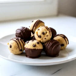 To make chocolate chip cookie dough truffles, you need some key ingredients. Each one plays a big role in making these treats so tasty. Here’s what you will need: - 1 cup all-purpose flour - ½ teaspoon baking soda - ¼ teaspoon salt - ½ cup unsalted butter, softened - ½ cup brown sugar, packed - ¼ cup granulated sugar - 1 teaspoon vanilla extract - 2 tablespoons milk (more if needed) - ¾ cup chocolate chips (semi-sweet or milk chocolate) - 8 oz. chocolate (for coating, dark or milk chocolate) These ingredients come together to create a rich and creamy cookie dough. The chocolate chips add sweetness, while the chocolate coating gives a nice crunch. Using unsalted butter allows you to control the saltiness. Don't forget to measure carefully for the best results! {{ingredient_image_1}} 1. Whisking dry ingredients In a medium bowl, whisk together 1 cup of all-purpose flour, ½ teaspoon of baking soda, and ¼ teaspoon of salt. This helps mix the dry ingredients evenly. 2. Creaming the butter and sugars In a large bowl, cream ½ cup of softened unsalted butter with ½ cup of brown sugar and ¼ cup of granulated sugar. Mix until it becomes light and fluffy. 3. Mixing in wet ingredients Stir in 1 teaspoon of vanilla extract and 2 tablespoons of milk. Make sure it blends well into the butter and sugar mixture. 4. Combining wet and dry mixtures Gradually add the dry mix to the wet mixture. Stir until just combined. Be careful not to overmix, or the truffles may turn out tough. 5. Folding in chocolate chips Gently fold in ¾ cup of chocolate chips. Make sure they are evenly distributed throughout the dough. 6. Rolling into balls Scoop out tablespoon-sized portions of dough. Roll each piece into a ball and place the cookie dough balls on a baking sheet lined with parchment paper. 7. Freezing dough balls Freeze the dough balls for about 30 minutes. They should become firm during this time. 8. Melting chocolate for coating While the dough balls freeze, melt 8 ounces of chocolate for coating. Use a microwave in 20-second intervals, stirring in between until smooth. 9. Dipping truffles Once the dough balls are firm, dip each one into the melted chocolate. Use a fork to tap off any extra chocolate. Then, place them back on the parchment-lined sheet. 10. Optional decorative drizzle If you like, drizzle any leftover melted chocolate over the truffles. This adds a pretty touch. 11. Setting the chocolate coating Refrigerate the truffles for about 15-20 minutes. This allows the chocolate coating to set properly. 12. Serving Serve the truffles chilled or at room temperature. Enjoy your tasty chocolate chip cookie dough truffles! - Avoiding overmixing the dough: Mix the dough just until combined. This keeps the truffles soft and chewy. - Ensuring the right consistency for dipping: The chocolate should be smooth and slightly warm. If it gets too thick, reheat it gently. - Storing melted chocolate for optimal use: Keep melted chocolate in a warm place. If it cools too much, it will harden. - Skipping the freezing step: Freezing the dough for 30 minutes helps the truffles hold their shape. Don’t skip this step! - Using unsoftened butter: Always use softened butter. Cold butter makes the dough hard to mix. - Choosing the wrong type of chocolate for coating: Use good quality chocolate for coating. Dark or milk chocolate adds rich flavor and a nice shine. Pro Tips Chill Your Dough: Chilling the dough balls before coating them helps maintain their shape and ensures a smooth chocolate coating. Use Quality Chocolate: For the best flavor, opt for high-quality chocolate for coating. It will make a significant difference in taste. Experiment with Flavors: Feel free to add a pinch of sea salt or a splash of almond extract to the dough for an enhanced flavor profile. Keep Them Fresh: Store the truffles in an airtight container in the fridge for up to a week for optimal freshness. {{image_2}} You can make chocolate chip cookie dough truffles even more fun by adding different flavors. Here are some tasty ideas: - Adding nuts or dried fruits: Chopped nuts like walnuts or pecans add crunch. Dried fruits like raisins or cranberries bring sweetness and chewiness. You can mix these in with the chocolate chips for extra flavor. - Using different chocolate types: Try using dark, milk, or white chocolate for coating. Each chocolate brings its unique taste and sweetness. Dark chocolate gives a rich flavor, while milk chocolate is creamy and sweet. White chocolate adds a smooth, sweet touch. - Infusing flavor with extracts or spices: You can play with flavors by adding extracts. Almond extract gives a nice twist. Cinnamon or nutmeg can add warmth and depth. Just a tiny bit can change everything! You can easily adapt this recipe to fit your dietary needs. Here are a couple of options: - Gluten-free options: Swap all-purpose flour with a gluten-free flour blend. Make sure the blend works well for baking. This way, everyone can enjoy these truffles! - Vegan alternatives: You can make these truffles vegan by using plant-based butter. Replace milk with almond or coconut milk. Use dairy-free chocolate chips for the coating to keep it vegan-friendly. To keep your chocolate chip cookie dough truffles fresh, you can use two simple methods: - Refrigerating for freshness: Place the truffles in an airtight container. Store them in the fridge. This keeps them cool and tasty for about one week. Each time you take one out, let it sit for a few minutes. This helps the chocolate soften just a bit. - Freezing for long-term storage: If you want to save truffles for later, freezing is the best choice. Place the truffles in a single layer on a baking sheet. Freeze them for about 1-2 hours until firm. Once frozen, move them to a freezer-safe bag. They can last up to three months in the freezer. When you are ready to enjoy, thaw them in the fridge overnight. For the best taste, eat your truffles within these time frames: - Refrigerated: Enjoy them within one week. The chocolate stays fresh, and the cookie dough flavor remains strong. - Frozen: For the best flavor and texture, consume within three months. After this time, they may still taste good, but the quality might drop. Using these tips ensures you always have an amazing treat ready to enjoy! Yes, you can make these truffles without eggs. The recipe does not require eggs. The butter and milk provide moisture. This makes the dough rich and tasty. You will still get a great cookie dough flavor. If the dough is too dry, add more milk, one tablespoon at a time. Mix it in gently. If it feels too wet, add a little more flour. The dough should be soft but not sticky. This will help you roll perfect truffles. The best way to melt chocolate is in the microwave. Use a microwave-safe bowl. Heat the chocolate in 20-second intervals. Stir between each interval until smooth. You can also melt chocolate in a double boiler for more control. Yes, you can use pre-made cookie dough. Just make sure it is safe to eat raw. You might skip the freezing step if the dough is already chilled. This can save time, but homemade dough tastes better! Serve the truffles chilled or at room temperature. Place them on a nice plate for a fun look. You can drizzle extra melted chocolate on top for a fancy touch. They make a great dessert for parties or just for you! You learned how to make chocolate chip cookie dough truffles step by step. We covered the key ingredients you'll need and the process from mixing to dipping. I shared tips to help avoid mistakes and variations to create new flavors. Storing methods ensure your truffles stay fresh. Remember, with some practice, you can master this treat. Enjoy making and sharing these delicious bites!