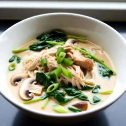 - 1 lb boneless, skinless chicken thighs - 4 cups chicken broth - 2 tablespoons soy sauce - 2 teaspoons sesame oil - 1 tablespoon ginger, minced - 3 cloves garlic, minced - 1 cup sliced mushrooms (shiitake or button) - 2 cups baby spinach - 4 packages ramen noodles (discard seasoning packets) - 1 cup coconut milk - 2 green onions, sliced - 1 tablespoon lime juice - Salt and pepper to taste These ingredients make a rich and creamy ramen. The chicken thighs add depth. Chicken broth serves as the base. Soy sauce gives it a nice umami flavor. Ginger and garlic bring warmth. Mushrooms add texture, while spinach gives a fresh crunch. The coconut milk makes it creamy. - Sliced green onions - Lime wedges - Sesame seeds Garnishing adds flair and flavor. Green onions give a fresh bite. Lime wedges provide a zesty kick. Sesame seeds add a nice crunch. You can customize your bowl to suit your taste. - Chicken thighs can be replaced with chicken breast for a leaner option. - Use vegetable broth instead of chicken broth for a vegetarian dish. - Coconut milk can be swapped for almond milk if you need a lighter option. - For gluten-free ramen, choose rice noodles. These substitutes keep the dish tasty. You can easily adapt it to fit your needs. Enjoy creating your own version! {{ingredient_image_1}} Start by turning on your Instant Pot. Set it to the Sauté mode. Add two tablespoons of sesame oil and let it heat. Next, add three cloves of minced garlic and one tablespoon of minced ginger. Sauté these for about one minute. The smell will be amazing! This step builds a strong flavor base. Now, add one pound of boneless, skinless chicken thighs. Brown the chicken on each side for about three to four minutes. This gives extra flavor to the chicken. After browning, pour in four cups of chicken broth and two tablespoons of soy sauce. Make sure the chicken is fully submerged in the broth. Close the lid and set the Instant Pot to Manual mode. Cook on high pressure for ten minutes. When it’s done, quickly release the pressure. Carefully take out the chicken and shred it using two forks. Return the shredded chicken to the pot. Add one cup of sliced mushrooms and four packages of ramen noodles. You should discard the seasoning packets. Then stir in one cup of coconut milk. Close the lid again and set to Manual mode for three more minutes. After the timer goes off, release the pressure. Add two cups of baby spinach and one tablespoon of lime juice. Season with salt and pepper to taste. Stir until the spinach wilts. Your creamy chicken ramen is now ready to serve! To get great ramen noodles, cook them right. Follow the package instructions closely. Add the noodles when the broth is hot. Let them cook for just a few minutes. They should be tender yet firm. Overcooking can make them mushy. If you follow these steps, your noodles will shine in your dish. Seasoning makes a dish pop. Start with salt and pepper. Use the soy sauce for depth. Add lime juice for a zesty touch. Taste as you go. Remember, you can always add more, but you can't take it out. Fresh herbs, like green onions, can also boost flavor and color. Prep is key to speed. Chop garlic and ginger ahead of time. Use store-bought chicken broth to save time. You can also buy pre-sliced mushrooms. These small steps can cut your cooking time. Keep your kitchen organized to find things fast. Enjoy a quick, tasty meal! Pro Tips Use Fresh Ingredients: Fresh garlic and ginger can elevate the flavor of your ramen, making it more aromatic and delicious. Customize Your Ramen: Feel free to add other vegetables like bok choy, carrots, or bell peppers for extra nutrition and flavor. Don't Overcook the Noodles: Make sure to monitor the ramen noodles during the second cooking phase; they should be tender but not mushy. Garnish for Flavor: Adding toppings like soft-boiled eggs, sesame seeds, or chili flakes can add depth and personal flair to your dish. {{image_2}} You can easily make this dish vegetarian. Use firm tofu instead of chicken. First, press the tofu to remove excess water. Cut it into cubes and sauté it with garlic and ginger. Then, follow the steps in the recipe. You can also add more veggies like bell peppers, carrots, or bok choy. This will give your ramen a fresh taste and lots of color. If you like heat, add chili paste or sriracha. You can mix in a teaspoon when adding the broth. Taste it first, then add more if you want. You can also sprinkle red pepper flakes on top before serving. This adds flavor and a spicy kick. Don't forget to balance the spice with the coconut milk for creaminess. You can switch up the broth for more flavor. Try using vegetable broth or a miso broth for a different taste. You can also add ingredients like corn, bamboo shoots, or seaweed. These add texture and depth to your ramen. Experiment with different toppings like boiled eggs or sesame seeds for extra fun. To store leftover ramen, let it cool first. Place it in an airtight container. Make sure to separate the noodles from the broth. This helps keep the noodles from getting too soggy. You can store it in the fridge for up to three days. When reheating, add a splash of chicken broth or coconut milk. This keeps the broth creamy and rich. Heat it on the stove or in the microwave. Stir it well to blend the flavors. Avoid boiling it; this can change the texture of the noodles. You can freeze the ramen, but it's best to freeze the broth and chicken separately. Use airtight containers or freezer bags. Label them with the date. The frozen broth lasts up to three months. When ready to eat, thaw it overnight in the fridge. Then, reheat and cook fresh noodles for the best taste. Yes, you can use other types of chicken. Chicken breasts work well too. They cook fast and stay tender. You may need to adjust the cooking time slightly. If using frozen chicken, cook it longer. Check for doneness before serving. Absolutely! You can make this ramen on the stove. Start by sautéing garlic and ginger in a pot. Add chicken and brown it. Then, pour in broth and soy sauce. Simmer until the chicken is cooked. Shred it, then add mushrooms, coconut milk, and ramen. Cook until the noodles are soft. This method will take longer but is still delicious. If you need a substitute for coconut milk, use heavy cream. This will give a rich flavor. Almond milk or soy milk can work too, but they will change the taste. If you want a lighter option, use chicken broth instead. It will be less creamy but still tasty. This article covered how to make creamy chicken ramen in your Instant Pot. I shared key ingredients, cooking steps, and ways to customize your dish. You learned tips for texture, seasoning, and meal prep. I also explored vegetarian options and fun variations. Don’t forget how to store and reheat leftovers properly. With this recipe and tips, you can create a tasty, satisfying meal any time. Enjoy your cooking adventure and impress your friends with your ramen skills!