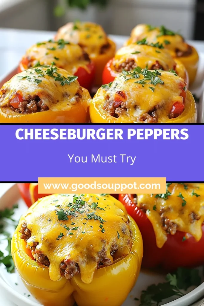Discover the deliciousness of cheeseburger stuffed peppers with this easy stuffed bell peppers recipe! Bursting with flavor from ground beef and gooey, cheesy goodness, these healthy stuffed peppers are perfect for a satisfying meal. In just 40 minutes, you can create cheesy stuffed peppers that will impress your family and friends. Try this recipe today and elevate your dinner game! Save it for later! #CheeseburgerStuffedPeppers #HealthyStuffedPeppers #StuffedBellPeppersRecipe #GroundBeefBellPeppers