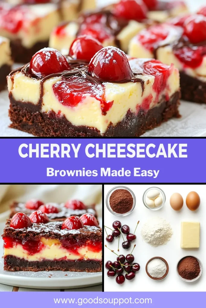 Indulge in these delicious Cherry Cheesecake Brownie Bars! This easy brownie dessert features a rich brownie base topped with a creamy cheesecake layer, swirled with cherry pie filling for the perfect cherry dessert bars. Discover this cherry cheesecake bars recipe that will impress your family and friends. Perfect for any occasion, these brownies with cheesecake layer are a must-try! Save this recipe now! #CherryCheesecakeBrownies #EasyBrownieDessert #CherryDessertBars #BrowniesWithCheesecakeLayer