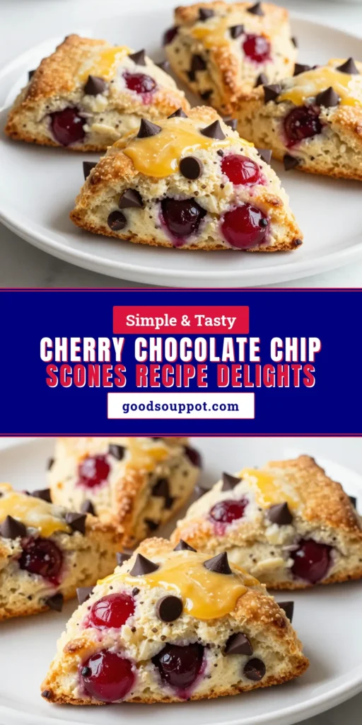 Indulge in the deliciousness of homemade cherry chocolate chip scones! This easy scone recipe is perfect for any occasion, featuring fresh cherries and rich chocolate for a delightful flavor. Baking fresh scones has never been simpler with our step-by-step guide. Treat yourself and your loved ones to these delightful cherry scones with chocolate. Save this recipe for your next baking day and impress your friends! #CherryScones #BakingFromScratch #SconeRecipe #DessertRecipes