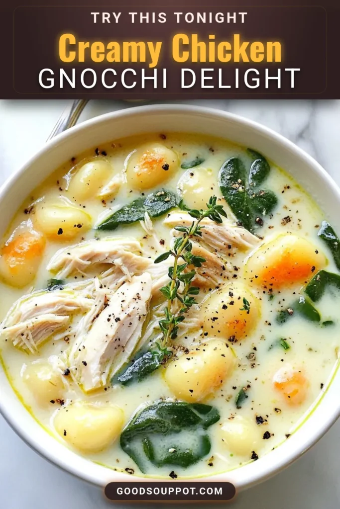 Indulge in this delicious Creamy Chicken Gnocchi Soup, your go-to comfort food recipe! This easy chicken gnocchi soup recipe combines tender veggies, shredded chicken, and fluffy gnocchi in a rich, creamy broth. Perfect for chilly nights, this homemade gnocchi soup is ready in just 30 minutes. Discover how to recreate this heartwarming dish and be sure to save it for later! #CreamyChickenGnocchiSoup #ChickenGnocchiSoupRecipe #ComfortFood #EasyCreamySoup