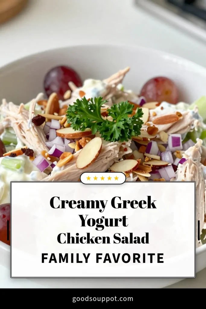 Discover a delicious and healthy twist on a classic dish with this Greek yogurt chicken salad! This easy chicken salad with Greek yogurt is not only low-carb but also packed with flavor, making it the perfect Mediterranean chicken salad recipe. Toss together cooked chicken, Greek yogurt, crunchy celery, and grapes for a refreshing meal. Ideal for lunch or a light dinner. Try this healthy chicken salad recipe today and save for later! #GreekYogurtChickenSalad #HealthyEating #LowCarbRecipes #MediterraneanDiet
