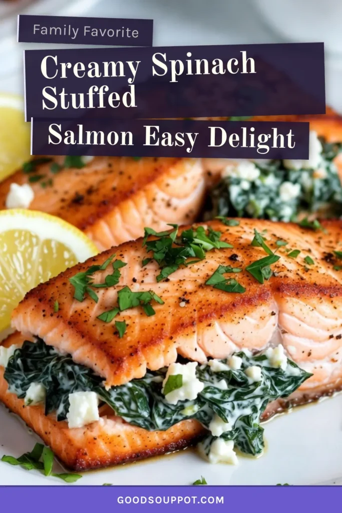 Discover the deliciousness of Creamy Spinach Stuffed Salmon with this easy and healthy salmon stuffed recipe! Packed with creamy feta and fresh spinach, this impressive yet simple dish makes for the perfect easy salmon dinner. Ideal for weeknight meals or special occasions, your family will love this mouthwatering Spinach Stuffed Salmon Recipe. Save this recipe for a delightful twist on classic salmon tonight! #CreamySpinachStuffedSalmon #SalmonRecipe #HealthyDinner #EasyRecipes