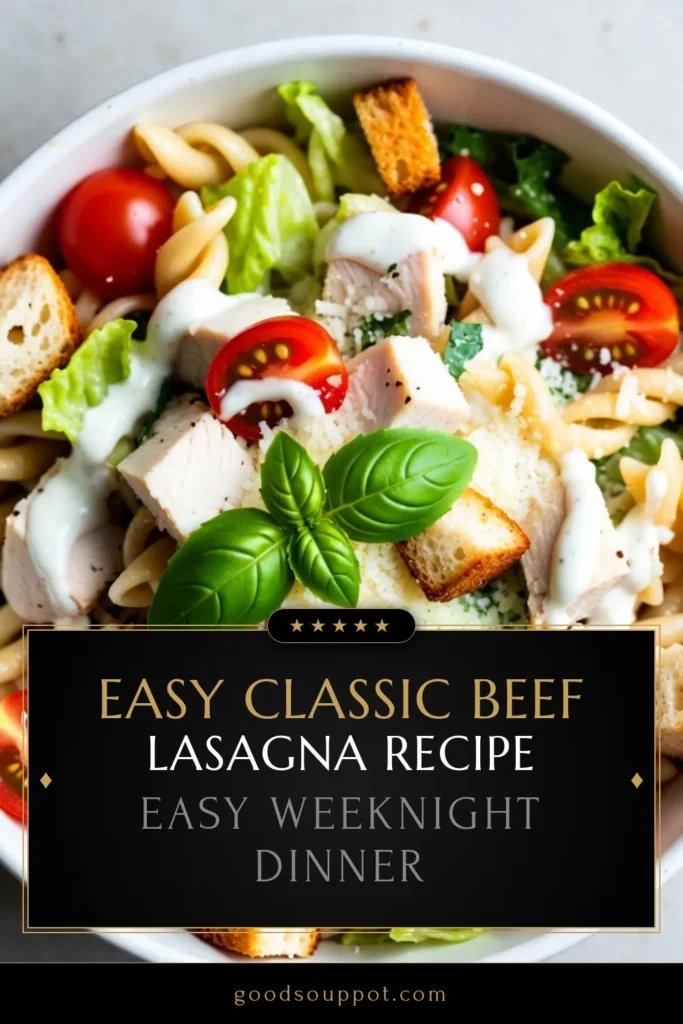 Looking for a quick and delicious meal? Try this Chicken Caesar Pasta Salad! This easy pasta salad recipe combines rotini pasta, tender chicken, fresh romaine, and zesty Caesar dressing for a healthy chicken salad that's perfect for any occasion. Enjoy the crunchy croutons and grated Parmesan in this Caesar dressing pasta dish. Ready in just 30 minutes, your family will love it! Save this recipe now! #ChickenCaesarPastaSalad #EasyPastaSaladRecipe #HealthyChickenSalad #RotiniChickenSalad