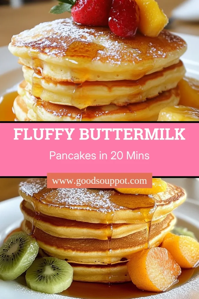 Discover the ultimate buttermilk pancakes recipe that guarantees fluffy pancakes every time! This easy breakfast idea is perfect for weekend mornings or a quick homemade breakfast from scratch. Follow this simple fluffy pancake recipe and customize with the best pancake toppings like maple syrup and fresh fruit. Get ready to impress your family with this delicious treat! Click to save and whip up a stack today! #ButtermilkPancakes #FluffyPancakes #EasyBreakfastIdeas #HomemadePancakes
