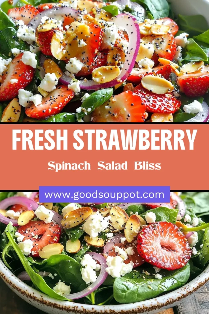 Enjoy a refreshing Strawberry Spinach Salad that’s perfect for summer! This delightful strawberry salad recipe features fresh spinach, juicy strawberries, crumbled feta, and crunchy almonds, all drizzled with a homemade poppyseed dressing. It’s a healthy summer salad that’s easy to make and bursting with flavor! Try this spinach salad with feta for a delicious side dish or light meal. Save this recipe for your next gathering! #StrawberrySpinachSalad #HealthySalad #SummerRecipes #PoppyseedDressing