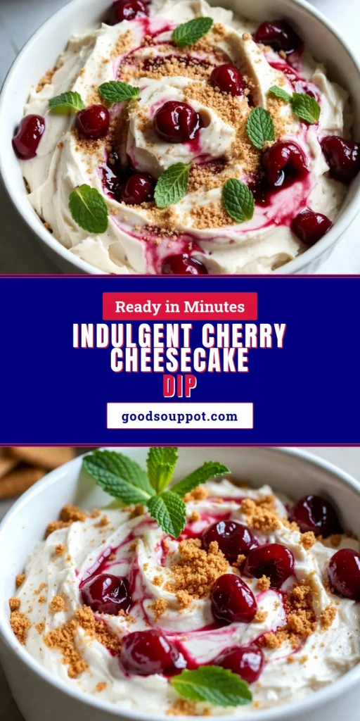 Indulge in the delightful flavors of this Cherry Cheesecake Dip, a no-bake cheesecake dip recipe that's perfect for any gathering. This easy cherry dessert combines cream cheese with luscious cherry pie filling for a party dip that's sure to impress. Simply whip it up in minutes and serve with graham crackers or fruit. Elevate your dessert game today! Save this recipe for your next celebration! #CherryCheesecakeDip #NoBakeDessert #PartyDipRecipes #EasyDessert