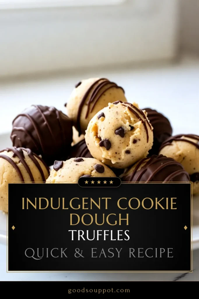 Indulge in homemade cookie dough treats with these irresistible Chocolate Chip Cookie Dough Truffles. This no-bake cookie dough truffles recipe is perfect for satisfying your sweet cravings. Made with simple ingredients, these easy chocolate truffles come together in just an hour! Perfect for parties or a treat for yourself, they’re a must-try! Save this delicious dessert today! #CookieDoughTruffles #NoBakeDesserts #EasyRecipes #HomemadeTreats