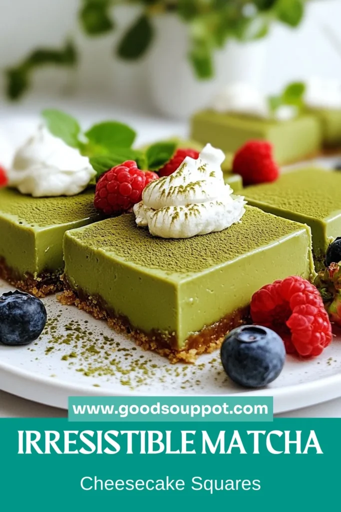 Indulge your senses with this easy matcha cheesecake recipe, featuring creamy green tea cheesecake squares that are perfect for a no-bake matcha dessert! These matcha dessert ideas will impress your guests and satisfy any sweet tooth. Enjoy the delightful combination of a crunchy graham cracker crust and luscious matcha filling. Ready to make these easy cheesecake bars? Click for the full recipe and save for later! #matchacheesecake #dessertrecipe #greenteadessert #cheesecakebars