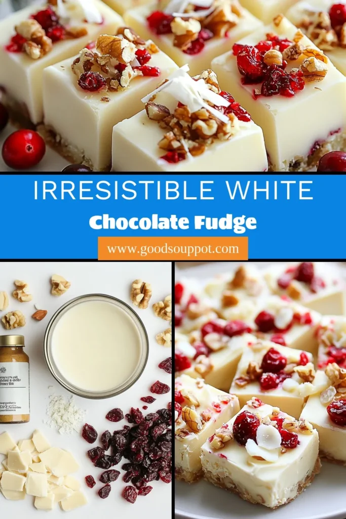 Indulge in this easy fudge recipe featuring white chocolate cranberry fudge that’s perfect for your holiday dessert ideas! With creamy white chocolate, tart cranberries, and crunchy nuts, these festive treats are sure to impress. Make this delightful white chocolate recipe in just 15 minutes of prep time and enjoy a delicious treat with family and friends. Don’t miss out—save this recipe for your holiday gatherings! #WhiteChocolateCranberryFudge #EasyFudgeRecipe #FestiveTreats #HolidayDesserts