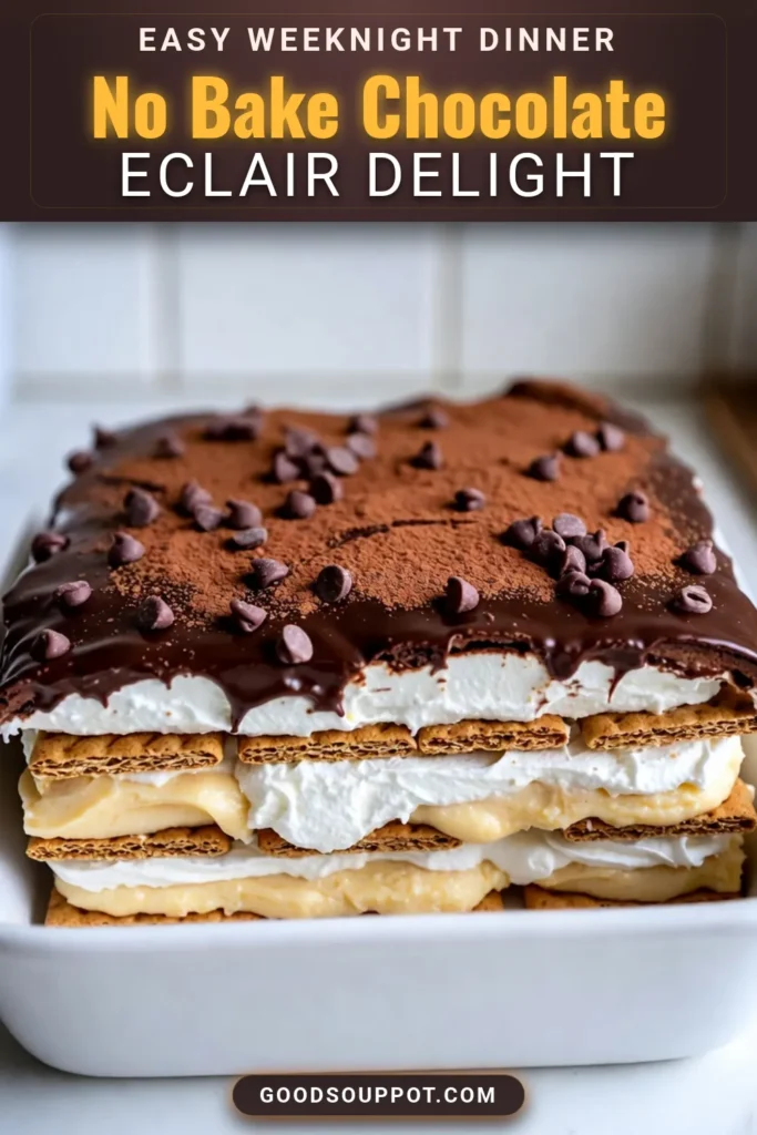 Indulge in this No-Bake Chocolate Éclair Cake, the ultimate easy chocolate dessert that will wow your guests! This delicious graham cracker dessert recipe features layers of creamy instant pudding cake topped with a rich chocolate glaze. Perfect for any occasion, it's a must-try! Follow the simple steps and create a treat that everyone will love. Save this recipe for later and get ready to impress! #NoBakeChocolateEclair #ChocolateDessert #GrahamCrackerDessert #InstantPuddingCake