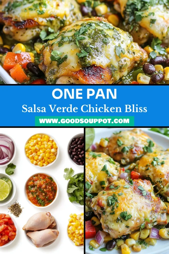 Discover the deliciousness of one-pan salsa verde chicken - a perfect easy chicken skillet recipe for busy weeknights. This baked chicken with salsa verde combines juicy chicken thighs with corn, black beans, and zesty spices for a healthy chicken dinner you’ll love. Quick weeknight meals have never been easier! Try this recipe today for a flavorful family dinner. Save it now! #OnePanMeals #HealthyDinner #QuickRecipes #SalsaVerdeChicken