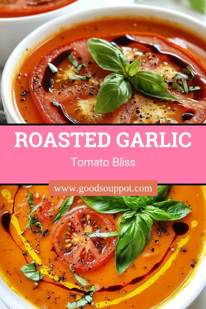 Discover the ultimate comfort food with this savory roasted garlic tomato soup! This homemade tomato soup recipe combines roasted garlic, fresh tomatoes, and basil for a rich flavor. Enjoy a creamy tomato soup with basil that's perfect for any season. Plus, it's a vegan roasted tomato soup option for everyone to enjoy. Warm up your day and save this recipe for later! #TomatoSoup #VeganRecipe #ComfortFood #HomemadeSoup